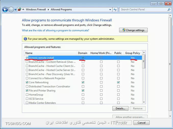 بعد از نصب و راه اندازی Acronis backup advanced و تعین جائی برای ذخیر سازی اطلاعات قدم بعدی Deploy کردن Agent بر روی Client/Serverها می باشد.
! قبل از شروع چند نکته را بخاطر بسپارید :
--
* گاهی وقتا UAC باعث عدم نصب Componentها از راه دور می شود. برای غلبه بر این مشکل بصورت موقت UAC را غیرفعال کنید.
* برای نصب Acronis Agent بر روی remote computer باید پورت 445 و 9876 و 25001  بر روی Firewall باز باشد. با فعال کردن  File and Printer Sharing پورت 445 بصورت اتومات بر روی Firewall باز می شود.
* قابلیت Use simple file sharing باید بر روی Windows XP and Windows server 2003 غیرفعال باشد.
* می توانید با استفاده از Group Policy پورت 25001 را بر روی همه firewallهای Client/Serverها بصورت exceptions باز کنید. از مسیر زیر استفاده کنید:
<ltr>
Administrative Templates -> Network -> Network Connections -> Windows Firewall -> Domain Profile -> Windows Firewall: Define inbound port exceptions
<ltr>
و پارامتر آن را بصورت زیر اضاف کنید:
<c#>
25001:tcp:*:enabled:Acronis remote install
9876:tcp:*:enabled:Acronis remote install
<c#>
||http://tosinso.com/files/get/9395539a-18ce-451e-8d6e-95f968a3ede9||
بعد از آماده سازی مراحل اولیه می توانید دست بکار شوید
بوسیله Console Management به Management Server وصل شوید و از منوی :
||http://tosinso.com/files/get/d83b2fd8-f3ae-4be7-8eb2-774ec24d817e||
گذینه بالا را انتخاب کنید
||http://tosinso.com/files/get/159ea00e-21ea-4fcb-9a4f-b8f0d6eda9d0||
گذینه های آن آسان می باشد و نیازی به تعریف نیست. طبق معمول من گذینه From Active Directory را کلیک و کامپیوترهای که می خواهم را اضافه می کنم.
||http://tosinso.com/files/get/83e053ce-9e54-49a7-b09e-c395f1d8e8fa||
نکته : برای اضافه کردن این دو باید اکانتی را انتخاب کنید که مجوز مدیریتی بر روی کامپیوترهای بالا را داشته باشد.
||http://tosinso.com/files/get/2793a366-9698-4469-a0a6-90da135a3b3a||
اینجا میگه چه Componentی می خواهید بر روی این کامپیوترها نصب کنید؟؟؟ که ما فقطagent for Windows  را انتخاب و Next
||http://tosinso.com/files/get/62d1e975-7361-4d69-8da7-1376c99537d1||
اینجا میگه باید یک License Server معرفی کنید. من همه این Componentها را بصورت آزمایشی نصب می کنم.
||http://tosinso.com/files/get/de768cbb-750e-48a1-955a-97b4640c7723||
همان بحث تکراری Machine account service می باشد که من یک User از پیش تعریف شده برای اینکار در نظر گرفتم. 
Next, next and Proceed
بعد از اتمام نصب باید کامپیوترها را به Management Server اضاف کنید (قائدتا بعد از نصب باید بصورت اتومات به سرور add بشن ولی این برنامه اینطوریه)
از منوی 
||http://tosinso.com/files/get/92696a1c-a71f-4625-b9da-45645f99157f||
را انتخاب و کامپیوترهای قبلی را دوباره انتخاب 
||http://tosinso.com/files/get/cc13c372-5966-4e98-8402-08380552ee2e||
||http://tosinso.com/files/get/e3a68b06-01a9-4f67-908c-132af5d04af6||
در انتهای این آموزش به این نکته هم اشاره کنم. وقتی شما قابلیت  Management Web-baseرا بر روی Management Server نصب و کانفیگ کرده باشید می توانید از هر جای شبکه با وارد کردن ادرس Management Server و پورت آن به Management Web-base وصل و Component مناسب را بر روی آن Client/Server نصب کنید:
||http://tosinso.com/files/get/e18940a6-08e6-4761-b6aa-97fbf1d0145e||
--
موفق و پیروز باشید 

نویسنده: احمد جهلولی 
منبع: |جزیره راهکارهای ذخیره سازی اطلاعات وب سایت توسینسو ::https://tosinso.com/virtualization|
نشر و کپی برداری، صرفاً با ذکر نام نویسنده و منبع مجاز می باشد. 
