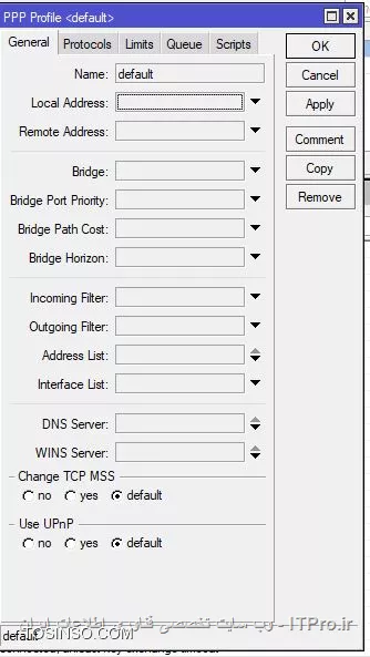 اگر با PPPoE Client به مودم ارتباط داری از قسمت Profile برین به default و در سربرگ جنرال Change TCP MSS  و بزارین روی default و OK کنید 
از قسمت کانکشن PPPoE هم پروفایل و بزارید روی حالت  default .
||https://network.tosinso.com/files/get/939c78c6-d00c-4390-bd21-f72071829e2c||||https://network.tosinso.com/files/get/f7d6db5e-a0f5-4c37-a9ca-7590b4ebbd9a||||https://network.tosinso.com/files/get/88d54417-129b-469a-9554-8227cc4b67ac||