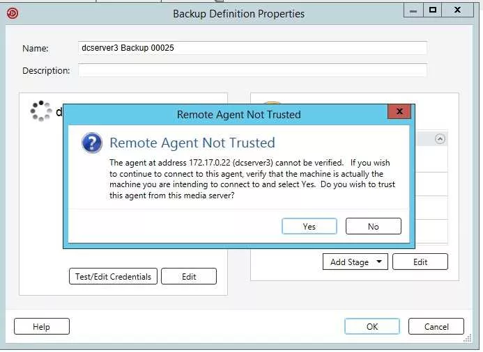 سلام وقت بخیر
داخل نرم افزار Backup Exec 16 میخوام برروی DC Server بکاپ بگیرم اما هربار که باز میکنم پیغام Remote Agent Not Trusted میده که بعد از Trust کردن باز هم این گیغام رو میده و بکاپ نمیگیره
||https://tosinso.com/files/get/93f1958a-13c0-4e4a-82e6-3c1b3d002ab1||