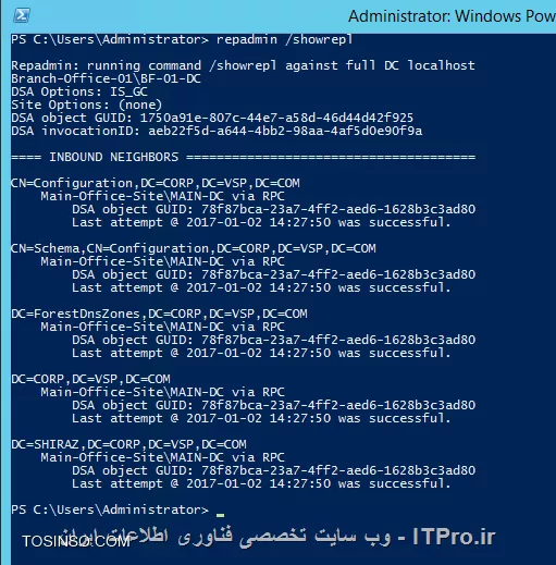 چند روز پیش |سناریوی::http://network.tosinso.com/discussions/60646/%D9%85%D8%B4%DA%A9%D9%84-%D8%B9%D8%AC%DB%8C%D8%A8-replication-%D8%A8%DB%8C%D9%86-%D8%B3%D8%A7%DB%8C%D8%AA%D9%87%D8%A7-%D9%85%D8%AE%D8%AA%D9%84%D9%81!!!!!!| که در دنیای واقعی بیشتر با آن رو به رو شده ایم را در این انجمن مطرح کردم که بنا به دلایلی کسی رغبت به حل یا ارائه یک سولوشن مناسب دراین سناریو نداشته است. من هم بخاطر این جمله معروف *می نویسم تا همه بخوانند؛ شاید کسی چیزی یاد بگیرد و یا استادی اشتباه مرا بگیرد*. تصمیم گرفتم طبق Best Practice های مایکروسافت پیش برم و یک سولوشن مناسب برای این سناریو معرفی کنم. نکته: این مقاله در دست تعقیر می باشد. در صورت دادن یک سولوشن مناسب (با دلیل و لینک) سولوشن شما جایگزین می شود.

!! و اما سناریو:

||http://tosinso.com/files/get/436fa7bf-5c38-4326-9327-3923b73c48c7||

به تازگی شرکت ما سه شعبه دیگر با آن اضافه شده است تیم IT بعد از طراحی و پیاده سازی ساختار را بدین شکل پیاده سازی کرده اند:(همه دلایل فنی در نظر گرفته شده است) در سایت اصلی و Branch office -02 ما DC های از نوع WRDC داریم ولی بخاطر نکات امنیتی یک RODC در Branch office -01 را اندازی کردیم. بعد از نصب و راه اندازی ساختار (اماده بودیم که ژست خدائی بگیریم که ما خدای بلا منازع شبکه و ..... هستیم که) دیدیم Replication بین Branch office 01 و Branch office -02 انجام نمی شود؟؟؟؟ سایت اصلی می تواند با Branch office-02 ریپلیکت کند و برعکس و همچنین Branch office-03 بدلیل تعداد کم یوزر (در حدود 7 تا یوز) DC وجود ندارد و مشکلی از این بابت نداریم. تنها مشکلی که داریم Branch office-01 نمی تواند با Branch office-02 ریپکلت کند!!!!!؟؟؟؟  ما را در یافتن این مشکل راهنمائی کنید؟ همچنین اگر مایل بودید نظر خود را درباب Branch office-03 بگوید در آنجا DCی نصب کنیم یا خیر (چگونه آن را طراحی کنیم دلیل مناسبی دهید که بتوان با مدیریت حرف زد و توپولوژی را تعقیر داد) جزئیات بیشتر:
<c#>
Forest Name= Corp.VSP.COM
Branch Office-02= Shiraz.Corp.VSP.Com
<c#>
* تمام سایتها از طریق یک لینک پر سرعت به هم دیگر وصل می باشند. 
* یوزرهای سایت 3 باید به منابع این سازمان درسترسی داشته باشند.
* ساختار بصورت Hup and Spock می باشد و شعبه های 1، 2 هیچگونه ارتباط با هم دیگه ندارند و تنها با سایت اصلی در ارتباط هستند.

از شعبه سوم (Branch office-03) شروع می کنیم:

برای این شعبه دو احتمال وجود داره:
# یوزرهای مهمی برای سازمان هستند. مانند کارشناسان- مدیر پروژه یا پرسنل امور حسابداری که به عنوان یک قطب برای این سازمان فعالیت می کنند.
# یوزرهای عادی می باشند که طبق وظیفه ای که دارند بطور ثابت در یک جا مستقر نیستند و گاهی وقتا در سایت اصلی یا سایت 2 فعالیت می کنند.

برای هر یک از این احتمالات سولوشن های جداگانه ای وجود دارد.

!! احتمال اول
چون این 7 یوزر کاربرهای مهمی هستند (زورشون زیاده با یک نامه به رئیس شما رو خفت می کنن :[)  باید سعی کنیم دسترسی آنها به منابع و... سریع و Stable باشد. پس در نتیجه ایجاد یک RODC و همچنین یک File سرور در این شعبه گذینه مناسبی می باشد. ولی هزینه راه اندازی این چند سرویس بر روی سرور و همچنین نگهداری از آنها می تواند هزینه آن سازمان را افزایش دهد. برای مسئله سرور هر چند می توان از PC Server و قابلیت مجازی سازی استفاده کرد که تا حدودی در هزینه صرفه جوئی شود. ولی مشکلی که PC ها دارند بعد از چند روز یا چند ماه فعالیت یک قطعه از آنها می سوزد ( چه فشار روی این سرور باشد چه نباشد) که در نتیجه PC Server گذینه مناسبی نمی باشد. شاید در این شرایط بتوان از MicroServer های HP استفاده کرد.

||http://tosinso.com/files/get/23d72acc-3bf5-418c-b214-a3ee4eb9e595||
<c#>
http://www.storagereview.com/hp_proliant_microserver_gen8_review
<c#>

اگر دسترسی و پایداری اطلاعات  برای آن 7 نفر مهم باشد و این امر با خریدن سرور به انجام می رسد حتما باید این مسئله را در جلسه ای که با مدیران آن سازمان ایجاد می شود مطرح کنید. اگر مدیریت با این هزینه توافق نکرد چی؟؟؟ سادس باید از روشها و قابلیتهای استفاده کنیم که خلع این سرور را پرکند و تا حدودی دسترسی به اطلاعات با سرعت زیاد وهمچنین  استفاده از امکانات سازمان را برای آنها فراهم کند.

!! Automatic Site Coverage process
معمولا DC ها مشخصات سایت خود و بقیه پرامترهای خود را در DNS ثبت می کنند (با استفاده از سرویس Net Logon و ثبت رکورد SRV متناسب) تا کلاینتها به DCهای سایت خودشان Log on کنند و خود را در ساختار احراز هویت کنند. اگر در سایتی DC ی وجود نداشته باشد DCهای سایت مقابل (نزدیکترین DCهای یک سایت بر اساس Cost مربوط به Site Link می شخص می شود) آمادگی خود را برای احراز هویت چنین کاربران بدون سرپرست و یتیم :/// ( سایتی که DCنداشته باشد) اعلام می کنند. در نتیجه کاربران سایت 3 می توانند به DC های سایت دو متصل و احراز هویت شوند. به این روش automatic site coverage می گویند.
<c#>
Sites Sites Everywhere…
https://blogs.technet.microsoft.com/askds/2011/04/29/sites-sites-everywhere/

<c#>
!! Offline Domain Join (Djoin.exe)
اگر لینک ارتباطی سایت 3 با سایت 2 کم سرعت و ضعیف باشد می توان از قابلیت Offline join استفاده کرد. و آنها را عضو Domain کرد.
<c#>
 Offline Domain Join (Djoin.exe) Step-by-Step Guide
https://technet.microsoft.com/en-us/library/offline-domain-join-djoin-step-by-step(v=ws.10).aspx

<c#>
تا اینجا تونستیم این 7 کاربر را عضو دومین کنیم. شاید یکی بپرسه چه لزومی داره این 7 کاربر عضو دومین باشن؟؟؟ اگر کاربری نتواند Session Ticket ی که در پروسه Kerberos هستش دریافت کند نمی تواند به منابع آن سازمان دسترسی داشته باشد.(آن سازمان دسترسی ها را بصورت متمرکز و فقط برای کاربران Active Directory ست کرده اند)   مسئله بعدی دسترسی کاربران سایت 3 به فایلهای سازمانی بر روی سایت 2 یا سایت 1 چگونه می باشد؟؟؟ این مسئله را چگونه حل کنیم؟؟؟؟ بازم سادس استفاده از قابلیت BranchCache!!!!!! 
<ltr>
!! BranchCache
--
<ltr>
این قابلیت باعث می شود کلاینتها به فایلهای که در سایتهای  دیگری میزبانی میشوند استفاده و کش کنند. این روش دومزیت دارد:

* دسترسی سریع به منابع.
* بهینه سازی ترافیک بین سایت 3 و سایت 2
<c#>
BranchCache™ is designed to reduce WAN link utilization and improve application responsiveness for branch office workers who access content from servers in remote locations. Branch office client computers use a locally maintained cache of data to reduce traffic over a WAN link.
<c#>
BranchCache در دو مد ارائه شده:
<c#>
# Distributed Cache mode
# Hosted Cache mode
<c#>
در مد Distributed Cache mode اگر یکی از کاربران فایلی از فایل سرور که در سایت 2 می باشد دریافت کند، آن فایل را کش می کند و اگر کاربر دیگری آن فایل را نیاز داشت آن را از آن کلاینت قبلی دریافت می کند و نیازی نیست آن را مستقیما از فایل سرور دانلود کند.

||http://tosinso.com/files/get/fcc11776-bf44-48c8-97ec-ed58180f5386||

ولی در مد Hosted Cache mode ما نیاز به یک سرور داریم که محتویات دانلود شده از شعبه اصلی در آن ذخیره می شود و کاربران از آن سرور استفاده می کنند. 

||http://tosinso.com/files/get/2b8138df-81a0-4595-9ef3-51f3cae86674||

ما در این سناریو از مد Distributed Cache mode استفاده می کنیم که خیلی کارآمد و مناسب می باشد. همچنین مایکروسافت برای چنین محیطهای آن را توصیه می کند:
<c#>
For branch offices with fewer than 50 users, BranchCache can be configured in Distributed Cache mode.

BranchCache in Windows 7 and Windows Server 2008 R2 Overview

https://technet.microsoft.com/en-us/library/dd755969(v=ws.10).aspx

<c#>
فرض کنید این 7 کاربر یک برنامه حسابداری یا مالی یا هر چیز دیگری دارند که باید به آن دسترسی داشته باشند. این مشکل را چگونه حل کنیم!!!؟؟ برای این مشکل هم راه حلهای وجود دارد مانند استفاده از قابلیت Remote App

!! Remote App
فکر کنم همه یک اشنائی جزئی یا کامل از این قابلیت داشته باشند. Remote App باعث میشه کاربران سایتهای دیگر یک برنامه وب بیس را از روی سروری بر روی کامپیوتر (کنسول) خود فراخوانی کنند و از آن استفاده کنند. 
<c#>
RemoteApp enables you to make programs that are accessed remotely through Remote Desktop Services appear as if they are running on the end user's local computer.

Overview of RemoteApp

https://technet.microsoft.com/en-us/library/cc755055(v=ws.11).aspx

<c#>
ولی مسئله خریدن لایسنس برای هر RDP Session می تواند مانع شود از این سرویس استفاده کنیم. و مجبوریم از برنامه های دیگری استفاده کنیم که بتوان لایسنس آنها را دور زد. (فقط شانس بیارم مقالم حذف نشه ://) یکی از بهترین برنامه های که در این زمینه میشه استفاده کرده برنامه  TSPlus می باشد.

||http://tosinso.com/files/get/e6fbdacd-1cdd-4837-b68e-447662e6f477||

از مهندس اسحاقی عزیز تشکر می کنم که این برنامه جالب و قدرتمند را معرفی کردند. برای این موضوع شاید انتخابهای زیادی وجود داشته باشه مثل XenApp and XenDesktop و ... ولی تمام این قابلیتها بستگی به این دارد که آن برنامه مالی وب بیس باشد و با چنین تکنولوژی های همخوانی داشته باشد. تا اینجا ما راه حلهای که مناسب شعبه سوم هستش را مطرح کردیم. اگر برای این شعبه شما سولوشن بهتری سراغ دارید خوشحال میشم در قسمت نظرات آن را اعلام کنید. بریم سر بحث Replication سایت 1 و سایت 2 :

مشکلی که وجود داشت عدم Replication شدن اطلاعات بین DC های سایت 1 و 2 بود. در ابتدا بگم که موضوع Replication هیچ ربطی به RODC سایت 1 ندارد چون RODC یک Replica از اطلاعات DC دیگر می باشد و همیشه تعقیرات را از Partner خود دریافت می کند و بر روی RODC هیچگونه تعقیری ایجاد نمی شود که لزومی داشته باشد بقیه DC با آن Replicate کنند.در سناریوی فوق وقتی تعقیری بر روی DC های سایت 2  انجام شود این تعقیرات به DC های سایت اصلی Replicate می شود. و در آخر RODC این تعقیرات را از Partner خود دریافت می کند. 

خروجی دستور repadmin //showrepl  بر روی RODC : 

||http://tosinso.com/files/get/c5aa307b-d9a4-456c-b80e-6769131f5284||

خب الان فرض کنید بجای RODC در سایت 1 یک دومین با نام 
<c#>
Mahshaher.Corp.VSP.Com 
<c#>
داشته باشیم. ایا الان این سه دومین می توانند با هم دیگر Replication کنند؟ جواب خیر می باشد. با تنظیمات پیش فرض، Replication بین سایت 2 و سایت 1 به هیچ وجه انجام نمی شود. و ما مجبوریم قابلیت Bridge All site link را بر غیرفعال کنیم (not full route)  برای اطلاع بیشتر درباره Bridge Site Link مقاله زیر را مطالعه کنید: (بیشتر تنظیمات این قسمت را در لینک زیر توضیح دادم)

|مقاله: چیزهای که باید در مورد Replication در ساختار Directory Service بدانید::https://tosinso.com/articles/34937/%d9%86%da%a9%d8%a7%d8%aa-%d9%85%d9%87%d9%85-%d8%af%d8%b1-Replication-%d8%a7%da%a9%d8%aa%db%8c%d9%88%d8%af%d8%a7%db%8c%d8%b1%da%a9%d8%aa%d9%88%d8%b1%db%8c-%da%a9%d9%87-%d8%a8%d8%a7%db%8c%d8%af-%d8%a8%d8%af%d8%a7%d9%86%db%8c%d8%af|

نمونه ای از تنظیمات AD Site and Service برای این سناریو:
||http://tosinso.com/files/get/3728e954-51f1-490f-a632-7d5f0182ac0b||
خروجی دستور repadmin /showrepl  بر روی DC های سایت اصلی:
||http://tosinso.com/files/get/0d988e4c-fd7b-4706-afc2-fb10259498bf||
خروجی دستور repadmin /showrepl  بر روی DC های سایت 1:
||http://tosinso.com/files/get/9406a571-fdf8-4a42-a7b1-7276581987dc||
خروجی دستور repadmin /showrepl بر روی DC های سایت 2:
||http://tosinso.com/files/get/81c3cfaf-8198-4408-8c2e-aa4a00920010||
همچنین ارتباطات Replication را توسط ابزار Active Directory Replication Status Tool تست کردم. این ابزار را می توانید ازلینک زیر دانلود کنید:
<c#>
https://www.microsoft.com/en-us/download/details.aspx?id=30005
<c#>
این ابزار را بر روی DCهای سایت 2 تست کردم و Destination DC را DC های سایت دو انتخاب کردم. نتیجه را با هم دیگه ببینیم:
||http://tosinso.com/files/get/1aa70d81-2a91-4860-a501-6a52aa0b4935||
توانست Domain Partition مربوطه به Mahshaher.corp.vsp.com را از طریق DC های سایت اصلی بدست آورد. 

* نکته: هر DC فقط و فقط Domain Partition خود را نگهداری می کند و آن را بین DC های همان دومین Replicate می کند. ولی DC های که نقش Global Catalog بر روی آنها فعال علاوه بر Domain Partition خود نیاز به Domain Partition های دیگر دومینها دارند. 

اجازه دهید این سناریو را با یک سوال تمام کنم. اگر در سایت 3 ما یک Domain داشته باشیم جریان Replication بین این سایتها چگونه می باشد؟ ایا نیاز به تعقیر تنظیمات هست یا نه؟
در آخر از مهندس اسحاقی و بهزادی عزیز کمال تشکر را دارم که مرا در حل این سناریو یاری کردن. 

موفق و پیروز باشید.
نویسنده: احمد جهلولی
منبع : |جزیره سرویس های شبکه مایکروسافت وب سایت توسینسو::https://tosinso.com/microsoft|
هرگونه نشر و کپی برداری بدون ذکر منبع و نام نویسنده دارای اشکال اخلاقی است