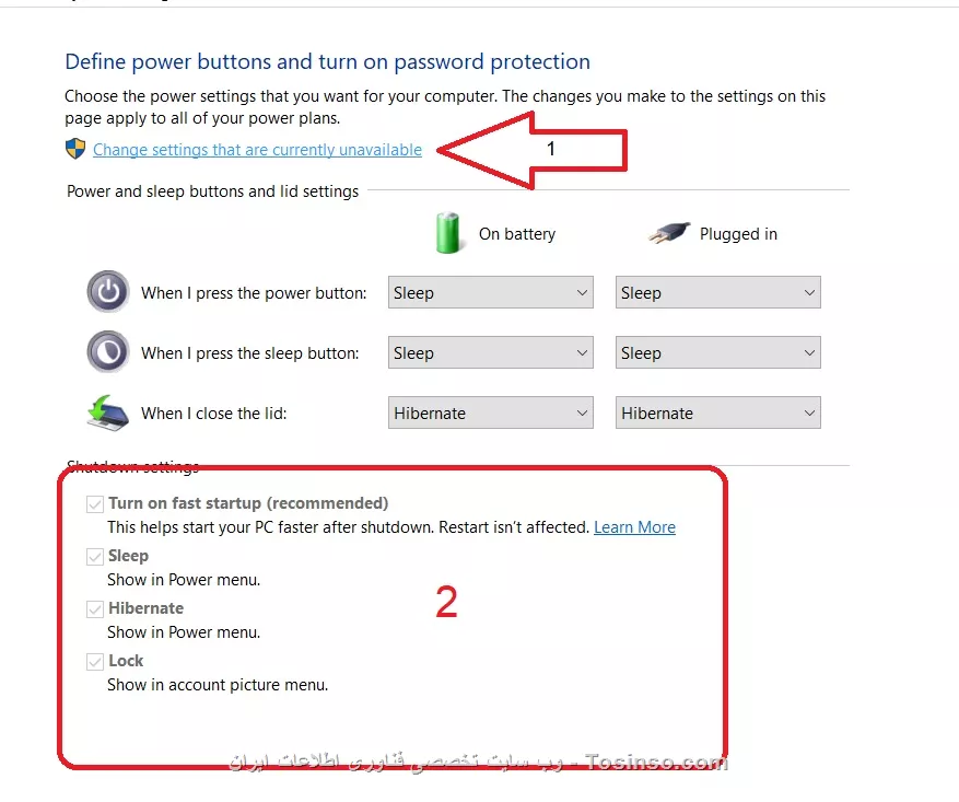 سلام
کنترل پنل رو باز کنید و Power option رو انتخاب کنید یا سرچ کنید power Option بعد از باز شدن از سمت چپ این پنجره گزینه ای که تو عکس مشخص کردم رو بزنید.
||https://network.tosinso.com/files/get/0fccff8a-9212-46fa-8739-aac95da43c18||

سپس

ابتدا مرحله یک بعد مرحله 2 رو انجام بدین و نتیجه رو اعلام کنید.
||https://network.tosinso.com/files/get/951fbb25-3c8c-423a-98cc-d70aea331618||