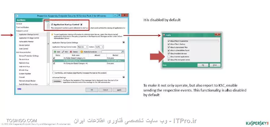 !! مد های Control 
یکی از این دسته مد ها به نام  Application Startup Control است که به صورت پیش فرض در Endpoint کسپرسکی با سرویس پک 1 غیر فعال است . یکی از این دلایل غیر فعال بودن برنامه برای این است که برنامه های اجرایی اطلاعات خودشان را ارسال نکنند بنابراین لازم است که مدیر شبکه قبل از تنظیمات آن را فعال کند . این ابزار برای ایجاد مد های Black list و White list استفاده می شود ، رول های این ابزار دارای پارامتر های زیر هستند :

- Category : یک Application Category را در بخش کسپرسکی سرور ایجاد می کند 

- Trusted updaters : تمامی دسته بندی برنامه ها را به صورت یک اپدیت کننده Trust انجام می دهد 

||https://tosinso.com/files/get/bb21b7fe-a58c-4a5a-aaf6-dfb85aad0658||

||https://tosinso.com/files/get/f7d39323-bfb4-49f5-a01c-1489acf11959||


- Trusted updaters : اگر این رول را فعال کنید در هنگام نصب برنامه ها همراه با بروزرسانی های معتبر انجام شده حتی اگر ان برنامه ها بلاک شده باشند و به صورت پیش فرض این رول فعال است 

- Golden Image : شامل برنامه های اجرایی و فایل های ضروری آنها برای اجرا در سیستم عامل است این فایل ها توسط سیستم عامل پشتیبانی می شوند و برنامه هایی استاندارد هستند . KES قادر است تا جلوی بلاک شدن آنها به صورت تصادفی را بگیرد 

- نحوه یافتن فایل های بلاک شده و ممنوعه 

برای مشاهده این رول ها می توانید از بخش Statistical analysis استفاده کنید و در بخش پالیسی KES لیست برنامه های Startup control را می شود مشاهده کرد . 

||https://tosinso.com/files/get/95650b18-dc1f-46e2-afc2-5e1af15de213||

||https://tosinso.com/files/get/d6f167a8-f3b5-4638-93fd-a8aeab8f7ee8||

||https://tosinso.com/files/get/e2a53e60-d844-4105-afe6-d7321d5bcf6c||

- مشاهده لاگ ها

لاگ های Application Startup به صورت 7 روز نگهداری می شوند و شامل Application startup blockage messege to administrator هست این لاگ ها به صورت 5 نوع عمده هستند :

- برنامه هایی که ممنوع هستند 

- برنامه هایی که بلاک شده اند توسط مدیر شبکه 

- برنامه هایی که به صورت مد آزمایشی ممنوع شده اند 

- برنامه هایی که به صورت مد آزمایشی اجازه داده شده اند 

||https://tosinso.com/files/get/0ad67a26-c0b8-4400-a631-e0a667c1048b||

||https://tosinso.com/files/get/da5e8d42-8d6f-4595-a68d-a6b6149d3f9b||

||https://tosinso.com/files/get/12a6a80e-b035-45a6-90bf-2e69dda056b6||

نویسنده : سید احمد توسلی
منبع : |جزیره امنیت اطلاعات و ارتباطات وب سایت توسینسو::https://tosinso.com/security|
هرگونه نشر و کپی برداری بدون ذکر منبع و نام نویسنده دارای اشکال اخلاقی است

