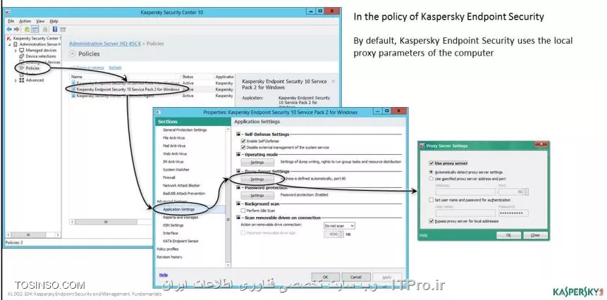 !! پراکسی سرور برای Administration Server 
ممکن است شما بخواهید از پراکسی سرور برای بروزرسانی Administration Server استفاده کنید ، این ویژگی به صورت پیش فرض فعال نیست و باید آن را ایجاد کنید :

- در Administration Server پراپرتیس را بزنید و وارد تب Advanced / Configuring Internet access شوید 

- ادرس سرور پراکسی و پورت و نام کاربری و پسورد برای احراز هویت را وارد کنید 

||https://tosinso.com/files/get/5a70ba42-ed01-4e60-a8df-a6dc1d1391aa||

بروزرسانی Agent نیز به صورت دستی و هم به صورت خودکار انجام می شود برای اینکه بروزرسانی خودکار را غیرفعال کنید :

-  در بخش  Administration Server پراپرتیس را بزنید و وارد بخش باز کنید Update Agents شوید 

- چک باکس Assign update agents automatically را بردارید 

حالا مدیر شبکه می تواند Agent را دستی بروزرسانی کند . 

||https://tosinso.com/files/get/95a43d7c-5578-4470-b08e-a53a74c71fd1||


- کامپیوتر هایی که از KSN خارج شده اند  

چنانچه Endpoint کسپرسکی دستری به KSN نداشته باشد ، باید بررسی شود که Administration Server در بخش وضعیت KSN Server غیر فعال شده یا خیر ، این وضعیت در صفحه Monitoring قابل مشاهده نیست به صورت پیش فرض اتصال سرویس ها با پورت TCP - 13111 انجام می شود ، در صورت عدم دسترسی موارد زیر را بررسی کنید :

- پراپرتیس Administration Server را بزنید 

- به بخش KSN proxy Server / KSN proxy server statistics بروید 

- کلیک کنید روی Check KSN connection 

||اموزش پارسی کسپرسکی سرور 10 ::https://tosinso.com/files/get/a65a7bf9-ec35-4881-b2b0-3ba21f7d2cc7||

نویسنده : سید احمد توسلی
منبع : |جزیره امنیت اطلاعات و ارتباطات وب سایت توسینسو::https://tosinso.com/security|
هرگونه نشر و کپی برداری بدون ذکر منبع و نام نویسنده دارای اشکال اخلاقی است

