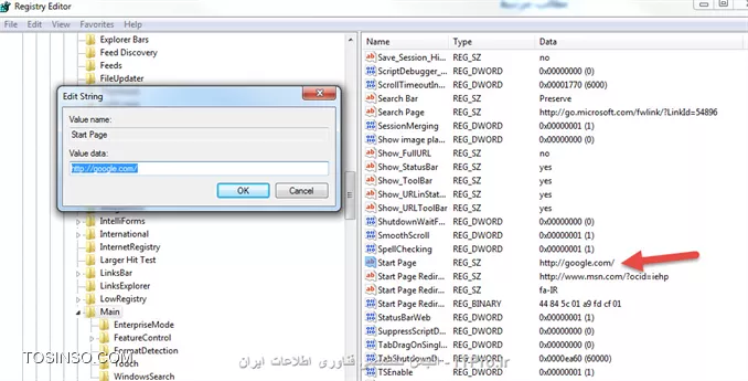 به آدرس های زیر در رجیستری رفته  و Start Page رو عوض کنید
<c#>
 HKEY_LOCAL_MACHINE\SOFTWARE\Microsoft\Internet Explorer\Main
HKEY_CURRENT_USER\SoftWare\Microsoft\Internet Explorer\Main\Start page
<c#>
||http://network.tosinso.com/files/get/96102c8e-21b9-4571-bdcc-c61986145c49||
احتمال داره شما یک افزونه یا تولبار اون سایت رو نصب کرده باشید که توی istall ویندوز نگاه کنید اگه هست پاکش کنید
شما تمام افزونه هات رو چک کن و اونایی که نمیشناسی و به دردت نمیخورن رو غیر فعال کن یا پاک کن درست میشه مطمئن باش ویروسی نشدی.