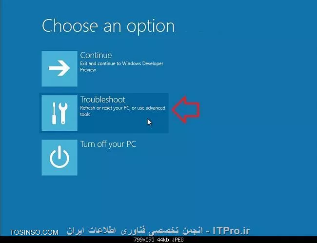 ! How to Open a Command Prompt at Boot in Windows 8
این آموزش به شما یاد خواهد داد در هنگام راه اندازی ویندوز 8 (بوت شدن) به خط فرمان دسترسی پیدا نمود 
ابتدا برای اینکه بدانید چطور میشود به بوت ویندوز 8 رسیر آموزش زیر را مطالعه فرمایید.
|راه های دسترسی به منوی بوت در ویندوز ۸::https://tosinso.com/articles/40116/%d9%85%d8%b9%d8%b1%d9%81%db%8c-3-%d8%b1%d8%a7%d9%87-%d8%af%d8%b3%d8%aa%d8%b1%d8%b3%db%8c-%d8%a8%d9%87-%d9%85%d9%86%d9%88%db%8c-%d8%a8%d9%88%d8%aa-%d8%af%d8%b1-%d9%88%db%8c%d9%86%d8%af%d9%88%d8%b2-%d9%87%d8%b4%d8%aa|

||http://tosinso.com/files/get/b134c13e-dc8e-450c-94c8-423c61ad8071||
||http://tosinso.com/files/get/4fafdbe0-4c91-4d4f-86dd-b31785cd5c3c||
1. مرحله 2 یا 3 را میتوانید استفاده کنید برای باز کردن خط فرمان (Command Prompt) در هنگام بوت.
2. ویندوز خود را از طریق DVD بوت کنید و یا میتوانید این بوت را توسط USB، و یا فایل ISO البته اگر در یک ماشین مجازی هستید انجام دهید
میتوانید از دو روش این کار را انجام دهید.

A) میتوانید دکمه های Shift + F10 را زمانی که در صفحه نمایش ویندوز نصب می باشد، استفاده کنید در این حالت میتوانید به مرحله 4 بروید یعنی پایان .
||http://tosinso.com/files/get/91ae7747-6f20-4ff7-8045-dcf464b62712||

*یا*

3. استفاده از بوت قسمت System Recovery Option که برای رسیدن به این حالت مسیر زیر را باید طی کنید 

A) کلیک کنید روی گزینه عیب یابی Troubleshoot (تصویر زیر را ببینید)
||http://tosinso.com/files/get/965ba071-8505-4bcb-85c8-6ca05bd3a816||

B) کلیک کنید روی گزینه پیشرفته Advanced options (تصویر زیر را ببینید)
||http://tosinso.com/files/get/f6a0396b-bf0a-4fc2-a4b8-721488433e4c||

C) کلیک کنید روی گزینه Command prompt. (تصویر زیر را ببینید)
||http://tosinso.com/files/get/7a35c91f-fade-43eb-b3c3-4b97f8b7984c||

D) در پنجره جدید باز شده لیستی از یوزر ها رو مشاهده میکنید که میتوانید روی administrator  یا یوزر مورد نظر کلیک کنید
توجه: اگر شما نمیخواهید از دی وی دی ویندوز 8 برای بوت کردن استفاده کنید حساب کاربر استاندارد و حساب های کاربری تحت Domain را نمیتوانید ببینید ولی چنانچه بوت شما از طریق F8 انجام شود میتوانید ببینید .
||http://tosinso.com/files/get/da8cf4f2-22fb-42e6-87bc-4ca6da427038||

E) روی یوزر کلیک کنید و پسورد را بزنید (تصویر زیر را ببینید)
||http://tosinso.com/files/get/9a77564c-5e10-4f00-884f-c0345668e80a||

4. Command Prompt با انجام کار های بالا در هنگام بوت باز خواهد شد.

|لینک منبع::http://www.eightforums.com/tutorials/2755-command-prompt-boot-startup-windows-8-a.html|

نویسنده : فرهاد خانلری 
منبع : انجمن تخصصی فناوری اطلاعات ایران 
هرگونه نشر و کپی برداری بدون ذکر منبع و نام نویسنده دارای اشکال اخلاقی می باشد 