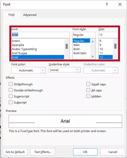 فونت استایل در ورد