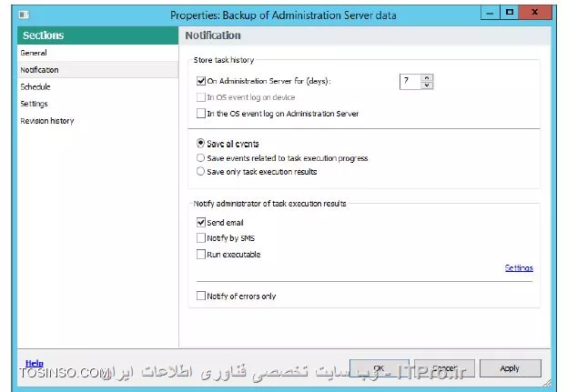 !! Back up , Restore Kaspersky Security Center 
در این آزمایش قصد داریم کپی از بک آپ  برای Kaspersky Security Center را انجام دهیم 

* ماشین های DC و Security-Center را روشن کنید 

* ماشین های Laptop - PC1 را روشن کنید 

- Security-Center 

1- وارد بخش Administration Console 

2- بر روی Tasks بروید 

3- انتخاب کنید تسک  Backup of Administration Server data

4- کلیک کنید روی Configure task 

||https://tosinso.com/files/get/b47bfc85-950a-4a62-b98b-b828f1aaeca6||

5- سوییچ کنید بر روی Settings 

||https://tosinso.com/files/get/b6c1b458-a901-42b9-934d-966701950c9a||

6- حالا مسیر بک آپ که %ProgramData%\KasperskySC\SC_Backup را بررسی کنید 

7- پسورد certificate سرور را root تعریف کنید 

||https://tosinso.com/files/get/900c3c92-22ad-40ec-8abb-625e5eaa838d||

8- وارد Notification شوید 

||https://tosinso.com/files/get/cc18312f-5cad-4d4a-94c8-62fd09dd377d||

9- چک باکس Send email فعال کنید 

10- بردارید چک باکس  Notify of errors only و OK کنید 

||https://tosinso.com/files/get/96ad709f-6bdf-449e-9f0e-60bf6f73ca1c||

11- حالا بر روی تسک backup گزینه Start را کلیک کنید 

||https://tosinso.com/files/get/eccae49e-6e07-41f1-aa3c-c9b8d643b3ed||

12- حالا پیامی با مضنون ری استارت شدن کسپرسکی سرور داده می شود و روی OK کلیک کنید 

||https://tosinso.com/files/get/fb2abbbe-5051-4343-8445-f134bf9fcc57||

نویسنده : سید احمد توسلی
منبع : |جزیره امنیت اطلاعات و ارتباطات وب سایت توسینسو::https://tosinso.com/security|
هرگونه نشر و کپی برداری بدون ذکر منبع و نام نویسنده دارای اشکال اخلاقی است