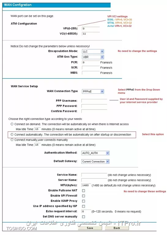 ||http://hardware.tosinso.com/files/get/b73802f4-f328-469f-a084-ea76cfd0acd5||
آی پی 192.168.1.2 رو به کارت شبکه سیستمت بده : برای این منظور دستور ncpa.cpl رو در RUN وارد کن و روی Local Area Connection راست کلیک کن و Propertice رو بزن و قسمت tcp/ip version 4 رو دابل کلیک کن و آی پی 192.168.1.2 رو وارد کن سپس subnet mask خودش پر میشه و OK کن.
در CMD دستور ping 192.168.1.1 رو وارد کنید مطابق تصویر زیر پیام reply میده این یعنی شما به مودم وصل شدید
||http://hardware.tosinso.com/files/get/8472cdf4-20db-49f5-b80f-6987b0577129||
آی پی مودم شما همونطور که در تصویر پیدا هست 192.168.1.1 هست برای اینکه به مودم وصل شید مرورگرتون رو باز کنید و همین آدرس زیر رو وارد کنید
<c#>
 http://192.168.1.1
<c#>
یوزر و پسورد خواسته شده از شما admin هست وارد کنید تا با صفحه زیر روبرو شوید
||http://hardware.tosinso.com/files/get/8e6aa531-fa22-4068-8f6e-0c62bfce046a||
از قسمت Network گزینه WAN Settingsرو انتخاب کنید و مطابق تصویر زیر Delete رو انتخاب کنید
||http://hardware.tosinso.com/files/get/be12c354-c729-4358-9fcb-61aa83d934ca||
پس از Delete کردم همون پایین گزینه Add داره اونو بزنید و گزینه های مورد نظر رو تنظیم کنید
||http://hardware.tosinso.com/files/get/96b6e90b-d30b-4e88-ae52-f64203715a92||
VPI و VCI معمولاً به ترتیب 0 و 35 هستند البته بهتره از اونجایی که اینترنت خریدید بپرسید چون ممکنه فرق داشته باشه ولی معمولاً 0 و 35 هست
سپس Wan Connection Type رو روی PPPOE قرار بدید سپس pppoe user و pppoe Password رو اون چیزی تایپ کنید که شرکت ارائه دهنده اینترنتتون بهتون میده مابقی موارد اختیاری و نیازی به تغییرشون نیست مهم همین بود پس از این کار مودم رو از قسمت System Tools و انتخاب گزینه Reboot کنید تا در مرحله بعد سراغ وایرلس بریم
||http://hardware.tosinso.com/files/get/e8a7c740-8d9c-49f7-8a6f-d29024ace81a||
--
مجدد از همون طریق مرورگر وارد مودم میشیم و از قسمت Wireless  گزینه Basic Setting رو بزنید
||Wireless ::http://hardware.tosinso.com/files/get/ad99f94c-abd5-40c1-a5f9-4d2fbc2da4f1||
SSID همون نامی هست که برای وای فای تایین میشه میتونه هر نامی باشه  مطابق تصویر جلو برید سپس از همون منو گزینه Wireless Security زو انتخاب کنید این گزینه مخصوص پسورد وایرلس شما هست و امنیت شما رو برقرار میکنه
||http://hardware.tosinso.com/files/get/ce8edac2-87d8-44e3-863f-390a15641591||
در حالت عادی Disable Wireless Security تیک خورده اونو به حالت WPA-PSK/WPA2-PSK یعنی دوتا پایین تر تغییر بدید سپس از قسمت PSK password وایرلستون رو پسورد دار کنید .
موفق باشید.