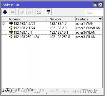 دوتا IP ست کردم روی Ether3:
192.168.10.1
و
192.168.250.1/24
اینم عکسش:
||https://network.tosinso.com/files/get/9732ab15-c942-4b5f-8577-5cfcf999a32f||

192.168.250.1/24 الان دادم به شبکه (موقع وصل شدن دستگاه ها به اکسس پوینت) هر دستگاه یه IP از همین رنج میگیره.

این هم الان بیکاره: 192.168.10.1