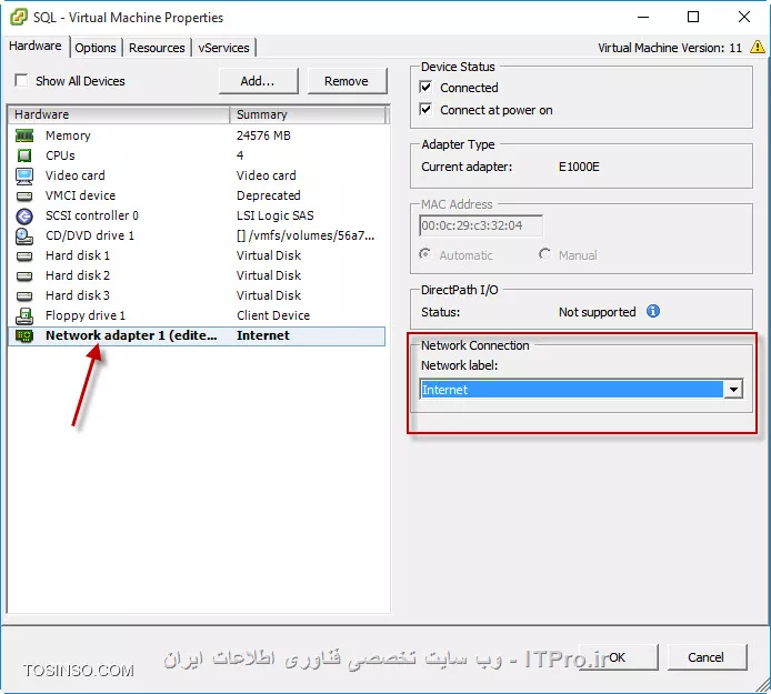 

1- تو همین فرمی که عکس بالا رو انداختید ، میشه باز هم vswitch ساخت.
(بالا سمت راست فرم رو ببینید. تنظیمات رو هم فعلا مثل همین بزنید و فقط کارت شبکه رو جدا کنید.)

2-در تنظیمات ماشین رو بروی کارت شبکه شما اسم vswitch رو می بینید . من اسم مال خودم رو گذاشتم internet


||http://virtualization.tosinso.com/files/get/99235d1c-8174-43e2-97c1-fba767b60562||

