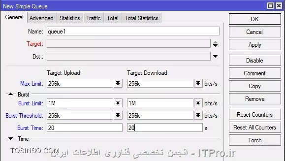 
برای مثال اگر شبیه عکس زیر تنظیمات رو انجام بدین کاربر برای مدت 20 ثانیه سرعتش 1مگ هست و بعد از 20 ثانیه سرعتش به 256 کاهش پیدا میکنه

<center>
||http://network.tosinso.com/files/get/99a07278-de82-4d84-af26-b3f837911f11||
<center>