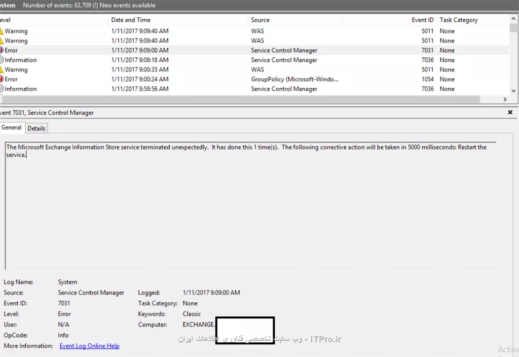 من یک سرور exchange 2013  به همراه یک سرور DC سرور 2008 دارم 
نکته عجیب این است که بعد از خاموش کردن یا unplug کردن کابل شبکه سرور dc و علی رقم وجود 2 addc  دیگر سرور exchange  در ابتدا مشکل authentication پیدا کرده و بعد از چند دقیقه با error زیر سرور   blue screen  Exchange داده و ریست می شود و در ریست بعدی بدون مشکل به کار خود ادامه می دهد !!!!
 از دوستان کسی تا حالا همچین مشکلی داشته است؟؟؟؟؟

 لازم به ذکر است 2 سرور addc  هر 2 GC  ها را داشته و فقط در صورت قطع ارتباط سرور primary domain controller این اتفاق رخ می دهد .
جهت راهنمایی بیشتر نیز ذکر می کنم سرور exchange تا اخرین لحظه قبل از ریست شدن مشکلی در dns  خود ندارد منظور این است سرور exchange حتی بعد از قطع ارتباط با dc  اصلی از سرور addc  دیگر Ping  دامین reply شده و مشکل dns وجود ندارد .


اولین error  چند دقیقه بعد از خاموش کردن یا unplug کردن کابل شبکه سرور dc
||http://tosinso.com/files/get/ebb9ff08-8ecb-4cf6-bfa2-e34aa61fcb74||

دومین Error چند دقیقه بعد از خاموش کردن یا unplug کردن کابل شبکه سرور dc
||http://tosinso.com/files/get/99e2ff2f-e7eb-46e1-a739-974fd517fed7||

سومین Error  و blue screen دادن سرور 
||http://tosinso.com/files/get/73baafb3-a2d2-4cba-bf66-185aeeb957df||

و نهایتا Log موجود در ILO
||http://tosinso.com/files/get/ae8ef42f-4f0d-4bbe-a722-0fb61b727a1b||
