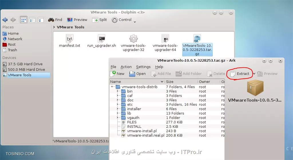 درود دوست عزیز در پاسخ به پیام خصوصی شما در همین جا مراحل رو میذارم 
طبق مراحل پست بالا فایل ایزو در لینوکس شما بالا اومد حالا طبق تصویر زیر فایلی که پسوند tar.gz دارد را در home اکسترکت کنید:
مسیری که من اکسترکت کردم home--->samurai بود
||http://network.tosinso.com/files/get/99f6bb87-6157-4c5d-8f6b-8271d2581bc8||
حالا فایل شما در هوم دایرکتوریتان اکسترکت شده طبق تصویر زیر مراحل رو انجام بدید 
||http://network.tosinso.com/files/get/22843637-a08d-4374-b3e4-945fe14c6550||

