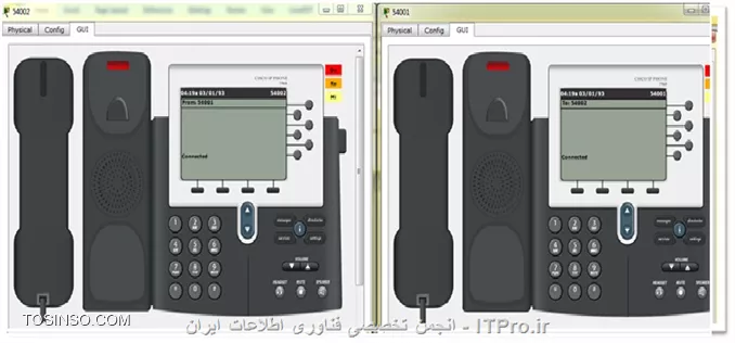 سناریو voip  :
 
||راه اندازی VOIP در Packet Tracer::http://tosinso.com/files/get/820d5759-1459-4926-b9f8-72f2a4520d1a||
در این سناریو راه اندازی Voip  در Packet Tracer را انجام می دهیم . برای راه اندازی این سناریو از یک عدد روتر 2811 و یک سوییچ 2960 و سه عدد IP Phone  و 5 عدد کامپیوتر استفاده می کنیم .در این سناریو از دو رنج ip  استفاده شده که نماینگر دو شبکه مجزا در سوییچ است که همزمان به درستی عمل می کند و از DHCP استفاده شده است .ابتدا ارتباطات بین سوییچ و تلفن ها و ... برقرار کرده به صورت شکل بالا و سپس بر روی تلفن ها کلیک می کنیم  (شکل 2 ) و با Drag کردن اداپتور تلفن ها را روشن کرده و پس از آن ارتباط بین سوییچ و تلفن برقرار می شود (شکل 3 ).
 
||شکل شماره 2 ::http://tosinso.com/files/get/f64679b9-00ba-480b-984e-b5ea921e5c5e||

||شکل شماره 3 ::http://tosinso.com/files/get/22b86b30-0551-4d58-968a-01be876927d2||

پس از آن به پیکربندی سوییچ می پردازیم . ابتدا پورتی که متصل به روتر است را به حالت Trunk تغییر می دهیم تا ترافیک بین vlan  ها را انتقال بدهد مانند دستور زیر : 
<left>
SW1(config)#interface fastEthernet 0/1
SW1(config-if)#switchport mode trunk  
<left>
سپس باید پورتهایی که به تلفن متصل است به یک vlan  و لپ تاپ ها را به vlan دیگری اختصاص بدهیم که در این سناریو برای Voip از vlan 1 استفاده شده است و برای شبکه 172.16.10.0  که برای لپ تاپ ها است از vlan 10  استفاده شده است . برای ساخت vlan  مطابق دستور زیر عمل می کنیم : 
<left>
SW1(config)#vlan 10
SW1(config-vlan)#name DATA
<left>
پورت 5 و 6 سوییچ متصل به لپ تاپ ها است و با دستور زیر این پورت ها را به  vlan 10 اختصاص می دهیم : 
<left>
SW1(config)#in ra fa 0/5-6
SW1(config-if-range)#switchport mode access
SW1(config-if-range)#switchport access vlan 10
<left>
پس از این کار باید پورتهایی که به تلفن ها متصل است را به حالت Trunk  تغییر داده و سپس دسترسی voice رو در Vlan  1 فعال کنیم مانند دستور زیر : 
<left>
SW1(config)#in ra fa 0/2-4
SW1(config-if-range)#switchport  mode  trunk
SW1(config-if-range)#switchport voice vlan 1
<left>
با این کار ما توانستیم ترافیک بین تلفن و کامپیوتر های موجود در شبکه 192.168.10.0 را جدا کنیم و در پایان کلیه تنظیمات اعمال شده را چک می کنیم مانند شکل 4 .
  
||شکل شمازه 4::http://tosinso.com/files/get/16526cf0-fd38-4dcd-b222-46ff62061ccb||

حال به پیکر بندی روتر می پردازیم ابتدا باید اینترفیس متصل به سوییچ را IP بدهیم که در این سناریو از 192.168.10.1  استفاده شده است که برای شبکه 192.168.10.0 نقش gateway  را ایفا می کند مانند دستورات زیر : 

<left>
R1#conf t
R1(config)#interface fastEthernet 0/0  
R1(config-if)#ip address 192.168.10.1 255.255.255.0
R1(config-if)#no Shutdown
<left>
سپس باید یک gateway دیگر برای شبکه 172.16.10.0  ایجاد کنیم که در این سناریو از اینترفیس مجازی استفاده کرده ایم مانند دستورات زیر : 
<left>
R1(config)#interface fastEthernet 0/0.1
R1(config-subif)#encapsulation dot1Q 10
R1(config-subif)#ip address 172.16.10.1 255.255.255.0
R1(config-subif)#no shutdown
<left>

||http://tosinso.com/files/get/d271b02b-b537-4742-af1f-f1ee90ac805f||

 برای این سناریو دو DHCP Pool  در نظر گرفته ایم اولی با عنوان Voice  جهت تلفن ها و کامپیوتر های متصل به شبکه 192.168.10.0 و دیگری با عنوان Data برای لپ تاپ های متصل به شبکه 172.16.10.0 مانند شکل زیر : 

 ||http://tosinso.com/files/get/604925b2-5691-4a80-8967-0d7346eb911a||

پس از این کار به سراغ سیستم ها می رویم و چک میکنیم که از DHCP  می توانند IP بگیرند یا خیر مانند تصویر زیر : 

  ||http://tosinso.com/files/get/60a31357-ccb8-4a81-8c0d-6b0cd7f57d8e||

||http://tosinso.com/files/get/baf8635c-4fb0-4679-8fa0-dd3d5ce289c1||

همانطور که  در تصاویر مشخص است کلیه ارتباط برقرار است و هم چنین DHCP هم به درستی عمل می کند حال نوبت به تنظیمات تلفن ها است که برای این کار مراحل زیر را دنبال کنید :
ابتدا باید سرویس تلفن را در روتر فعال کنیم که با دستور زیر انجام می شود : 
<left>
R1(config)#telephony-service
R1(config-telephony)#max-Ephones 5     
R1(config-telephony)#max-dn  5
R1(config-telephony)#ip source-address 192.168.10.1 port 2000
R1(config-telephony)#auto assign 4 to 6
R1(config-telephony)#auto assign 1 to 5
R1(config-telephony)#exi
<left>
سرویس تلفن را برای 5 عدد تلفن فعال کردیم و حالا نوبت به شماره دادن به تلفن ها است که طبق دستورات زیر انجام می دهیم : 
<left>
R1(config)#ephone-dn 1
R1(config-ephone-dn)#number 54001
R1(config-ephone-dn)#exit
<left>
شماره تلفن 54001 به اولین تلفن که در شبکه Register  شده اختصاص یافت حال باید برای دو تلفن دیگر نیز شماره اختصاص بدهیم : 
<left>
R1(config)#ephone-dn 2
R1(config-ephone-dn)#number 54002
R1(config-ephone-dn)#exit
R1(config)#ephone-dn 3
R1(config-ephone-dn)#number 54003
R1(config-ephone-dn)#exit
<left>
کلیه تنظیمات تلفن ها و سرویس تلفنی هم انجام شد و پس از گذشت چند ثانیه باید تلفن ها در روتر رجیستر شوند مانند تصویر زیر : 

||http://tosinso.com/files/get/afe9e7e3-53e5-453f-a511-07ff7d456539||
 
حال برای تلفن زدن کافی است که روی یک تلفن کلیک کرده و به Gui رفته و روی گوشی کلیک کنید و سپس شروع به شماره گیری نمایید بطور مثال 54002 را از تلفن 54001 شماره گیری نماییم مانند تصویر زیر :

||http://tosinso.com/files/get/9a0d2c1f-6a98-4b53-9e82-c2945ca6c63c||
 
در اینجا مشاهده می کنید که تلفن 54002 یک تماس دریافتی از 54001 دارد که با کلیک بر روی گوشی ارتباط برقرار می شود و روی مانیتور نمایش داده می شود  مانند تصویر زیر : 
 
||http://tosinso.com/files/get/9a08fd0a-2931-4777-b19a-d8645b4de6e7||

و پس از قطع کردن ارتباط تلفنی بصورت شکل زیر نشان داده می شود :
 
||http://tosinso.com/files/get/3f89102b-2614-48c8-a78f-a20cb7d32435||

پس از رجیستر شدن تلفن ها ادرس مک آنها بر روی روتر ذخیره می گردد مانند تصویر زیر : 
||http://tosinso.com/files/get/70eb1205-59f7-4fb5-bdb6-9e7ac2b15f60||

نویسنده : مجید امامی  
منبع : |جزیره ویپ وب سایت توسینسو::https://tosinso.com/network|
هرگونه نشر و کپی برداری بدون ذکر منبع و نام نویسنده دارای اشکال اخلاقی می باشد 