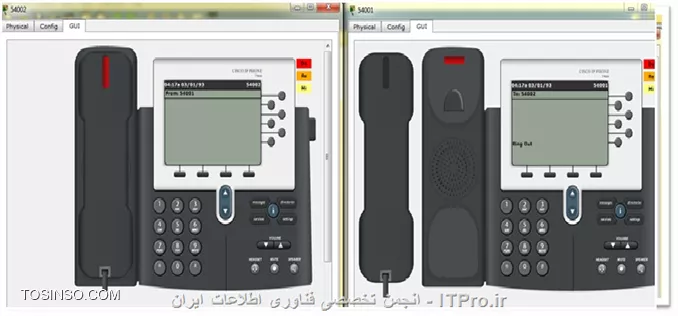 سناریو voip  :
 
||راه اندازی VOIP در Packet Tracer::http://tosinso.com/files/get/820d5759-1459-4926-b9f8-72f2a4520d1a||
در این سناریو راه اندازی Voip  در Packet Tracer را انجام می دهیم . برای راه اندازی این سناریو از یک عدد روتر 2811 و یک سوییچ 2960 و سه عدد IP Phone  و 5 عدد کامپیوتر استفاده می کنیم .در این سناریو از دو رنج ip  استفاده شده که نماینگر دو شبکه مجزا در سوییچ است که همزمان به درستی عمل می کند و از DHCP استفاده شده است .ابتدا ارتباطات بین سوییچ و تلفن ها و ... برقرار کرده به صورت شکل بالا و سپس بر روی تلفن ها کلیک می کنیم  (شکل 2 ) و با Drag کردن اداپتور تلفن ها را روشن کرده و پس از آن ارتباط بین سوییچ و تلفن برقرار می شود (شکل 3 ).
 
||شکل شماره 2 ::http://tosinso.com/files/get/f64679b9-00ba-480b-984e-b5ea921e5c5e||

||شکل شماره 3 ::http://tosinso.com/files/get/22b86b30-0551-4d58-968a-01be876927d2||

پس از آن به پیکربندی سوییچ می پردازیم . ابتدا پورتی که متصل به روتر است را به حالت Trunk تغییر می دهیم تا ترافیک بین vlan  ها را انتقال بدهد مانند دستور زیر : 
<left>
SW1(config)#interface fastEthernet 0/1
SW1(config-if)#switchport mode trunk  
<left>
سپس باید پورتهایی که به تلفن متصل است به یک vlan  و لپ تاپ ها را به vlan دیگری اختصاص بدهیم که در این سناریو برای Voip از vlan 1 استفاده شده است و برای شبکه 172.16.10.0  که برای لپ تاپ ها است از vlan 10  استفاده شده است . برای ساخت vlan  مطابق دستور زیر عمل می کنیم : 
<left>
SW1(config)#vlan 10
SW1(config-vlan)#name DATA
<left>
پورت 5 و 6 سوییچ متصل به لپ تاپ ها است و با دستور زیر این پورت ها را به  vlan 10 اختصاص می دهیم : 
<left>
SW1(config)#in ra fa 0/5-6
SW1(config-if-range)#switchport mode access
SW1(config-if-range)#switchport access vlan 10
<left>
پس از این کار باید پورتهایی که به تلفن ها متصل است را به حالت Trunk  تغییر داده و سپس دسترسی voice رو در Vlan  1 فعال کنیم مانند دستور زیر : 
<left>
SW1(config)#in ra fa 0/2-4
SW1(config-if-range)#switchport  mode  trunk
SW1(config-if-range)#switchport voice vlan 1
<left>
با این کار ما توانستیم ترافیک بین تلفن و کامپیوتر های موجود در شبکه 192.168.10.0 را جدا کنیم و در پایان کلیه تنظیمات اعمال شده را چک می کنیم مانند شکل 4 .
  
||شکل شمازه 4::http://tosinso.com/files/get/16526cf0-fd38-4dcd-b222-46ff62061ccb||

حال به پیکر بندی روتر می پردازیم ابتدا باید اینترفیس متصل به سوییچ را IP بدهیم که در این سناریو از 192.168.10.1  استفاده شده است که برای شبکه 192.168.10.0 نقش gateway  را ایفا می کند مانند دستورات زیر : 

<left>
R1#conf t
R1(config)#interface fastEthernet 0/0  
R1(config-if)#ip address 192.168.10.1 255.255.255.0
R1(config-if)#no Shutdown
<left>
سپس باید یک gateway دیگر برای شبکه 172.16.10.0  ایجاد کنیم که در این سناریو از اینترفیس مجازی استفاده کرده ایم مانند دستورات زیر : 
<left>
R1(config)#interface fastEthernet 0/0.1
R1(config-subif)#encapsulation dot1Q 10
R1(config-subif)#ip address 172.16.10.1 255.255.255.0
R1(config-subif)#no shutdown
<left>

||http://tosinso.com/files/get/d271b02b-b537-4742-af1f-f1ee90ac805f||

 برای این سناریو دو DHCP Pool  در نظر گرفته ایم اولی با عنوان Voice  جهت تلفن ها و کامپیوتر های متصل به شبکه 192.168.10.0 و دیگری با عنوان Data برای لپ تاپ های متصل به شبکه 172.16.10.0 مانند شکل زیر : 

 ||http://tosinso.com/files/get/604925b2-5691-4a80-8967-0d7346eb911a||

پس از این کار به سراغ سیستم ها می رویم و چک میکنیم که از DHCP  می توانند IP بگیرند یا خیر مانند تصویر زیر : 

  ||http://tosinso.com/files/get/60a31357-ccb8-4a81-8c0d-6b0cd7f57d8e||

||http://tosinso.com/files/get/baf8635c-4fb0-4679-8fa0-dd3d5ce289c1||

همانطور که  در تصاویر مشخص است کلیه ارتباط برقرار است و هم چنین DHCP هم به درستی عمل می کند حال نوبت به تنظیمات تلفن ها است که برای این کار مراحل زیر را دنبال کنید :
ابتدا باید سرویس تلفن را در روتر فعال کنیم که با دستور زیر انجام می شود : 
<left>
R1(config)#telephony-service
R1(config-telephony)#max-Ephones 5     
R1(config-telephony)#max-dn  5
R1(config-telephony)#ip source-address 192.168.10.1 port 2000
R1(config-telephony)#auto assign 4 to 6
R1(config-telephony)#auto assign 1 to 5
R1(config-telephony)#exi
<left>
سرویس تلفن را برای 5 عدد تلفن فعال کردیم و حالا نوبت به شماره دادن به تلفن ها است که طبق دستورات زیر انجام می دهیم : 
<left>
R1(config)#ephone-dn 1
R1(config-ephone-dn)#number 54001
R1(config-ephone-dn)#exit
<left>
شماره تلفن 54001 به اولین تلفن که در شبکه Register  شده اختصاص یافت حال باید برای دو تلفن دیگر نیز شماره اختصاص بدهیم : 
<left>
R1(config)#ephone-dn 2
R1(config-ephone-dn)#number 54002
R1(config-ephone-dn)#exit
R1(config)#ephone-dn 3
R1(config-ephone-dn)#number 54003
R1(config-ephone-dn)#exit
<left>
کلیه تنظیمات تلفن ها و سرویس تلفنی هم انجام شد و پس از گذشت چند ثانیه باید تلفن ها در روتر رجیستر شوند مانند تصویر زیر : 

||http://tosinso.com/files/get/afe9e7e3-53e5-453f-a511-07ff7d456539||
 
حال برای تلفن زدن کافی است که روی یک تلفن کلیک کرده و به Gui رفته و روی گوشی کلیک کنید و سپس شروع به شماره گیری نمایید بطور مثال 54002 را از تلفن 54001 شماره گیری نماییم مانند تصویر زیر :

||http://tosinso.com/files/get/9a0d2c1f-6a98-4b53-9e82-c2945ca6c63c||
 
در اینجا مشاهده می کنید که تلفن 54002 یک تماس دریافتی از 54001 دارد که با کلیک بر روی گوشی ارتباط برقرار می شود و روی مانیتور نمایش داده می شود  مانند تصویر زیر : 
 
||http://tosinso.com/files/get/9a08fd0a-2931-4777-b19a-d8645b4de6e7||

و پس از قطع کردن ارتباط تلفنی بصورت شکل زیر نشان داده می شود :
 
||http://tosinso.com/files/get/3f89102b-2614-48c8-a78f-a20cb7d32435||

پس از رجیستر شدن تلفن ها ادرس مک آنها بر روی روتر ذخیره می گردد مانند تصویر زیر : 
||http://tosinso.com/files/get/70eb1205-59f7-4fb5-bdb6-9e7ac2b15f60||

نویسنده : مجید امامی  
منبع : |جزیره ویپ وب سایت توسینسو::https://tosinso.com/network|
هرگونه نشر و کپی برداری بدون ذکر منبع و نام نویسنده دارای اشکال اخلاقی می باشد 