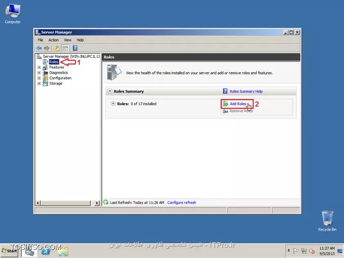 ||http://network.tosinso.com/files/get/465f83f1-ad1d-44fd-97d7-47db2dbdd599||
! راه اندازی یک شبکه قدرتمند محلی تحت دامین-Domain Networking

خب همان طور که از نامش معلوم هست شبکه ما تحت دامین میباشد و با شبکه های Workgroup خیلی تفاوت دارد. در شبکه دامین ما با سیستم عامل سرور یک شبکه راه اندازی میکنیم و بقیه کامپیوتر ها باید به سرور متصل شوند
تا بتوانند از سیستم های خود استفاده کنند همچنین ما در شبکه دامین میتوانیم سطح دسترسی کاربران را به قسمت های مختلف ویندوز محدود کنیم برای مثال از سرور دستور میدهم که کاربر X نتواند از USB استفاده کند و...
در شبکه Domain شما باید روی سرور برای هر کاربر Username و Password تعریف کنید تا کاربران با User و Pass های تایین شده توسط شما بتوانند کامپیوتر های خود را Login کنند.
در این قسمت از سیستم عامل Windows Server 2008 R2 استفاده میکنیم.

*خصوصیات شبکه Domain:*
قابلیت مدیرت هزاران کامپیوتر تنها از یک کامپیوتر ( سرور )
تعیین کردن سطح دسترسی کاربران به قسمت های مختلف سیستم عامل ویندوز
نصب برنامه ها تحت شبکه ( شما تایین میکنید که کاربران بتوانند چه برنامه هایی نصب کنند )
امنیت فوق العاده بالا
انعطاف پذیری بالا در مدیریت کاربران
نصب ویندوز بر روی کامپیوترهای Client عضو شبکه Domain
و......

پیکربندی ویندوز Server 2008 R2 Enterprise:
1- سیستم عامل ویندوز را روی کامپیوتر سرور نصب کنید. سیستم عامل را حتما فعال و Active کنید و ساعت آن را تنظیم کنید.
2- در این قسمت باید سرویس Active Directory را روی ویندوز سرور نصب کنید تا شبکه شما به Domain تبدیل شود. ( ADDC: Active Directory Domain Controller )
2-1: نصب سرویس Active Directory:

روی Start کلیک کنید سپس از Administrative Tools گزینه Server manager را انتخاب کنید:
||http://network.tosinso.com/files/get/d1bb9151-613e-43a6-9396-6d85acb85013||
2-2- در صفحه باز شده روی Roles کلیک کنید سپس Add Roles را بزنید:
||http://network.tosinso.com/files/get/9a64b30c-3142-4369-bca1-a874b86e16c5||
2-3- در این قسمت روی Next کلیک کنید:
||http://network.tosinso.com/files/get/587b1e57-15e6-462f-8a79-c55b970d6213||
2-4- در این قسمت تیک گزینه Active Directory Domain Services را بزنید:
||http://network.tosinso.com/files/get/ff749a6f-06e0-45a4-901e-53d8baa048a6||
2-5- صفحه ای باز میشود و باید روی Add Required Features کلیک کنید:
||http://network.tosinso.com/files/get/3fbe52f7-01e0-45d6-adb0-5fb2c2f42793||
2-6- تیک Active Directory Domain Services زده شد حالا روی Next کلیک کنید:
||http://network.tosinso.com/files/get/524e7fd5-206f-47f3-854a-efe49c96326d||
2-7- روی Next کلیک کنید:
||http://network.tosinso.com/files/get/2e1a28d8-acb0-4701-a7ae-9f42e86e1968||
2-8- روی Install کلیک کنید تا سرویس Active Directory نصب شود:
||http://network.tosinso.com/files/get/162dd0de-588b-4136-aaa4-2104315ab108||
2-9- در حال نصب:
||http://network.tosinso.com/files/get/6489b5cd-83f0-4b66-a890-eaa10b5c4660||
2-10- روی Close کلیک کنید تا نصب به اتمام برسد:
||http://network.tosinso.com/files/get/1b8b18aa-6986-418a-b01e-6b59c2ca8d5d||
2-11- روی Start کلیک کنید سپس از Administrative Tools گزینه Server manager را انتخاب کنید.
روی Roles کلیک کنید سپس روی Active Directory Domain Services کلیک کنید:
||http://network.tosinso.com/files/get/dee593d9-243f-44b2-93bc-6b300fe7d76c||
2-12- روی Run the Active Directory Domain Services Installation Wizard dcpromo.exe کلیک کنید:
||http://network.tosinso.com/files/get/3a44e3d2-068c-4c3d-9b58-80f609dbc2ad||
2-13- روی Next کلیک کنید:
||http://network.tosinso.com/files/get/3e5f84e4-a44a-4fad-8f5d-9f4ceb6e859f||
2-14- روی Next کلیک کنید:
||http://network.tosinso.com/files/get/2305697b-c67d-47d3-8601-cc7be14bc60a||
2-15- تیک گزینه Creat a new domain in a new forest را بزنید و روی Next کلیک کنید:
||http://network.tosinso.com/files/get/8dba017d-96aa-4fe6-bf36-681a52f70056||
2-16- در این قسمت باید برای دامنه شبکه دامین یک نام انتخاب کنید. دقت کنید که باید از 2 یا 3 کلمه تشکیل شود و بین آن ها نقطه ( . ) گذاشته شود. سپس روی Next کلیک کنید:
||http://network.tosinso.com/files/get/82dff6dd-706c-4bba-90b1-96701c4711e3||
2-17- در این قسمت از بالا ( Forest fuctional level ) گزینه Windows server 2008 R2 را انتخاب کنید و روی Next کلیک کنید:
||http://network.tosinso.com/files/get/781a032f-d08e-4aa9-bbfe-f0a3ed1ca1eb||
2-18- در این قسمت مطمئن باشید که تیک گزینه DNS خورده باشد سپس روی Next کلیک کنید:
||http://network.tosinso.com/files/get/f9000eaf-8a56-439c-b3f8-d985a60c39c0||
2-19- در این قسمت باید نوع سیستم IP دهی به شبکه را انتخاب کنید که DHCP و Manual میباشد من در اینجا ار IP دهی Manual استفاده میکنم و IP کارت های شبکه را دستی تنظیم میکنم
پس ابتدا IP سرور را دستی تنظیم کنید سپس گزینه زیر را انتخاب کنید:
||http://network.tosinso.com/files/get/82ea3931-05e4-4aea-99f3-969ef43e0458||
IP که من تنظیم کردم:
||http://network.tosinso.com/files/get/8154f867-bb10-4d7b-8e89-260cebf69a2b||
IP Address: 192.9.200.77 این IP باید در رنج IP ها و روترهای داخل شبکه باشد.
Subnet Mask: 255.255.255.0 باید همین مقدار باشد: 255.255.255.0
Default Geteway: 192.9.200.50 باید IP مودم یا روتر اینترنت باشد تا به اینترنت دسترسی داشته باشد.
2-20- سپس روی Next کلیک کنید و Yes را بزنید:
||http://network.tosinso.com/files/get/ea8c50c0-9f6d-4b9f-a188-7ea6f9e099d5||
2-21- روی Next کلیک کنید:
||http://network.tosinso.com/files/get/8065e660-4640-4674-a0ce-a263e88611f7||
2-22- در این قسمت برای بازیابی Active Directory یک رمز وارد کنید ( رمز شما باید ترکیبی از حروف کوچک حروف بزرگ و اعداد و کاراکتر یاشد ) سپس روی Next کلیک کنید:
||http://network.tosinso.com/files/get/f7579a6a-96f7-49b2-88d8-e51c2efbae91||
2-23- روی Next کلیک کنید تا تنظیمات اعمال شود:
||http://network.tosinso.com/files/get/01968a4a-546e-4e3b-9b0a-0577c06aaa91||
2-24- در این قسمت تیک گزینه Reboot on completion را بزنید تا بعد از اتمام نصب و تنظیمات سرور ریست شود:
||http://network.tosinso.com/files/get/4bf0cd9d-497e-4e7c-a2b6-07c6bdc59e00||
خب تا اینجا توانستیم شبکه Domain را روی سرور راه اندازی کنیم. حالا باید کامپیوترهای کاربران و کلاینت ها را عضو این شبکه کنیم.
||http://network.tosinso.com/files/get/2953c08f-ffda-4765-a24f-b57b27b1acb9||
! join کردن کامپیوتر ها به سرور
عضو کردن کامپیوترهای کاربران و کلاینت ها به شبکه Domain:
تعریف Username و Password برای یک یا چتد کاربر روی ویندوز سرور:
خب شما ابتدا باید روی سرور برای هر کاربر و کلاینت یک نام کاربری و رمز عبور تعریف کنید تا کاربران بتوانند وارد حساب کاربری خود شوند.
1- روی Start کلیک کنید سپس از Administrative Tools گزینه Server manager را انتخاب کنید.
به مسیر زیر بروید:
<c#>
Roles > Active Directory Domain Services > Active Directory users and Computers > Domain name > Users
<c#>
Domain name همان اسمی هست که برای شبکه Domain انتخاب کردید.
||http://network.tosinso.com/files/get/3643b8f5-fd04-49bd-afe5-70167391d2e2||
2- روی Users کلیک راست کنید و New user را بزنید:
||http://network.tosinso.com/files/get/5ad37cf3-02f0-47f7-9f82-91d39d93a7c9||
3- First name: نام کاربر را وارد کنید.

Last name: اسم فامیل کاربر را وارد کنید.

User logon name: نام کاربری کاربر برای وارد شدن به سیستم را وارد کنید.
سپس روی Next کلیک کنید:
||http://network.tosinso.com/files/get/60bb779e-6856-40b1-93ff-80b3c7021f24||
4- در این قسمت برای User که ساختید پشورد بزارید و همه تیک ها را بردارید و روی NExt کلیک کنید ( پسورد ترکیبی از اعداد حروف کوچک و بزرگ و کاراکتر باشد )
||http://network.tosinso.com/files/get/2591bc9d-892f-4d2c-9123-0c27023ee07c||
5- روی Finish کلیک کنید:
||http://network.tosinso.com/files/get/5a60ff1d-80d2-4d32-87e6-959e80df3dfc||
6- User ما بر روی سرور ساخته شد.

به کامپیوتر کاربر یا کلاینت بروید سپس IP آدرس برای آن کلاینت تعریف کنید ( IP باید در رنج IP سرور و شبکه باشد )
IP Address: آدرس IP در رنج شبکه و سرور ( تکراری نباشد )
Subnet Mask: باید 255.255.255.0 باشد
Default geteway: باید IP روتر یا مودم اینترنت باشد
Prefered DNS Server: که خیلی مهم میباشد باید IP سرور را وارد کنید اگر وارد نکنید امکان عضویت و بر قراری ارتباط با سرور را ندارید.
||http://network.tosinso.com/files/get/7120de2c-28be-4b06-b6bb-5dea7c2b1fa0||
6- روی Computer کلیک راست کنید و Properties را بزنید سپس روی Change settings کلیک کنید:
||http://network.tosinso.com/files/get/6448080b-1d7a-4f29-b68a-e22e062d076a||
7- روی Change کلیک کنید:
||http://network.tosinso.com/files/get/4268e27b-a4e8-40cf-ad0a-d49da540731d||
8- تیک گزینه Domain را بزنید و نام Domain که در سرور موقع نصب Active Directory انتخاب کردید را وارد کنید و OK را بزنید:
||http://network.tosinso.com/files/get/5c2cd75d-4a84-4a5a-9075-2672ada1bd65||
9- از شما USER Name و Password میخواهد:
||http://network.tosinso.com/files/get/4a3f8a04-0fc3-402d-bba6-4957033a51ff||
Username باید Administrator را وارد کنید و Password را رمز عبور ویندوز سرور 2008 سپس Ok را بزنید:
10- پیام خوش آمد گویی به شما نمایش داده میشود. این یعنی این که کاربر شما عضو شبکه Domain شد. روی OK کلیک کنید:
||http://network.tosinso.com/files/get/ba3a7f60-7726-457f-af71-9cec5e2c5a65||
11- از شما میخواهد کامپیوتر را ریست کنید رو OK کلیک کنید:
||http://network.tosinso.com/files/get/78b86ffc-d746-48f7-afbe-5e5df898929f||
سپس Close را بزنید و Restart now را بزنید.
12- سیستم کاربر که روشن شد به شما میگه مه CTRL + ALT + Delete را بزنید تا Login شوید:
||http://network.tosinso.com/files/get/18282e58-64b6-46c1-adb1-c3291cb96d40||
13- روی Switch User کلیک کنید:
||http://network.tosinso.com/files/get/52f35079-78d5-4633-bd7f-a71623317de8||
14- Other User را بزنید:
||http://network.tosinso.com/files/get/6b9d9841-f62d-48f3-a6ff-215ce30e2824||
15- User name و Password که در سرور برای کاربر تعریف کردید را وارد کنید تا Login شود:
||http://network.tosinso.com/files/get/5d6df99e-ab52-4b11-80f9-630070acbe20||
||http://network.tosinso.com/files/get/e51322cc-c0f7-4ffc-ade0-f0dc086b4188||
16- کاربر شما با موفقیت عضو شبکه Domain شد
||http://network.tosinso.com/files/get/4b8fb913-5ae3-40bb-b733-f01b85f970a1||
موفق باشید.