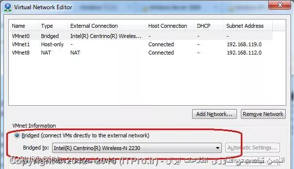 گرچه احتمالا چک کردید ولی برای اطمینان میگم :
در منوی Edit وارد Virtual Network Editor بشید و ببینید که کارت شبکه ای که در حال Bridge قرار داره همون چیزی هست که انتظار دارید؟

||http://www.tosinso.com/files/get/9a97240c-3f1b-4023-b5ad-bbe653184c74||
و اگر جواب نگرفتید در همین پنجره Restore Default رو بزنید .