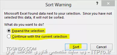 با سلام خدمت همه ITPRO های عزیز و دوستداشتنی ،در ادامه بخش اول مقاله انواع روش های مرتب سازی در اکسل با شما همراه هستیم . در ابتدای اون مقاله گفتیم که یکی از مباحث بسیار کاربردی در مجموعه نرم افزار آفیس قابلیت مرتب سازی یا همان Sort می باشد. این قابلیت در نرم افزار اکسل بسیار پرکاربرد تر و برجسته تر می باشد چون معمولا بحث محاسبات در این نرم افزار صورت می گیرد این ویژگی کمک زیادی به کاربران آن در انجام راحت تر این محاسبات و مرتب سازی آنها می کند. مثلا همین الان کاربران برتر در این وب سایت را در نظر بگیرید که به ترتیب از امتیاز بالا به پایین مرتب شده اند این یک نمونه مرتب سازی نزولی می باشد. ما در این مقاله به بررسی انواع مرتب سازی یا SORT های باقیمانده می پردازیم. 

1- مرتب سازی ستونی (Columns) در اکسل
2- مرتب سازی سطری (Rows) در اکسل 
3 - مرتب سازی صعودی (از A به Z) بر اساس محتویات سلول ها در اکسل
4 -مرتب سازی نزولی (از Z به A) بر اساس محتویات سلول ها در اکسل
*5- مرتب سازی بر اساس یک یا چند ستون یا سطر در اکسل*
*6 - مرتب سازی بر اساس لیست در اکسل*
*7 - مرتب سازی بر اساس رنگ سلول ها در اکسل*
*8 - مرتب سازی بر اساس رنگ فونت محتویات سلول ها در اکسل*
*9 - مرتب سازی بر اساس آیکون های سلول ها در اکسل*

در ادامه با روش پنجم مرتب سازی از لیست بالا  این آموزش رو ادامه می دهیم .

*5- مرتب سازی بر اساس یک یا چند ستون یا سطردر اکسل *
ما در بخش یک این مقاله فقط به مرتب سازی صعودی و نزولی در حد یک ستون یا سطر پرداختیم . اما در واقع اکثر کاربرگ های اکسل شامل اطلاعات در چندین سطر یا ستون می باشد . گاها چون این اطلاعات مرتبط به هم هست ما باید همه آنها را با هم مرتب کنیم و گاهی هم دربین سطرها و ستون های زیادی که شامل اطلاعات هست ما فقط می خواهیم یک سطر یا ستون را مرتب سازی کنیم . ما در این مثال می خواهیم سه ستون را که شامل اطلاعاتی مرتبط بصورت سطری هست را مرتب سازی کنیم. ستونی را که می خواهیم بر اساس آن مرتب سازی را انجام دهیم انتخاب می کنیم که ما در اینجا بر اساس ستون نام خانوادگی اینکار را انجام می دهیم. سپس روی یکی از گزینه های مرتب سازی صعودی و یا نزولی کلیلک می نماییم.

||http://tosinso.com/files/get/7bde2ba1-6da1-46b8-99bc-434aa0d2b569||

با کلیلک کردن روی گزینه مرتب سازی صعودی پنجره کوچکی ظاهر می شود به شکل زیر 

||http://tosinso.com/files/get/9ac53e38-df3e-44ac-8a6e-6dbb88bacef0||

که شامل دو گزینه می باشد .گزینه اول Expand The Selection به این معنی که تمام ستون های مجاور هم به همراه محدوده انتخابی مرتب سازی می شوند.

||http://tosinso.com/files/get/d27cb965-ce51-4500-8044-9942dd39e686||

گزینه دوم Continue with The Current Selection به این معنی که فقط محدوده انتخابی مرتب سازی می شود.

||http://tosinso.com/files/get/a3c5963c-c34b-4054-9ae2-f5b6734a4665||

||http://tosinso.com/files/get/be9405c9-3bfd-422d-a2fc-08a10fa9b0ee||

در تصویر زیر مشاهده می کنید که فقط ستون نام خانوادگی مرتب سازی شده است و اطلاعات دو ستون دیگر تغییری نکرده است . با توجه به اینکه معمولا یک کاربرگ اکسل شامل سطرهایی از اطلاعات مربوط به یک موضوع خاص می باشد ، معمولا در انجام این نوع مرتب سازی دقت لازم را داشته باشید که باعث بهم ریختگی اطلاعات شما نشود .

||http://tosinso.com/files/get/c818c6fb-8770-4947-bb13-c58dfa13a5c5||

روش مرتب سازی برای سطرها هم همانند روش بالا نیز می باشد .یک نکته قابل توجه در این روش این هست که گاها شما در هنگام مرتب سازی بر اساس یک ستون ممکن است به موارد مساوی در آن بخش برخورد کنید در اینجا شما می توانید ملاک مرتب سازی در آن ستون را بر اساس ستون های دیگر مشخص کنید .در مثال زیر ما مرتب سازی را براساس ستون نام بصورت صعودی انجام می دهیم اما با دو نام یکسان روبرو می شویم و ملاک مرتب سازی را برای این موارد ستون نام خانوادگی انتخاب می کنیم و در آن نوع مرتب سازی را روی نزولی قرار می دهیم .

||http://tosinso.com/files/get/f7e41b00-91f8-49fc-a747-9b72a4c13124||

||http://tosinso.com/files/get/db640466-2f1c-4c1e-86bf-3e1e8164489d||

با استفاده از گزینه Add Level در تصویر زیر یک مرحله دیگر جهت مرتب سازی اضافه می کنیم و آن را روی ستون نام خانوادگی و از بزرگ به کوچک تنظیم می نماییم.

||http://tosinso.com/files/get/8db87dbc-fa6d-4765-8600-20dabc52568b||

در تصور زیر مشاهده می کنید که به نسبت قبل از مرتب سازی دو نام خانوادگی که اسامی یکسانی داشتند جابجا شده اند .

||http://tosinso.com/files/get/b34a0ee1-d56f-4244-8de5-6d29e8943607||

*6 - مرتب سازی بر اساس لیست در اکسل*
بعضی مواقع می توانیم مرتب سازی را براساس لیست هاانجام دهیم . مثلا روزها و ماه ها ی لاتین بصورت پیش فرض در لیست های اکسل موجود می باشند چنانچه شما لیست خاصی مد نظرتان هست می توانید آن را بسازید و بر اساس آن مرتب سازی را انجام نمایید .ابتدا محدوده مورد نظر جهت مرتب سازی را انتخاب نمایید در کادر Sort در قسمت Order گزینه Custom List را انتخاب نمایید و گزینه New List را انتخاب و لیست مورد نظرتان را به ترتیب وارد نمایید و سپس گزینه Add را انتخاب تا به لیست های پیش فرض اکسل اضافه گردد.

||http://tosinso.com/files/get/44777d33-e132-4633-8f7a-0b1524f75f30||

||http://tosinso.com/files/get/ce2dfb62-a672-4161-b8cd-6947686593d5||

مرتب سازی بر اساس لیست ساخته شده  را در تصور زیر مشاهده می کنید.

||http://tosinso.com/files/get/42621836-7fe7-4d47-b2c4-9a5411516da2||

*7 - مرتب سازی بر اساس رنگ سلول ها در اکسل*
یکی از روش های جالب مرتب سازی بر اساس *رنگ سلول ها* می باشد. برای انجام اینکار محدوده مورد نظر را انتخاب و در کادر SORT به تعداد مورد نیاز روی گزینه Add Level کلیلک می نماییم و در بخش SORT ON گزینه Cell color را انتخاب می نماییم  و در بخش Order  نوع چینش ترکیب رنگ را برای سطرهای مختلف انتخاب می نماییم.

||http://tosinso.com/files/get/a44e4179-ea16-4efc-9af6-2fdd17e7d4cf||

||http://tosinso.com/files/get/6e2d3f9a-bc5c-4830-a05d-190b3bcb7362||

مرتب سازی بر اساس چینش مشخص شده را در تصویر زیربر اساس رنگ سلول ها  مشاهده می نمایید.

||http://tosinso.com/files/get/94f532c8-285f-4d4a-a56f-7ad440dffc27||

*8 - مرتب سازی بر اساس رنگ فونت محتویات سلول ها در اکسل*
 روش متفاوتی دیگر جهت مرتب سازی سلول ها در اکسل که بر اساس *رنگ فونت محتویات سلول ها* انجام می گیردو برای انجام اینکار محدوده مورد نظر را انتخاب و در کادر SORT به تعداد مورد نیاز روی گزینه Add Level کلیلک می نماییم و در بخش SORT ON گزینه font color را انتخاب می نماییم  و در بخش Order  نوع چینش ترکیب رنگ را برای سطرهای مختلف انتخاب می نماییم.

||http://tosinso.com/files/get/9a494c22-2354-4381-892a-66665f958c53||

||http://tosinso.com/files/get/a7d6656c-5dae-4a04-adde-1880c6f8b39a||

مرتب سازی بر اساس چینش مشخص شده را در تصویر زیر بر اساس رنگ فونت ها  مشاهده می نمایید.

||http://tosinso.com/files/get/136aea32-1905-4877-a6b5-e9ae68aabedd||

*9 - مرتب سازی بر اساس آیکون های سلول ها در اکسل*
و باز هم روش جالب دیگر جهت مرتب سازی سلول ها در اکسل که بر اساس *آیکون های موجود در سلول ها* انجام می گیرد جهت استفاده از این آیکون ها بایدبه بخش Conditional Formatting  و گزینه Sets Icon مراجعه نمایید. جهت اطلاع از کاربرد های دقیق این بخش به مقاله زیر مراجعه نمایید.
|ویژگی های جالب Conditional Formatting در نرم افزار اکسل (Excel)::https://tosinso.com/articles/42797/Conditional-Formatting-%da%86%db%8c%d8%b3%d8%aa%d8%9f-%d9%85%d8%b9%d8%b1%d9%81%db%8c-%d9%82%d8%a7%d8%a8%d9%84%db%8c%d8%aa-%d9%82%d8%a7%d9%84%d8%a8-%d8%a8%d9%86%d8%af%db%8c-%d8%b4%d8%b1%d8%b7%db%8c-%d8%af%d8%b1-%d8%a7%da%a9%d8%b3%d9%84(excel)|
||http://tosinso.com/files/get/80665d9d-628b-43e0-a733-6c56dd6b4007||

و برای انجام اینکار محدوده مورد نظر را انتخاب و در کادر SORT به تعداد مورد نیاز روی گزینه Add Level کلیلک می نماییم و در بخش SORT ON گزینه Cell Icon را انتخاب می نماییم  و در بخش Order  نوع چینش آیکون ها را برای سطرهای مختلف انتخاب می نماییم.

||http://tosinso.com/files/get/7b98f5a0-c2f1-4588-8a04-148fc0ff6700||

مرتب سازی بر اساس چینش مشخص شده را در تصویر زیر بر اساس آیکون ها مشاهده می نمایید.

||http://tosinso.com/files/get/45a82ce4-0b9c-4cce-95db-52d70bfb0667||

امیدوارم که مفید واقع شده باشد.

نویسنده : احمد نظری
منبع : |جزیره مبانی کامپیوتر و مهارت های هفتگانه وب سایت توسینسو::https://tosinso.com/icdl|
هرگونه نشر و کپی برداری بدون ذکر منبع و نام نویسنده دارای اشکال اخلاقی می باشد.  