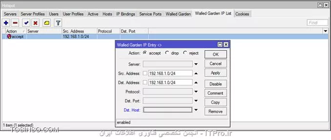 با سلام

این روش که میگم امتحان کنید نتیجشو اعلام کنید تا در صورت درست نبودن روشهای دیگه رو امتحان کنیم.
اگر فرض کنیم رنج آی |ی کاربران لوکال شما192.168.1.0/24هستش تو بخشwalled garden ip listاین تنظیمات انجام بدید ببینید انجام میشه یا نه.
تو همین پنجره که داری رنج آی پی رو addمی کنی اون بالا یه گزینه به اسم سرور هست مطمئن نیستم اونو تو چه حالتی باید قرار داد یه بار هیچی انتخاب نکن ببین درست کار میکنه یا نه یه بار اسم سرورتو انتخاب کن یه بار هم وقتی اسم سرور انتخاب کردی اون علامت پوشتشو همون علامت تعجب انتخاب کن ببین با کدوم درست کار میکنه هر کدوم از کارهایی که تو بالا بهت گفتم انجام دادی بعدش برور تو بخش فایروال بخش connection trackingیه بار غیر فعالش کن 5ثانیه صبر کن تا خالی بشه بعد دوباره فعالش کن تا تنظیمات درست اعمال بشه. این بخش connection trackingخیلی مهم هر تغییری داری یه بار برو جدول پر و خالی کن.||http://network.tosinso.com/files/get/9af4bb18-fc65-4db4-985c-36917933d40f||