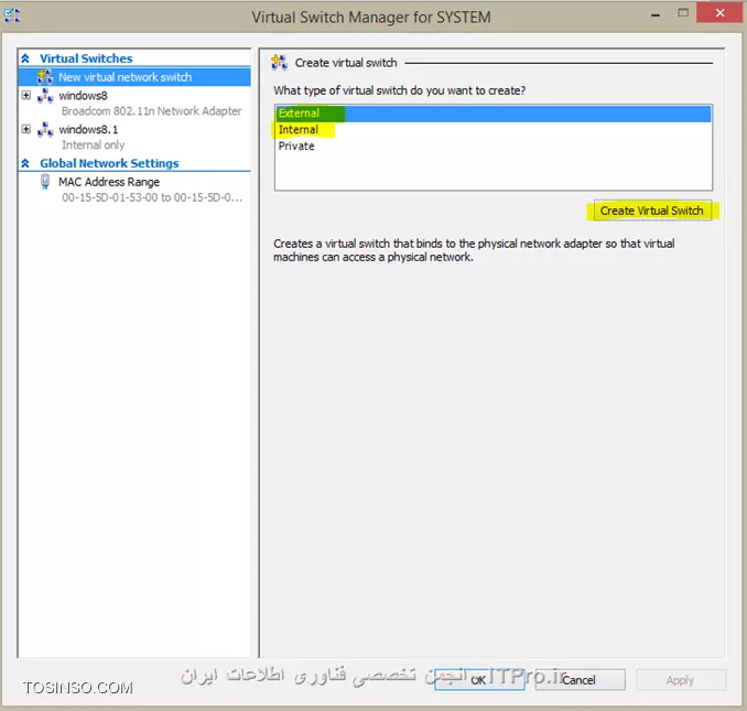 با سلام
در ابتدا Hyper-v اصلاً کارت شبکه نداره و شما باید کارت شبکه رو براش ایجاد کنید برای این منظور ابتدا روی Virtual Switch manager کلیک کنید .
||http://network.tosinso.com/files/get/22bc0c26-0b4e-4e13-ad17-66b272d26f3c||
*برای ارتباط ماشین مجازی با Host یا ویندوز اصلی :*
کارت شبکه External رو انتخاب کنید و create virtual Switch رو بزنید 
||http://network.tosinso.com/files/get/9b56dc74-6209-427b-ba36-115f70602fe9||
برای کارت شبکه یه نام به دلخواه ایجاد میکنید و Ok میزنید 
||http://network.tosinso.com/files/get/27d1d657-6b1f-404a-bd9a-16bf9b4000c7||
*برای ارتباط ماشین های مجازی بین یکدیگر:*
کارت شبکه Private رو انتخاب کنید و create virtual Switch رو بزنید ، در نهایت اگر میخواهید ماشین مجازی X و Y را با هم شبکه کنید روی ماشین مجازیتون راست کلیک کنید و Setting رو میزنید از پنجره باز شده همانند تصویر زیر Virtual Switch ماشین های X,y را یکی میگذارید در این حالت ماشین های مجازی با هم شبکه میشوند.
||http://network.tosinso.com/files/get/245dd21f-dfcf-453f-9dc4-79566e3606c8||
--
برای سوال شما باید کارت شبکه External انتخاب کنید سپس رنج آی پی ها در host و در ماشین مجازی باید یکی باشه همچنین فایروال ها نیز خاموش باشه تا بتونید فایل به اشتراک بگذارید.