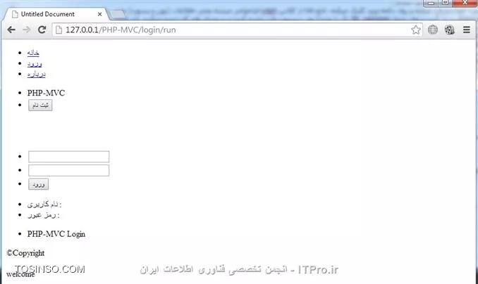 سلام به همگی دوستداران ITPro یه تغییر کوچولو توی روند آموزش ها دادم، از این به بعد در نظر دارم تو همین حین که آموزش های PHP جلو میره یه آموزش کوچیک هم درباره css و jquery  به کارمون اضافه کنم چون php کارا به غیر از اینکه باید به php مسلط باشن باید یه آشنایی خوبی هم با css و jquery داشته باشن . خوب تو این قسمت میخوایم یه دیتابیس با یه جدول واسه سایتمون ایجاد کنیم و با صفحه لاگین سایت وارد وب سایتمون بشیم و بعدش سایت رو از نظر امنیتی تست میکنیم ببینیم قابل نفوذ هست یا نه؟!  در ابتدا میایم یه فولدر بنام CSS توی پوشه اصلی وب سایتمون میسازیم و یه فایل بنام Login.css توش ایجاد میکنیم .کد Login.php (توی فولدر Login) بصورت زیر تغییر میدیم :
<htm>
<!DOCTYPE html PUBLIC -//W3C//DTD XHTML 1.0 Transitional//EN http://www.w3.org/TR/xhtml1/DTD/xhtml1-transitional.dtd>
<html xmlns=http://www.w3.org/1999/xhtml>
<head>
<meta http-equiv=Content-Type content=text/html; charset=utf-8 />

<link rel=stylesheet type=text/css href=CSS/Login.css/>

<title>Login</title>
</head>

<body>

	<div id=SingUp>
    	<ul>
        	<li id=title>
            	PHP-MVC
            </li>
            <li>
            	<input type=button id=Btn_SingUp value=ثبت نام name=Btn_SingUp />
            </li>
        </ul>
    </div>
    <br  /><br  />
    
	<div id=Login>
    	<div id=textbox>
            <ul>
                <li>
                    <input type=text id=txt_User name=txt_User />
                </li>
                <li>
                    <input type=text id=txt_Pass name=txt_Pass />
                </li>
                <li>
                	<input type=submit id=btn_Login name=btn_Login value=ورود />
            	</li>
            </ul>
    	</div>
        
        <div id=label>
            <ul>
                <li>
                    <label>نام کاربری : </label>&nbsp;
                </li>
                <li>
                    <label>رمز عبور : </label>&nbsp;
                </li>
            </ul>
        </div>
        
        <ul>
        	<li id=title>
                <div>
                    PHP-MVC  Login
                </div>
            </li>
        </ul>        
    </div>

</body>

</html>
<htm>
با استفاده از کد زیر (که در بالا اومده)
<htm>
<link rel=stylesheet type=text/css href=CSS/Login.css/>
<htm>
از کدهای Login.css توی Login.php استفاده میکنیم .
در ابتدا یه خروجی میگیریم (فعلاً هیچ قالبی ننوشتیم) :
||https://tosinso.com//files/get/baa4a88b-2da0-4fa1-8a3f-8d4587e0f8e3||
کد Login.css :
<css>
#SingUp, #Login
{
	border: 1px solid;
	margin: 0 auto;
}

#SingUp
{
	height: 90px;
}

#Login
{
	width: 550px;
}

#SingUp ul, #Login ul
{
	list-style: none;
}

#SingUp li
{
	float: left;
}
<css>
توی خط اول کد گفتم که یه کادر واسه دو تگ <div> بنامهای SingUp, #Login# بزاره و خط دوم هم margin برابر مقدار auto 0 قرار دادم چون میخوایم این دو تگ وسط صفحه قرار بگیرن .
زمانی که از تگ <ul> استفاده میکنیم، کنار مقادیر توی این تگ، یه مربع یا دایره قرار میگیره و چون نمیخوایم این مربع یا دایره نمایش داده بشن باید خاصیت list-style برابر none قرار بدیم .
اگه خواستیم مقادیر تگ <ul> بصورت افقی نمایش داده بشن باید خاصیت float تنظیم کنیم . ( که من این خاصیت برابر left تنظیم کردیم یعنی مقادیر از سمت چپ به راست بصورت افقی نمایش داده بشن ) 
و حالا یه خروجی دیگه میگیریم :
||https://tosinso.com//files/get/217befcb-8d0f-4f3c-bd43-06c9618cf017||
خوب حالا قسمت هایی رو باید تغییر بدیم :
<css>
#SingUp
{
	height: 90px;
	background-color: #6260b6;
}

#Login
{
	width: 550px;
	height: 200px;
	border: 1px solid;
	border-radius: 5px;
	border-color: #999;
}
<css>
با استفاده از خاصیت border-radius میتونیم گوشه های کادر  رو هلال کنیم .
اگه خواستید رنگهایی اختصاصی توی قالب سایت استفاده کنید میتونید برنامه فوتوشاپ باز کنید و رنگ خودتونو انتخاب کنید به صورت شکل زیر :
||https://tosinso.com//files/get/c38ce87b-4c19-49c1-b94b-50353575b8c2||
که من مقدار 6260b6 (که توی شکل معلومه) واسه خاصیت background-color قرار دادم .
سپس کدهای زیر رو اضافه میکنیم :
<css>
#SingUp #title
{
	font-size: 30px;
	font-weight: bold;
	color: #FFF;
	margin-right: 40px; 
	margin-left: 100px;
}
#Login #textbox
{
	position: absolute;
	margin: 45px 0 0 170px;	
}

#Login #label
{
	position: absolute;
	margin: 50px 0 0 80px;
}
<css>
با استفاذه از خاصیت margin یه فاصله میزارم سمت راست و چپ متن PHP-MVC (مقدار PHP-MVC توی تگ <div> با id بنام title قرار داده، توی کدایی که نوشتین معلومه).

یه خروجی میگیریم :
||https://tosinso.com//files/get/1891caf3-cfb8-4bb0-8203-d4c2a2e78566||
و حالا دوباره یه تغییر کوچیک میدیم :
<css>
#SingUp, #Login
{
	/*border: 1px solid;*/
	margin: 0 auto;
}
<css>
خوب حالا این کدهارو هم اضافه میکنیم :
<css>
#SingUp #Btn_SingUp
{
	background-color: #168500;
	border: 1px solid #999;
	width: 70px;
	height: 30px;
	color: #FFF;
	font-weight: bold;
	cursor: pointer;
}
<css>
خط آخر کد واسه این هست که هر وقت کاربر اشاره گر موس روی دکمه ثبت نام بگیره شکل اشاره گر (از شکل پیشفرض خودش یعنی فلش) تغییر کنه به شکل دست . 
کد زیر به قسمت SingUp #title# اضافه میکینم :
<css>
text-shadow: 0.5px 0.5px 5px #000;
<css>
کد زیر به قسمت SingUp #Btn_SingUp# اضافه میکینم :
<css>
text-shadow: 0px 0px 10px #FFF;
<css>
زمانی که بخوایم واسه متن سایه بزاریم از text-shadow استفاده میکنیم .
این تکه کد به کدهامون اضافه میکنیم :
<css>
#Login ul
{
	padding: 0;
}
<css>
کد بالا تمام فاصله های درون تگ <ul> (فاصله از بالا ، پایین ، چپ و راست) صفر میکنه .
یه خروجی میگیریم ببینیم چطور شد :
||https://tosinso.com//files/get/b67f1d57-2b8d-4325-9887-8c6d1190e7a5||
خوب این تکه کد باید تغییر بدیم :
<css>
#SingUp li
{
	float: left;
	margin-top: 20px;
}
<css>
حالا کدهای زیرو هم به کدامون اضافه میکنیم :
<css>
#Login #title
{
	border-bottom: 1px solid #999;
	margin: 0 20px 30px 20px;
}

#Login #title div
{
	color: #4d279c;
	font-weight: bold;
	padding-bottom: 5px;
}
<css>
با استفاده از خط اول، یه خط زیر میزازیم واسه پایین متن  PHP-MVC Login . توی خط دوم میایم یه فاصله 20px میزاریم از چپ و راست و از بالا فاصله صفر میزاریم و از پایین هم فاصله 30px میزاریم .
بعدش با استفاده از خاصیت padding-bottom یه فاصله 5px میزاریم بین متن PHP-MVC Login و خط زیر متن . 
حالا یه خروجی دیگه میگیریم .
||https://tosinso.com//files/get/6efa6362-4b43-4889-a7ff-1620f2951d3c||
خوب حالا این کدهارو هم اضافه میکنیم به کدهایی که تا الان نوشتیم :
<css>
#Login label
{
	color: #615f64;
}

#Login #label li
{
	margin-bottom: 5px;
}

#Login #textbox #txt_Pass
{
	margin-top: 5px;
}

#Login #textbox #btn_Login
{
	margin-top: 12px;
	background-color: #005caa;
	border: 1px solid #000;
	color: #FFF;
	width: 50px;
	height: 27px;
	font-weight: bold;
	margin-left: 3px;
}
<css>
حالا یه خروجی میگیریم ببینیم چطوری شد:
||https://tosinso.com//files/get/4463dd9f-3b94-48e5-a867-a71de1752d18||
تمام کد هایی که تا الان توی فایل Login.css نوشتیم :
<css>
#SingUp, #Login
{
	/*border: 1px solid;*/
	margin: 0 auto;
}

#SingUp
{
	height: 90px;
	background-color: #6260b6;
}

#SingUp #Btn_SingUp
{
	background-color: #168500;
	border: 1px solid #999;
	width: 70px;
	height: 30px;
	color: #FFF;
	font-weight: bold;
	cursor: pointer;
	
	text-shadow: 0px 0px 10px #FFF;
}

#SingUp #title
{
	font-size: 30px;
	font-weight: bold;
	color: #FFF;
	margin-right: 40px; 
	margin-left: 100px;
	
	text-shadow: 0.5px 0.5px 5px #000;
}

#SingUp ul, #Login ul
{
	list-style: none;
}

#SingUp li
{
	float: left;
	margin-top: 20px;
}

#Login
{
	width: 550px;
	height: 200px;
	border: 1px solid;
	border-radius: 5px;
	border-color: #999;
}

#Login #textbox
{
	position: absolute;
	margin: 45px 0 0 170px;	
}

#Login #label
{
	position: absolute;
	margin: 50px 0 0 80px;
}

#Login ul
{
	padding: 0;
}

#Login #title
{
	border-bottom: 1px solid #999;
	margin: 0 20px 30px 20px;
}

#Login #title div
{
	color: #4d279c;
	font-weight: bold;
	padding-bottom: 5px;
}

#Login label
{
	color: #615f64;
}

#Login #label li
{
	margin-bottom: 5px;
}

#Login #textbox #txt_Pass
{
	margin-top: 5px;
}

#Login #textbox #btn_Login
{
	margin-top: 12px;
	background-color: #005caa;
	border: 1px solid #000;
	color: #FFF;
	width: 50px;
	height: 27px;
	font-weight: bold;
	margin-left: 3px;
}
<css>

خوب تا اینجا یه قالب در حد معمولی واسه صفحه Login.php درست کردیم، حالا میایم کدهایی مینویسیم واسه وصل شدن به دیتابیس و استفاده از داده های جداول دیتابیس.
روی Wamp (کنار ساعت سیستم) کلیک میکنیم (البته اگه از برنامه Wamp استفاده میکنید) و PhpMyAdmin انتخاب میکنیم یا لینک زیر توی url وارد میکنیم و enter میزنیم .
<left>
http:////localhost//phpmyadmin 
<left>
یه دیتابیس به نام ITPro میسازیم و فعلاً یه جدول هم بنام tlb_UserPass هم واسه جدول نام کاربری و پسورد میسازیم بصورت زیر .
بعد از اینکه صفحه phpmyadmin باز کردیم به تب database میریم :
||https://tosinso.com//files/get/0b200874-4a14-4f6e-9f44-8051148ed0cc||
بصورت بالا یه دیتابیس به نام ITPro ایجاد میکنیم، سپس روی نام ITPro در سمت چپ کلیک میکنیم :
||https://tosinso.com//files/get/6b5df272-55c3-4ead-abd8-80a6aa6772fb||
جدولی به نام tlb_UserPass با سه ستون ایجاد میکنیم .
||https://tosinso.com//files/get/be0692d1-0208-428c-bee8-c905569bfeb1|| 
سه ستون بنامهای id , username , password ایجاد میکینم که چون میخوایم پسوردهایی که توی دیتابیس ذخیره میشه MD5 بشن بخاطر همین طولشو 32 گذاشتم و نام کاربری هم حداکثر باید 10 کاراکتر باشه (که این اختیاری هست) و مقدار collation هم گذاشتم utf8_persian، تا مقادیر فارسی هم بتونیم توی جدول وارد کنیم .  
خوب دیتابیس و جدولمونو ساختیم میریم سر وقت کدنویسی.
در ابتدا یه فایل بنام  Login_Model.php توی فولدر Models ایجاد میکنیم و کلاس Login_Model توش تعریف میکنیم :
کد Login_Model.php :
<php>
<?php

class Login_Model 
{
	function __construct()
	{
	}
	
	function run()
	{
		$link = mysql_connect('localhost', 'root', 'mr_prog');
		if (!$link) {
			die('Could not connect: ' . mysql_error());
		}
		$db_selected = mysql_select_db('ITPro', $link);
		if (!$db_selected) {
			die ('Can\'t use user_pass : ' . mysql_error());
		}
		
		$user = $_POST[txt_User];
		$pass = md5($_POST[txt_Pass]);
		$sql = select * from tlb_UserPass where username='{$user}' and password='{$pass}';
		$result = mysql_query($sql);
		if (!$result) {
			die ('Invalid query : ' . mysql_error());
		}
		
		if($row = mysql_fetch_row($result))
		{
			echo <br>welcome;
		}
		else
		{
			echo <br>Invalid Username Or Password;
		}
		die();
	}
}
<php>
یه تابع بنام run ایجاد میکنیم که توی خط اولش با استفاده از تابع mysql_connect به phpmyadmin وصل میشیم (در اینجا root و mr__prog به ترتیب یوزر و پسورد اکانت من هست  که باهاش وارد phpmyadmin میشم)
که توی خط بعدی گفتم اگه نتونیم به phpmyadmin وصل بشیم بهمون خطا بده، با استفاده از تابع mysql_select_db هم دیتابیس انتخاب می کنیم که توی خط بعد از اینم گفتم اگه مشکلی با  ارتباط به دیتابیس بوجود اومد بهمون خطا بده .
یورز و پسوردی که از کاربر میگیریم رو توی متغیر میریزیم و پسورد رو هم MD5 میکنیم . خط بعدی هم Query نوشتیم که گفتیم توی جدول بگرده و نسبت به ورودی ها (یعنی همون یوزر و پسورد) به ما نتیجه رو برگردونه که باز توی خط بعدی هم گفتیم اگه مشکلی توی Query بود و نتونست Query اجرا کنه بهمون خطا بده، سپس توی خط بعدی با استفاده از تابع mysql_fetch_row نتیجه Query رو توی یه متغیر بنام row$ میریزیم (خروجی آرایه هست) حالا اگه Query چیزی برامون برگردوند که تابع mysql_fetch_row تمام رکوردها رو توی متغیر row$ میریزه وگرنه چیزی توی متغیر ریخته نمیشه پس اگه یوزر و پسورد درست باشه به ما پیغام Welcome و اگه اشتباه باشه به ما پیغام Invalid Username Or Password میده حالا میایم یه تست میکینم البته قبلش باید یه تغییر توی کلاس Login بدیم :
کد Login.php (توی فولدر Controllers) :
<php>
<?php

class Login extends Controller
{
	function __construct()
	{
		parent::__construct();
		
		$this->view->Render(Login/index);
	}
	
	function run()
	{
		require(models/Login_Model.php);
		
		$L_M = new Login_Model();
		$L_M->run();
	}
}
<php>
که من یه تابع بنام run نوشتم و توش یه شی از کلاس Login_Model ایجاد کردم و تابع run توی کلاس  Login_Model  فراخوانی کردم .
حالا باید یه تغییراتی هم توی کد Index.php (که توی فولدر Login هست) بدیم، یه تگ <form> باز میکنیم و تگ <div> با id بنام Login رو توش قرار میدیم بصورت زیر :
<htm>
<form id=form_login name=form_login method=post action=Login/run >
	<div id=Login>
    		.
            .
            .
	</div>
</form>
<htm>
 خوب حالا کدهای کلاس Login_Model رو بصورت زیر تغییر میدیم :
دقت کنید زمانی که کاربر یوزر و پسورد خودشو وارد میکنه و روی دکمه ورود کلیک میکنه، تابع run از کلاس Login فراخوانی میشه یعنی اطلاعات (یوزر و پسورد) به این تابع فرستاده میشه .
در ضمن قبل از اجرای کدها، phpmyadmin رو باز کنید و توی جدول tlb_userpass یک یا چندتا یوزر و پسورد ذخیره کنید و پسوردی هم که ذخیره میکنید باید قبلش تبدیلش کنید به MD5 بعد ذخیرش کنید، خوب حالا میایم یه تست میکنیم ببینیم جواب میده یا نه ؟!!
||https://tosinso.com//files/get/23321b86-aa9e-48b8-8f4f-7f1026fb1600||
||https://tosinso.com//files/get/fc42ad59-c9e6-430a-9846-d0692a726583||
یوزر و پسورد وارد میکنیم و حالا میبینید که بهمون welcome داد پس یعنی همه چی درسته حالا پسورد اشتباه میدم ببینم چطور میشه :
||https://tosinso.com//files/get/1a927b12-9d7a-478d-8895-a306ac5fa5fd||
||https://tosinso.com//files/get/f827d3da-928b-4ee6-9fe1-68855d2aea0b||
میبینید که بهمون پیغام Invalid Username Or Password داد پس داره درست کار میکنه ولی اینجا یه سوالی پیش میاد که آیا این کدی که من الان نوشتم به درد بخور هست یا نه؟ 
یعنی یه هکر میتونه سایت منو هک کنه یا نمیتونه؟!!!!
یوزر رو   admin' or '0'='1  و پسورد رو هرچی خواستید وارد کنید (مثلاً alaki)
امتحان میکنیم....
||https://tosinso.com//files/get/f156b2da-42f0-4274-825d-6f540e0d3388||
||https://tosinso.com//files/get/9bdda32e-4ff7-49dc-bb7d-c035b62b7def||
چی شد؟؟ هکر راحت تونست بدون اینکه پسورد منو بدونه تنها با در دست داشتن یوزر من وارد سایت بشه!! حتی هکر یه جور دیگه هم میتونه اطلاعات رو وارد کنه یعنی بدون اینکه یوزر منو داشته باشه وارد سایت بشه بصورت زیر :
یوزر رو   #'alaki' or '1'='1  و پسورد رو هرچی خواستید وارد کنید (مثلاً alaki)
کاراکتر # یعنی هرچی بعد از این کاراکتر میاد به عنوان Comment یا توضیحات در نظر بگیر .
||https://tosinso.com//files/get/ae993aee-e753-4251-8c47-0631d93b37c1||
||https://tosinso.com//files/get/ac397c09-4c88-422d-a2e3-31746122b0b6||
میبییند که بازم وارد سایت شدیم حتی با اینکه نه یوزر داشتم نه پسورد، به این روش هک SqlInjection میگن که البته این یه نمونه از sqlinject بود که بهتون گفتم، راه های دیگه ای هم وجود داره که در آموزش های بعدی با باگهای دیگه هم آشنا میشیم و رفعشون میکنیم .امیدوارم از این قسمت هم استفاده لازم برده باشید، میخواستم تو این قسمت کمی درباره JQuery بگم ولی خوب آموزش خیلی طولانی شد، ایشالله توی آموزش بعدی هم این باگ رو برطرف میکنیم هم کمی درباره JQuery توضیح میدم .

نویسنده : مهدی رزمجویی
منبع : |جزیره طراحی و توسعه وب وب سایت توسینسو::https://tosinso.com/web|
هرگونه نشر و کپی برداری بدون ذکر منبع و نام نویسنده دارای اشکال اخلاقی می باشد