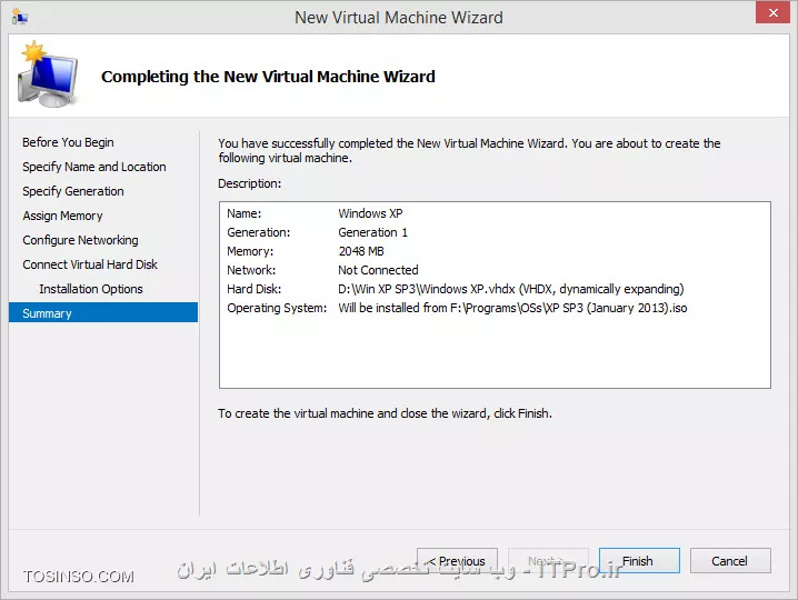 با جلسه دهم از مجموعه آموزش های دوره مایکروسافت و یکی دیگر از قابلیت های جدید و جذاب ویندوز 8 به نام Hyper-V در خدمت عزیزان هستم. مانند همیشه ابتدا معرفی کوتاهی از این قابلیت خواهیم داشت.Hyper-V نام ابزار یا بهتر بگوییم برنامه جدیدی ست که مایکروسافت به تازگی در ویندوز 8 گنجانده است، که به واسطه آن می توان چندین سیستم عامل را به طور همزمان بر روی ویندوز نصب کرد. یعنی Hyper-V افراد را قادر می سازد تا بدون ریستارت کردن کامپیوتر و یا هر گونه تغییری در پارتیشن بندی فعلی هارد دیسک، بتوانند انواع سیستم عامل ها را بر روی کامپیوترشان نصب کنند. 

فرض کنید قصد داریم تا ویندوز XP یا حتی Linux و یا MAC OS را طوری بر روی کامپیوترمان نصب کنیم که نخست هیچ گونه تغییری در پارتیشن بندی هارد دیسک مان ایجاد نگردد، و دوم این که بتوانیم بدون ریستارت کردن کامپیوتر و تنها با چند کلیک ساده وارد محیط لینوکس یا ویندوز XP و دیگر سیستم عامل ها بشویم. در واقع Hyper-V را می توان معادل برنامه VMWare Workstation شرکت VMWare یا دیگر برنامه های مجازی ساز دانست، تنها با این تفاوت که شما بابت نرم افزار  VMWare Workstation چیزی حدود 250 دلار پرداخت می کنید و آن را خریداری می نمایید، اما Hyper-V  مایکروسافت به صورت رایگان در ویندوز 8 گنجانده شده و نیازی به پرداخت هزینه های اضافی نمی باشد.

افراد ممکن است به دلایل گوناگونی از  Hyper-V استفاده کنند، که شاید مهمترین آن را بتوان نصب و اجرای برنامه هایی دانست که دیگر بر روی ویندوز 8 قابلیت اجرا شدن ندارند. به عنوان مثال فرض کنید برنامه ای دارید که فقط بر روی ویندوز XP اجرا می شود و با ویندوز 8 ناسازگار نیست. پس در چنین سناریویی ما با راه اندازی Hyper-V ابتدا ویندوز XP را درون آن نصب، و سپس برنامه مورد نظرمان را بر روی ویندوز XP نصب خواهیم کرد و با برنامه شروع به کار می کنیم. یا در سناریویی دیگر، فرض کنید قصد داریم بدون ریستارت کردن کامپیوتر به ویندوز ویستا برویم که در چنین سناریویی نیز با نصب ویندوز ویستا بر روی Hyper-V این کار نیز برایمان قابل انجام شدن خواهد بود. در مثالی دیگر نیز با اسفاده از Hyper-V می توانیم دیگر سیستم عامل ها از قبیل لینوکس یا Mac OS را نصب کنیم. اجازه دهید تا بیش از این وارد جزییات نشده و به نحوه کار با این قابلیت خارق العاده بپردازیم.

!! *پیش نیازهای Hyper-V*
   - ویندوز 8 نسخه Pro به بالا
   - پردازنده 64 بیتی
   - پشتیبانی پردازنده از فن آوری Virtualization

!! *نحوه نصب Hyper-V بر روی ویندوز 8*
برای شروع به کار، ابتدا بایستی Hyper-V را بر روی کامپیوترمان نصب کنیم. بدین منظور به Control Panel رفته و حالت نمایش آیکون ها را بر روی Category گذاشته و بر روی Uninstall a program کلیک می نماییم.
<center>
||http://tosinso.com/files/get/b6a54a84-cd49-4ec8-9b6a-e75fdcecb805||
<center>
در صفحه بعد که پس از کلیک برایمان باز خواهد شد، بر روی Turn Windows features on or Off کلیک می نماییم
<center>
||http://tosinso.com/files/get/282103b3-171e-49eb-a818-354b0ebb4584||
<center>
سپس با انتخاب و زدن تیک Hyper-V ویندوز شروع به نصب آن بر روی کامپیوتر خواهد نمود
<center>
||http://tosinso.com/files/get/1df8090f-f757-48ac-9c8e-11566cfc1b21||
||http://tosinso.com/files/get/a5a9200f-21de-482a-8c95-969bde3364ed||
<center>
و در پایان آن گونه که در تصاویر زیر نیز مشاهده می کنید، Windows از ما می خواهد تا برای تکمیل عملیات نصب، کامپیوتر را یک بار ریستارت کنیم. ما نیز با زدن دکمه Restart now اجازه می دهیم تا کامپیوترمان ریستارت گردد.
<center>
||http://tosinso.com/files/get/dfadd177-e337-4dc4-b4dd-367ad9496fe1||
<center>
پس از ریستارت شدن کامپیوتر و بارگذاری مجدد ویندوز، با رفتن به منوی استارت و تایپ Hyper برنامه Hyper-V برایمان نمایش داده خواهد شد، که با کلیک بر روی آن، برنامه را باز می کنیم.
<center>
||http://tosinso.com/files/get/fac753cf-0fa1-43dc-933c-c987af103cff||
||http://tosinso.com/files/get/686f1ec7-ec33-400a-8b41-f3ecbd7512d2||
<center>
پس ار باز شدن کنسول برنامه، بایستی طی چند مرحله و طبق توضیحاتی که در زیر آورده شده است، ابتدا فایلی را برای نصب سیستم عاملی دیگر بر روی Hyper-V ایجاد کنیم. بدین منظور از منوی Action  و سپس انتخاب گزینه New  و Virtual Machine اقدام به ساخت فایل مربوطه می نماییم. که در زیر نیز مراحل به صورت گام به گام آورده شده اند: 
همان طور که در شکل زیر نیز می بینید، اولین صفحه توضیحاتی راجع به برنامه Hyper-V می باشد که ما با زدن Next آن را قبول و به صفحه بعد خواهیم رفت
<center>
||http://tosinso.com/files/get/9e5a2d6e-c12d-4bb5-b3a1-74587b1f001b||
<center>
در صفحه بعدی و آن گونه که در زیر نیز مشاهده می نمایید، از ما در مورد سیستم عاملی که قصد نصب آن بر روی Hyper-V را داریم سوالاتی پرسیده شده است، سوالاتی از قبیل مسیر نصب و نیز نام سیستم عامل مربوطه، که با توجه به آن ها در این مثال من نام را XP ، و مسیر نصب آن را نیز درایو D و پوشه Windows XP انتخاب کرده ام. شما نیز بالطبع بر اساس سیستم عاملی که قصد نصب آن بر روی Hyper-V را دارید بایستی اقدام به انتخاب نام و مسیری برای آن کنید.
سپس بر روی Next کلیک کرده تا به صفحه بعد برویم
<center>
||http://tosinso.com/files/get/50281474-7bea-4ef2-b664-78d0ff6b5037||
<center>
در این صفحه (شکل زیر)، با دو گزینه به نام های Generation 1 و Generation 2 مواجه می شویم. توضیح این که اگر قصد نصب سیستم عامل های ویندوز 8، ویندوز سرور 2012، و ویندوز 10 را داشته باشید حتما بایستی از Generation 2 استفاده کنید. در غیر این صورت همان Generation 1 را بایستی انتخاب نمایید. پس از آن جا که در این مثال من قصد نصب ویندوز XP را دارم، گزینه Generation 1 را انتخاب خواهم کرد.
<center>
||http://tosinso.com/files/get/8342ad54-ab53-4836-986d-96114e04a09a||
<center>
قسمت بعد (تصویر زیر) از ما می خواهد تا میزان فضای Ram که تمایل داریم به ماشین مجازی یا همان سیستم عاملی در حال ساخت آن هستیم را وارد نماییم. بایستی توجه داشت که این میزان فضا، با توجه به حجم Ram فعلی موجود بر روی کامپیوتر باید در نظر گرفته شود. پس هر چقدر که از Ram بیشتری بر روی کامپیوترتان برخوردار باشید، متعاقبا می توانید میزان بیشتری را نیز به ماشین مجازی اختصاص دهید. تنها توجه داشته باشید که همیشه سعی کنید میزان فضایی که به Ram ماشین مجازی اختصاص می دهید، از میزان Ram واقعی کامپیوترتان کمتر باشد. بدین معنی که مثلا اگر دارای 8 گیگ Ram بر روی کامپیوتر واقعی مان هستیم، تخصیص 4 گیگ آن به یک ماشین مجازی منطقی به نظر می رسد. گرچه هر چه تعداد ماشین های مجازی که بر روی Hyper-V نصب و سپس اجرا می کنید بیشتر شوند، قاعدتا بایستی یک تعادل نیز در بین آن ها و میزان فضای Ram اختصاصی نیز به وجود آورید.
در مثال زیر من دارای 8 گیگ Ram بر روی کامپیوترم هستم، که به نظر 2 گیگ آن برای این ماشین مجازی (ویندوز XP) کافی به نظر می رسد.
<center>
||http://tosinso.com/files/get/c99f2234-6308-4df9-85c3-7b2f014eeb99||
<center>
در قسمت بعد (تصویر زیر)، از ما خواسته می شود تا کارت شبکه فیزیکی موجود بر روی کامپیوترمان را به Hyper-V معرفی کرده، تا پس از نصب سیستم عامل بر روی آن، بتوانیم از طریق آن با شبکه محلی مان و یا دنیای خارج و اینترنت ارتباط برقرار نماییم. متاسفانه چون در شرایط فعلی هیچ کارت شبکه ای بر روی سیستم من موجود نیست وضعیت Not Connected نمایش داده شده است. ولی چنان چه شما در این قسمت دارای کارت شبکه یا کارت شبکه هایی باشید می توانید آن را انتخاب نموده و از آن در سیستم عامل مجازی تان بر روی Hyper-V نیز بهره مند گردید.
<center>
||http://tosinso.com/files/get/8228b272-e51b-4b2a-9b86-b3572783516c||
<center>
قسمت بعد (تصویر زیر) از ما مسیر و نیز میزان حجمی که تمایل داریم به هارد دیسک ماشین مجازی مان اختصاص دهیم را درخواست می نماید. در مثال زیر من درایو D و نیز میزان حجم 20 گیگابایت را به آن اختصاص داده ام، که شما نیز بر اساس نیاز و سیستم عامل تان می توانید حجم و مسیری متفاوت را انتخاب کنید.
<center>
||http://tosinso.com/files/get/35c2f35c-4d85-4fe6-a3bd-c02a1c9f2b66||
<center>
صفحه بعد (تصویر زیر) از ما آدرس فایل iso یا درایوی که CD و DVD نصب سیستم عامل بر روی آن قرار گرفته است را درخواست می نماید، که من نیز با دادن آدرس فایل iso ویندوز XP و زدن دکمه Next مراحل را ادامه خواهم داد.گرچه همان طور هم که گفته شد شما می توانید به جای دادن آدرس فایل iso، آدرس درایو CD یا DVD ویندوزتان یا هر سیستم عامل دیگرتان بر روی آن قرار گرفته است را به برنامه بدهید. 
<center>
||http://tosinso.com/files/get/44c124d4-6dc2-4cbe-9c40-7e390ab1ca5d||
<center>
و در آخر Hyper-V یک گزارش کلی از آن چه که طی مراحل کانفیگ انجام داده ایم را به ما نمایش خواهد داد. بر روی Finish کلیک می کنیم تا پنجره بسته و مراحل کانفیگ اولیه خاتمه یابد.
<center>
||http://tosinso.com/files/get/9be63223-a7f2-451c-9a4b-67f2b16bb5df||
<center>
حال که تمامی مراحل کانفیگ اولیه به پایان رسیده است، وقت آن می باشد تا با روشن کردن ماشین مجازی، شروع به بوت کردن و نصب سیستم عامل مان که در اینجا ویندوز XP سرویس پک 3 می باشد نماییم. پس با انتخاب ماشین مجازی در کنسول Hyper-V و راست کلیک بر روی آن، و نهایتا زدن Connect ماشین مجازی را روشن و شروع به راه اندازی آن می کنیم.
<center>
||http://tosinso.com/files/get/8f45b290-f8da-4658-a4ec-5f075378508a||
<center>
و آن گونه که در تصویر زیر نیز مشاهده می کنید، با زدن دکمه Start، ویندوز XP در یک محیط مجازی شروع به بوت و نصب شدن خواهد کرد. از این مرحله به بعد نیز کلیه مراحل نصب سیستم عامل کاملا شبیه به آن چه که در محیط های واقعی انجام می پذیرد خواهد بود.
<center>
||http://tosinso.com/files/get/86f1dbc6-1cfe-4133-99a5-22eb67a72a24||
||http://tosinso.com/files/get/f4026776-167b-4e4f-80b1-e15adc78eded||
||http://tosinso.com/files/get/0179d20c-a7af-4930-b1c7-ffcecd2e9747||
||http://tosinso.com/files/get/c451e68c-6d64-4ed9-826c-8bf67a6338d7||
<center>
و در پایان این آموزش، آن گونه که در شکل زیر نیز مشاهده می نمایید، ویندوز XP با موفقیت بر روی ویندوز 8 و مجازی ساز Hyper-V  نصب گردید. اکنون خواهید توانست تا برنامه هایی را که قبلا تنها بر روی ویندوز XP  اجرا می شده اند را علیرغم این که ویندوز فعلی تان ویندوز 8 است، در درون محیط مجازی Hyper-V و ویندوز XP  اجرا کرده و با آنها کار کنیم.
<center>
||http://tosinso.com/files/get/41e54cbf-e145-4798-a409-e1de8a0c248d||
<center>
<left>
شادی و نشاط برای همه دوستان ITPRO
<left>

نویسنده : اسحاق احمدپور
منبع :| جزیره سرویس های شبکه مایکروسافت وب سایت توسینسو::https://tosinso.com/microsoft|
هرگونه نشر و کپی برداری بدون ذکر منبع و نام نویسنده دارای اشکال اخلاقی است