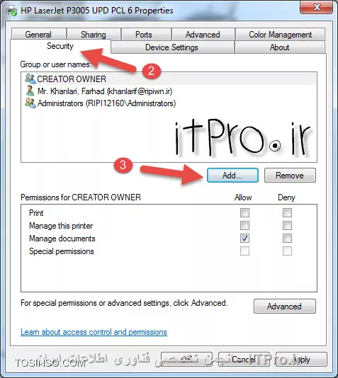 برای Share کردن به ترتیب مراحل زیر را دنبال کنید.
||http://network.tosinso.com/files/get/4629fe39-6678-4d22-b7aa-3db5a08f8dc8||
||http://network.tosinso.com/files/get/00b68741-f5f7-4bfb-803d-0d004a5b037f||
||http://network.tosinso.com/files/get/0c1eb732-94c8-4f1d-80cf-f8b4c9a2bd97||
برای Security نیز تصاویر زیر را دنبال کنید ، برای سریع ترین و مطمئن ترین راه بهتر است یوزر everyone را add کنید تا اطمینان داشته باشید تمام یوزر ها مشکلی با مجوز دسترسی ندارند
||http://network.tosinso.com/files/get/3bd80612-a0ac-4c09-a0bf-04aa498922dc||
||http://network.tosinso.com/files/get/9c3d0b91-a1e3-4348-b0fc-cb409cfe48d0||
||http://network.tosinso.com/files/get/94f7766e-e2b1-4400-a28f-1ee3640732ed||
||http://network.tosinso.com/files/get/448df81d-996d-4fe1-8364-b29ca6a009cc||
موفق باشید
