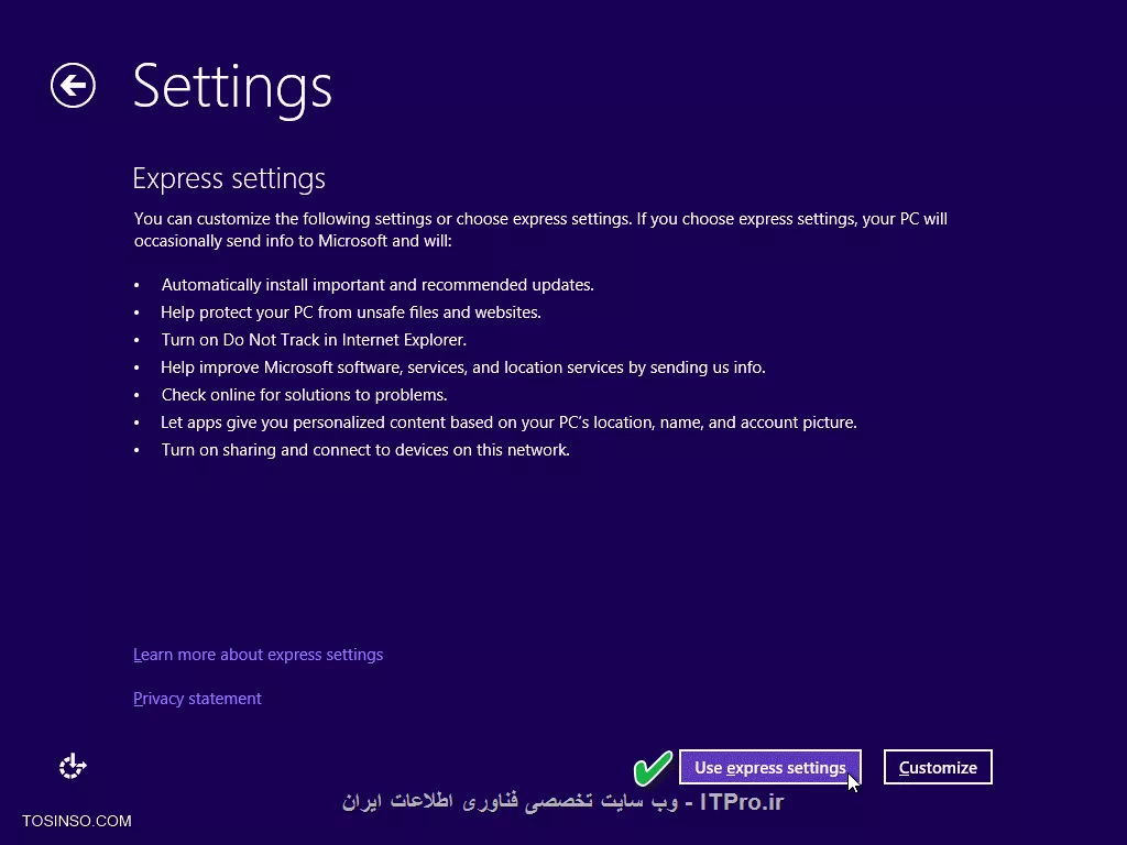 درود به همه دوستان خوب ITPRO ، با سومین جلسه MCSA در خدمت شما عزیزان هستم

!! روش های نصب ویندوز 8
در جلسات پیش به معرفی ویندوز 8 و نیز پیش نیازهای آن و موارد مربوطه پرداختیم. در این جلسه اما بحث اصلی ما حول محور چگونگی نصب ویندوز 8 و نیز نکاتی پیرامون آن خواهد بود. فرض ما در ابن جلسه برای شروع بر این خواهد بود که شما تمامی نکات ضروری پیش از نصب ویندوز 8 را که در جلسات پیش گفته شد رعایت کرده باشید، و اکنون قصد نصب ویندوز 8 را دارید. به طور کلی برای نصب ویندوز 8 بر روی کامپیوتر یا لب تاپ، می توان از یکی از سه روش زیر بهره برد و استفاده کرد:

* نصب از روی DVD ویندوز
* نصب از طریق شبکه و به واسطه ویندوز سرور
* نصب از طریق USB Flash و یا دیگر حافظه های جانبی

ذکر این نکته در اینجا ضروری به نظر می رسد که در هر سه روش فوق، روند کلی کار به یک شکل خواهد بود، تنها در نحوه بوت شدن یا به اصطلاح ساده تر شروع به کار برای نصب است که این سه روش متفاوت از یکدیگر عمل می کنند. پس به فرض این که شما به وسیله یکی از سه روش فوق کامپیوترتان را برای نصب آماده کرده باشید، اکنون زمان آن فرا رسیده تا مراحل نصب را با یکدیگر مرحله به مرحله مرور نماییم.همان طور هم که در بالا اشاره شد اولین گام در نصب ویندوز 8، بوت کردن کامپیوتر به وسیله DVD ویندوز، یا روش های دیگری از قبیل کارت شبکه و حافظه های جانبی می باشد. ولی چون در اینجا تمرکز ما تنها بر روی نصب از طریق DVD می باشد، در نتیجه پس از قرار دادن DVD ویندوز 8 بر روی کامپیوتر و روشن کردن سیستم، با زدن کلید Delete صفحه کلید (یا دیگر کلیدهای تعبیه شده برای این کار)، ابتدا وارد تنظیمات بایوس کامپیوتر شده و First Boot کامپیوتر را بر روی DVD قرار می دهیم. در نهایت تغییراتی را که در بایوس انجام داده ایم ذخیره کرده، و مجدد کامپیوتر را راه اندازی می نماییم تا DVD ویندوز شروع به لود شدن بنماید و عملیات نصب آغاز گردد. 
<center>
||http://tosinso.com/files/get/3c6df564-ed35-4945-ba18-bd6dcc007e01||
||http://tosinso.com/files/get/f5b6cc6d-dee8-4ad4-9152-1bbc51da85d6||
<center>
همان گونه که در دو تصویر بالا نیز مشاهده می کنید، و با تغییر دادن گزینه های بوت کامپیوتر بر روی درایو DVD، اکنون عملیات بوت با موفقیت انجام پذیرفته و ویندوز در حال آماده سازی برای شروع نصب می باشد.
پس از این که کامپیوتر با موفقیت بوت شد، صفحه آغازین نصب ویندوز برای ما ظاهر می گردد، و ما نیز با کلیک بر روی Install Now پروسه نصب را آغاز می نماییم.
<center>
||http://tosinso.com/files/get/210ef757-00e9-47f6-993c-f0ddb7605195||
<center>
در صفحه ای که پس از کلیک بر روی Install Now ظاهر خواهد شد، نسخه ویندوزی را که قصد نصب کردن آن را داریم انتخاب کرده و بر روی Next کلیک می کنیم. همان طور که در تصویر زیر نیز مشاهده می کنید، و به دلیل این که DVD که من قصد نصب از روی آن را دارم تنها دارای یک نسخه از ویندوز 8 می باشد، پس همین یک نسخه را انتخاب می کنم و بر روی Next کلیک می نمایم. 
<center>
||http://tosinso.com/files/get/79b34657-5735-40fb-9296-0bb12c1df420||
<center>
بایستی توجه داشت در صورتی که DVD شما دارای چندین نسخه مختلف از ویندوز 8 باشد می توانید بر حسب نیازهایتان یکی را انتخاب کرده و Next کنید. ضمنا می توانید با مراجعه به |این پست::http://network.tosinso.com/tutorials/32594/%D8%AF%D9%88%D8%B1%D9%87-mcsa-%2870-687%29-%D8%AC%D9%84%D8%B3%D9%87-%D8%A7%D9%88%D9%84| از قابلیت ها و ویژگی های متفاوت هر یک از نسخه های ویندوز مطلع گردید.
<center>
||http://tosinso.com/files/get/ca245ea2-72a7-4513-9df0-fe9a58217732||
<center>
با رویت صفحه بعدی، با زدن تیک گزینه I accept to license terms و سپس فشردن دکمه Next مراحل را ادامه خواهیم داد.
<center>
||http://tosinso.com/files/get/2d18b5e9-9d52-4b77-808e-c3d28fcf5fb1||
<center>
قسمت بعد و در صفحه ای که در بالا مشاهده می کنید، مربوط به انتخاب حالت نصب می باشد. بدین معنی که دو گزینه پیش روی ما خواهد بود: گزینه اول که با Upgrade مشخص شده، بیانگر این است که آیا قصد ارتقا ویندوز فعلی  را دارید؟ اگر این گزینه را انتخاب نماییم تمامی برنامه ها و تنظیمات از ویندوز فعلی که بر روی روی کامپیوترمان نصب می باشد، بدون حذف شدن یا تغییری در آن ها به ویندوز 8 جدید که اکنون قصد نصب آن را داریم منتقل خواهد شد. اما گزینه دوم یعنی Custom: Install Windows only (Advanced) بدین مفهوم می باشد که ویندوزی کاملا جدید و تازه برایمان نصب خواهد گردید. از آنجا که هدف ما نیز همین گزینه بوده و قصد ارتقا از ویندوزهای قدیمی تر مثل 7 یا ویستا را نداریم، پس با انتخاب این گزینه مراحل را ادامه می دهیم.
<center>
||http://tosinso.com/files/get/d42b2577-725c-4783-96d0-8dff8a9c19e1||
<center>
در مرحله بعد و در تصویر بالا، که آخرین مرحله از این قسمت نیز محسوب می شود، بایستی یکی از درایوهای هارد دیسک کامپیوتر را که قصد نصب کردن ویندوز بر روی آن را داریم انتخاب نموده و سپس بر روی Next کلیک کنیم. از آنجا که من تنها دارای یک درایو بر روی کامپیوترم می باشم، پس همان یک درایو را انتخاب کرده و بر روی Next کلیک می نمایم.پس از انجام آنچه که گفته شد و با کلیک بر روی Next عملیات نصب آغاز خواهد گردید، و با توجه به قدرت سخت افزارهایی که بر روی کامپیوترمان داشته باشیم، ممکن است روند نصب بین 15 الی 30 دقیقه به طول بیانجامد. پس شکیبا باشید ...نکته: چنان چه بر روی کامپیوتر دارای هارد دیسکی با حجم بالا باشید، و با رسیدن به بخش انتخاب پارتیشن برای نصب، با کلیک بر روی New اقدام به ساخت چند درایو جدید کرده و تنها بر روی یکی از درایوهای جدید ساخته شده ویندوز را نصب نمایید. 
<center>
||http://tosinso.com/files/get/e871da8d-fd30-47f9-94be-e16552833309||
<center>
عملیات نصب آغاز می گردد ...

<center>
||http://tosinso.com/files/get/c8b94d1f-baa2-48cd-9ffa-ea234456e9a4||
<center>
پس از گذشت مدت زمان طی شده، و اتمام فرایند نصب، اولین اقدامی که ویندوز انجام خواهد داد آماده سازی کامپیوتر برای شروع می باشد. در این مرحله ممکن است کامپیوترمان به طور خودکار یک با چندبار ریستارت گردد. ما نیز کمی صبر می کنیم تا این مرحله هم مانند مراحل پیش با موفقیت به اتمام برسد.
<center>
||http://tosinso.com/files/get/9c91ba6c-942f-4f1e-8214-0966ae5933dc||
<center>
پس از پایان نصب با موفقیت، اولین صفحه ای که برایمان به نمایش در خواهد آمد صفحه ای ست که در بالا مشاهده می کنید. در واقع از این صفحه به بعد ویندوز از ما می خواهد تا اطلاعات شخصی مان از قبیل نام، اسم دلخواه کامپیوتر، و احیانا رمز عبوری را وارد نموده تا پروسه نصب کامل گردد. از این روی ما نیز با توجه به اطلاعات مان همین کار را انجام خواهیم داد.البته بایستی توجه داشت که می توان با انتخاب Use Express Settings که در شکل بالا نیز می بینید، از تکمیل این اطلاعات زمان بر اجتناب کرده و در نهایت تنها یک یوزر برای کامپیوترمان تعریف کنیم. ولی شما اگر دوست داشته باشید می توانید با انتخاب Customize اقدام به شخصی سازی اطلاعات مربوطه نمایید.
<center>
||http://tosinso.com/files/get/df87a208-2b64-439c-bf7d-a689ae11c01a||
<center>
قسمت بعد انتخاب گزینه Local Account برای ساخت یک اکانت بر روی کامپیوتر می باشد. این گزینه را انتخاب کرده و سپس با دادن یک نام دلخواه که معمولا نام خود فرد یا نام شرکت می باشد، در نهایت با زدن دکمه Finish مراحل نصب ویندوز به پابان خواهد رسید. تبریک می گویم! اکنون شما موفق به نصب ویندوز 8 بر روی کامپیوترتان شده اید. امیدوارم آموزشی که در این جلسه خدمتتان ارائه شد، گویا و شفاف بوده باشد. در صورت هر گونه پرسش یا ابهامی در این درس خوشحال خواهم شد آن را شنیده و در رفع اشکالات کمک نمایم.
<center>
||http://tosinso.com/files/get/ca7888d9-b56d-49ca-9105-6cd8df0ca8d8||
<center>
<left>
شاد باشید
<left>

نویسنده : اسحاق احمدپور
منبع :| جزیره سرویس های شبکه مایکروسافت وب سایت توسینسو::https://tosinso.com/microsoft|
هرگونه نشر و کپی برداری بدون ذکر منبع و نام نویسنده دارای اشکال اخلاقی است