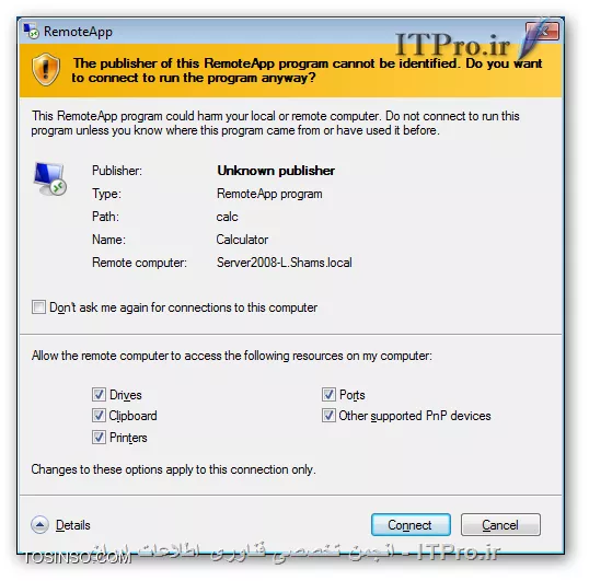 با یکی دیگر از قسمتهای مقالات از سری مقالات آموزش راه اندازی Remote Desktop Services در خدمت شما هستیم. همانطور که در قسمتهای قبل گفته شد راههای مختلفی برای ارائه سرویس Remote Desktop وجود دارد در قسمت قبل گفته شد که چگونه برای یک کاربر تعیین کنیم که هر وقت به سرور Remote زد ، بصورت خودکارتصویر یک نرم افزار خاص در صفحه نمایشگر او نمایان شود تا بتواند از آن استفاده کند .

همانطور که گفته شده بود یکی از بزرگترین محدودیتهایی که این روش دارد که باعث میشود کمتر از آن استفاده شود این است که کاربران در این روش نمیتوانند از چند نرم افزار استفاده کنند و تنها محدود به یک نرم افزاری هستند که مدیر سیستم برای آنان تعیین کرده همچنین به طور همزمان با نام کاربری و رمز عبور خود تنها مجاز به استفاده از یک نرم افزار و برقراری یک Session هستند و نمیتوانند بصورت همزمان از چند نرم افزار استفاده کنند ، اکنون روشی دیگر از روشهای ارائه ی این سرویس را بررسی میکنیم که دیگر این محدودیت را نخواهید داشت و آن هم استفاده از کنسول RemoteApp Manager است این کنسول پس از نصب کرد رول Remote Desktop Session Host در مسیر زیر قابل دسترس است :
<ltr>
Start => Administrative Tools => Remote Desktop Services
<ltr>
همچنین با تایپ عبارت remoteprograms.msc در Run میتوانید آن را اجرا کنید پس از اجرا پنجره این به شکل زیر مشاهده میکنید ...
||http://tosinso.com/files/get/40f01d21-394c-4db2-907b-795c838cea2a||
همانطور که مشاهده میکنید در این پنجره در قسمت Overview یک وضعیت کلی از این سرویس نمایش داده شده و در پایین ، در قسمت RemoteApp Programs میتوانید لیست نرم افزارهای Publish شده را مشاهده و آنها را ویرایش کنید شما با استفاده از امکاناتی که در این کنسول هست میتوانید نرم افزارهای خود را Publish کرده و از هر کدام از نرم افزارها یک فایل درست کرده که کاربران به بوسیله آن میتوانند به سرور وصل شده و از نرم افزار مربوطه استفاده کنند ، فایلهایی که با استفاده از روش فوق میتوانید ایجاد کنید با دو پسوند RDP و MSI هستند و هر کدام خواصیتهای خود را دارد که در ادامه راجع به هر دو آنها و روش ایجادشان صحبت میکنیم . قدم اول در پابلیش نرم افزارها این است که آن را در لیست RemoteApp Programs اضافه کنید برای اینکار در سمت راست تصویر Add RemoteApp Programs را پیدا کرده و کلیک کنید تا پنجره ای به شکل زیر مشاهده کنید
||http://tosinso.com/files/get/afba1c86-63ac-40ba-8cca-69fe03d0e168||
پنجره اول که طبق معمول خوش آمدگویی و یک سری توضیحات دیگر هست ،Next  میکنیم
||آموزش Remote Desktop Services در Windows Server 2008 R2::http://tosinso.com/files/get/976bb9bb-569f-4dc0-9626-0641c4b0db06||
در این مرحله نرم افزارهایی که تصمیم دارید Publish کرده و در اختیار کاربرانتان قرار دهید را انتخاب کنید در صورت نصب نرم افزار جدید ، آن را میتوانید در این لیست مشاهده کنید ، در صورت عدم مشاهده آن میتوانید با زدن دکمه Browse آدرس نرم افزار را داده تا در لیست اضافه و قابل استفاده گردد. پس از انتخاب نرم افزارها Next کنید ...
||http://tosinso.com/files/get/ca798346-4568-4e0a-b440-4748654b6b36||
و در نهایت Finish را میزنیم همانطور که در تصویر زیر مشاهده میکنید نرم افزارهایی که انتخاب کردیم در قسمت RemoteApp Programs  قابل مشاهده ، ویرایش و یا حذف هستند و با حذف هر کدام از آنها کاربران دیگر قادر به استفاده از نرم افزار نخواهند بود.
||http://tosinso.com/files/get/a0001ac0-7c9c-464f-8bfc-35e50d5fb7b6||
تا اینجا نرم افزارهای ما برای استفاده آماده هستند ولی حال باید برای کلاینتها یک فایل درست کنیم که بوسیله آن بتوانند به سرور متصل شده و از نرم افزار استفاده کنند.  این فایلها شامل فایلهای rdp و msi میباشند.

!! فایلهای RDP 
این فایلها توسط مدیر و با استفاده از کنسول RemoteApp Manager ساخته شده و جهت استفاده بایستی در اختیار کلاینتها قرار گیرد هر کدام از این فایلها به یک نرم افزار میتوانند اشاره کنند این فایلها را به هر طریقی میتوانید در اختیار کاربران قرار دهید که این بستگی به سلیقه و محیط کاری شما دارد مثلا از طریق یک پوشه به اشتراک گذاری شده در شبکه فایلهای RDP را در اختیار کاربران قرار دهید کاربران بعد از اجرای این فایل بایستی نام کاربری و رمز عبور خود را وارد کنند تا عملیات احراز هویت انجام شود و بعد از آن به نرم افزار مورد نظر هدایت میشوید برای ساختن آن در قسمت RemoteApp Programs روی نرم افزار مورد نظرتان راست کلیک کرده و از منوی باز شده گزینه Create .rdp File را انتخاب کنید تا پنجره زیر را مشاهده کنید
||http://tosinso.com/files/get/2e3a0cf2-9248-4c5f-b2ce-183f4f284519||
پنجره اول که طبق معمول خوش آمدگویی و یک سری توضیحات دیگر هست ،Next  میکنیم
||http://tosinso.com/files/get/a98d8432-9943-4874-9a01-fc4a45348517||
در این مرحله در قسمت بالا یعنی جایی که نوشته شده Enter the location to save packages: آدرسی که فایل خروجی در آن قرار گیرد را از شما میخواهد. در قسمت پایینتر یعنی RD Session Host server settings با زدن دکمه Change میتوانید نام سرور و همچنین پورت مورد نظر برای Remote Desktop را جهت ارتباط کلاینت با سرور مشخص کنید ، بطور پیشفرض پورت استفاده از Remote Desktop برابر 3389  میباشد اما ممکن است برای بالابردن امنیت شماره آن تغییر داده شده باشد که بدینصورت میتوانید شماره جدید پورت را جهت ارتباط کلاینت با سرور وارد کرده و یکسان سازی کنید تا کلاینتها هم بوسیله پورت جدید و حقیقی بتوانند با سرور ارتباط برقرار کنند ، و در نهایت در قسمت Certificate settings هم در صورت نیاز میتوانید از الگوریتم رمز نگاری برای برای ارتباط کلاینتها با سرور استفاده کنید این خود میتواند مقاله ای جداگانه باشد و با توضیح آن از مبحث اصلی دور میشویم پس آن را به حالت پیشفرض رها میکنیم. Next زده و به مرحله بعد میرویم ...
||http://tosinso.com/files/get/4297cd03-dc58-4f8b-8bf0-918770e276ce||
و در نهایت Finish را میزنیم. پس از آن یک فایل RDP ساخته شده که کلاینتها با اجرای آن به سرور وصل شده و تصویر نرم افزار مربوطه را مشاهده کرده و از آن استفاده میکنند. کلاینتها وقتی یک فایل RDP را اجرا میکنند با پنجره ای به شکل زیر روبرو میشوند :
||http://tosinso.com/files/get/9ca3e86e-50f2-4705-bd81-e653e263fee8||
همانطور که مشاهده میکنید در این پنجره یک سری اطلاعات در مورد نرم افزار Publish شده در اختیار کاربر قرار میگیرد همچنین کاربر میتواند با کلیک بر روی Details این صفحه را گسترش دهد ، در این پنجره کاربر میتواند مشخص کند که چه منابعی از کامپیوتر خودش را پس از Remote زدن به سرور میتواند مشاهده کند مثلا با انتخاب Drives میتواند درایوهای کامپیوتر خود را پس از ریموت زدن در سرور مشاهده کند.
شما میتوانید کاربران را در استفاده از منابع کامپیوتر خود در سرور محدود کنید ، برای این کار در کنسول RemoteApp Manager در سمت راست تصویر روی گزینه RD Session Host Server Settings کلیک کرده و در پنجره باز شده وارد تب Common RDP Settings شوید در این سربرگ در قسمت Devices and resources میتوانید تعیین کنید که کلاینتها پس از اجرای فایل RDP خود ، چه منابعی از کامپیوتر خود را پس از ریموت زدن به سرور جهت مشاهده بتوانند انتخاب کنند.
||http://tosinso.com/files/get/6e2a92dc-b8cf-4940-af00-09b9be7d22ea||
به عنوان مثال ما در تصویر بالا Disk drives را غیر فعال کرده ایم ، این باعث خواهد شد که کلاینتها در زمان ریموت زدن در قسمت انتخاب منابع نتوانند چک باکس Drives را مشاهده و انتخاب نمایند در نتیجه به اجبار درایوهای خود را پس از ریموت زدن نمیتوانند مشاهده کنند.
نکته : پس از اینکه تغییراتی که در بالا گفته شد را در تنظیمات RemoteApp Manager در سرور انجام دادید ، در فایلهایی RDP و MSI که از آن لحظه به بعد ساخته میشوند این تغییرات قابل مشاهده است و کاربرانی که از قبل ، فایلهای RDP و یا MSI را در اختیار داشته اند این تغییر در تنظیمات را مشاهده نمیکنند و بایستی از فایلهایی که پس از اعمال تنظیمات در سرور ساخته شده اند استفاده کنند.

!! فایلهای MSI  
این فایلها توسط مدیر و با استفاده از RemoteApp Manager ساخته میشوند و در نهایت به شکل یک فایل قابل نصب Windows Installer package قابل دسترس هستند، این فایل را کلاینتها میتوانند در کامپیوتر خود نصب کنند و پس از نصب بطور پیشفرض در مسیری مشابه C:\Program Files (x86)\RemotePackages قابل مشاهده هستند . این فایل در کلاینت نصب شده و مانند نرم افزاری که Install میشود ، فایل اتصال گر کلاینت با سرور جهت اجرای نرم افزار را درمسیر گفته شده در اختیار کاربر قرار میدهد، از خواص این فایلها این هست که پس از نصب میتوان آن را Uninstall کنید و این کار با رفتن به Programs and Features یعنی تایپ عبارت appwiz.cpl قابل انجام است. پس از نصب ، یک فایل RDP در مسیری مشابه C:\Program Files (x86)\RemotePackages ایجاد شده و یک  Shurtcut از آن در Start menu و یا Desktop ایجاد میشود. 

و کاربر با اجرای آن با پنجره ای مشابه پنجره ی مربوط به فایلهای RDP مواجه میشود و پس از زدن دکمه Connect و وارد کردن نام کاربری و رمز یک Session در سرور ایجاد شده و نرم افزار جهت استفاده کاربر به نمایش درخواهد آمد، روش استفاده از نرم افزار در فایلهای MSI شباهت بسیار زیادی به فایلهای RDP دارد تنها تفاوتی که به چشم میخورد این است که فایلهای msi را در ابتدا بایستی نصب کرد تا بتوان از آن استفاده کرد ولی فایلهای RDP در همان ابتدا قابل اجرا هستند و نیازی به نصب ندارند. با خواندن مطلب تا به اینجا و با دانستن اینکه برای نصب فایلهای msi بایستی کاربر دسترسی مدیریتی داشنه باشد اولین فکری که به ذهن شما میرسد این هست که اصلا چه دلیلی دارد که ما بخواهیم از فایلهای msi استفاده کنیم!!! فایل msi به درد نمیخورد !!! ولی فایلهای msi خواصی دارند که با دانستن آنها نظر شما را راجع به خود عوض میکنند، تا به حال با خواندن این قسمت مقاله به این ننتیجه رسیده اید که کاربران برای استفاده از نرم افزارهای موجود در سرور بایستی از فایلهای RDP و MSI استفاده کنند و در صورت دسترسی نداشتن به این فایلها نمیتوانند نرم افزارهای Publish شده را اجرا کنند .

پس از Publish نرم افزارها بایستی فایلهای RDP را به تک تک کاربران در شبکه خود بدهیم، یکی از خواص فایلهای MSI این است که میتوان آنها را از طریق Group policy در شبکه خود بر روی کلاینتهای مورد نظر و بصورت مرکزی نصب کنید و در صورت نیاز حذف کنید ،  به عبارتی دیگر می توانید آنها را بدون اینکه کاربران شما در شبکه متوجه این موضوع شوند مانند یک نرم افزار Install کنید . پس از نصب نرم افزار کاربران با اجرای فایل نهایی که پس از نصب با پسوند rdp خواهد بود و یک Shortcut از آن در Start menu و یا Desktop هم ایجاد میشود بصورت اتوماتیک به سرور ریموت زده و احراز هویت کرده و از نرم افزار مورد نظر استفاده می کنند. خب با هم روش ساخت فایلهای msi را بررسی میکنیم. برای ساخت فایل msi در پنجره RemoteApp Manager و در قسمت RemoteApp Programs روی نرم افزار مورد نظرتان راست کلیک کرده و از منوی باز شده گزینه Create Windows installer package را انتخاب کنید تا پنجره زیر را مشاهده کنید
||http://tosinso.com/files/get/c68126b5-4605-4cd9-85ce-a558c714b31d||
پنجره اول که خوش آمدگویی و یک سری توضیحات دیگر هست ،Next  میکنیم
||http://tosinso.com/files/get/5de861b7-e1a4-4efc-b229-d357be259658||
این مرحله مشابه همان مرحله ایست که در ساخت فایل RDP مشاهده کردیم و توضیحات آن یک بار در بالا داده شده... Next میکنیم
||http://tosinso.com/files/get/a6c0c635-9720-4c3c-8b4c-daa8de9adeb3||
در این مرحله در قسمت Shortcut icon اگر چک باکسهای Desktop و یا Start menu folder را علامت بزنید نرم افزار شما پس از نصب ، یک Shortcut در Start menu و یا Desktop قرار میدهد ، Next کرده
||آموزش Remote Desktop Services در Windows Server 2008 R2::http://tosinso.com/files/get/9381393d-1b6f-4ef3-9b39-d161cca56b5a||
و در نهایت Finish میکنیم. و در نهایت فایل ما با پسوند *.msi ساخته میشود و میتوان از آن استفاده کرد

*نتیجه گیری :*
در این قسمت از این سری مقالات روش ساخت فایلهای rdp و msi و روش استفاده از آنها را توضیح دادیم از خواص استفاده از این فایلها این است که کاربران بسته به نیاز خود و با اختیار خود میتوانند نرم افزارهایی که مدیر در اختیارشان قرار داده را انتخاب بدون محدودیت تعداد اجرا کنند همچنین در صورت نیاز کاربرانی که از طریق مدیرشبکه Delegate شده اند و نقشهای مدیریتی به آنها واگذار شده و بنا به وظایف خود لازم است که به سرور ریموت زده و از کنسولهای مدیریتی آن استفاده کنند هم به راحتی میتوانند این کار را انجام داده و Remote Desktop Services تداخلی در این کار بوجود نمی آورد تا به حال هرچه صحبت کردیم راجع به رول Remote Desktop Session Host بوده.

در قسمت بعد این مقاله راجع به رول Remote Desktop Web Accessصحبت خواهیم کرد و روش در اختیار گذاشتن این نرم افزارها را از طریق Web به شما آموزش خواهیم داد کاربران با این روش میتوانید از طریق مرورگر خود نرم افزارهایی که توسط مدیر Publish شده را مشاهده کرده و بنا به نیاز آنها را اجرا کنید که با استفاده از این روش دیگر نیازی نیست که فایلهای rdp در اختیار کاربران گذاشته شوند و یا از طریق Group Policy فایلهای msi بر روی کلاینتها نصب گردند و دیگر مدیر شبکه دغدغه ی اینکه چگونه فایلهای rdp را در اختیار کلاینتها قرار داده و یا اینکه فایلهای msi را بر روی کللاینتها نصب کند را نخواهد داشت و کلاینتها از طریق مرورگر وب خود میتوانند به آدرس URL از پیش تنظیم شده رفته ، احراز هویت کرده و نرم افزارهای مجاز برای استفاده را مشاهده و اجرا کنند تا به سرور ریموت زده شده و تصویر نرم افزار مد نظر خود را مشاهده و از آن استفاده کنند پس با ما همراه باشید...

نویسنده : سعید شمس آبادی
منبع : |جزیره راهکارهای مجازی سازی وب سایت توسینسو::https://tosinso.com/virtualization|
هرگونه نشر و کپی برداری بدون ذکر منبع و نام نویسنده دارای اشکال اخلاقی می باشد.