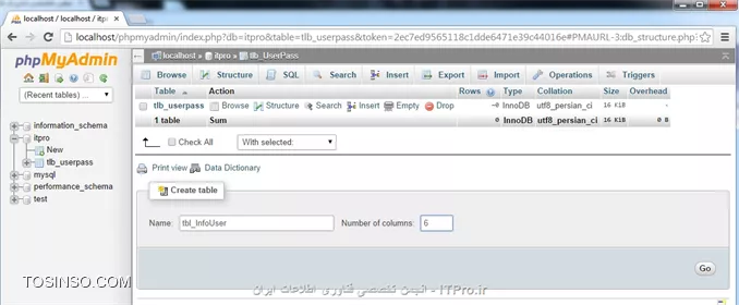 سلام به همه دوستداران  ITPro  ، تو این قسمت میخوایم یه جدول توی دیتابیس ایجاد کنیم واسه ذخیره اطلاعاتی که کاربران زمان ثبت نام وارد میکنن و یه استایل کوچیک هم مینویسیم . تمام فایلهایی که تا الان واسه وب سایت درست کردیم میتونید از این |لینک::http://www.mediafire.com/download/274xa4r479vq987/ITPro.ir_Part2.rar| دانلود کنید . خوب در ابتدا یه تغییر کوچیک توی سایت میدیم و سایت آماده میکنیم واسه کارایی که امروز میخوایم روش انجام بدیم .یه فولدر بنام Pic توی سایت میسازیم و دو تا عکس (از اینجا |دانلود::http://www.mediafire.com/download/b3vnn69nn8e4r1c/pic.rar| کنید) توش کپی میکنیم .خوب حالا هدر سایت تغییر میدیم :
<htm>
                 .
                 .
                 .
<body>
	
    <div id=WhoLogin>
    	<div>
        	<ul>
                <li class=Right id=Login>
                    <a href=#>ورود</a>
                </li>
                <li class=Right id=Username>
                    <a href=#>نام کاربری</a>
                </li>
                <li class=Right id=Letter>
                    <img src=Pic/Letter.png />
                </li>
                <li class=Right id=Message>
                    <img src=Pic/warning.png />
                </li>
                <li class=Right id=Post>
                    <a href=#>ارسال مطالب</a>
                </li>      
                <li class=Left>
                    <input type=text id=txt_search name=txt_search value=جستجو ... />
                </li>
        	</ul>
        </div>
    </div>
    <div id=Header>
    	
    	<div id=SingUp>
                 .
                 .
                 .
<htm>
در بالا میبینید که من یه تگ div بنام  WhoLogin ایجاد کردم و توی این تگ، چند تا تگ دیگه ایجاد کردم .
خروجی :
||https://tosinso.com//files/get/ef6d99a4-8d05-42fb-993d-3b8198fbccd5||
خوب حالا میایم و یه استایل بهش میدیم پس کدهای زیر رو به ادامه کدهای header.css اضافه میکنیم .
<css>
#WhoLogin
{
	background-color: #6260b6;
	margin: 0 auto;
}

#WhoLogin div
{
	margin: 0 auto;
	width: 1200px;
	height: 40px;
	background-color: #6260b6;
	direction: rtl;
}

#WhoLogin ul
{
	list-style-type: none;
}

#WhoLogin li.Right
{
	float: right;
}

#WhoLogin li.Left
{
	float: left;
}
<css>
خروجی :
||https://tosinso.com//files/get/0f0b0620-8b93-42c7-ac39-226c94443074||
از سمت چپ یه فاصله به textbox (جستجو) میدیم و یه فاصله هم به شی های سمت راست صفحه میدیم .
<css>
margin-left: 20px;
<css>
کد بالا رو به قسمت WhoLogin li.Right# اضافه میکنیم .
کد پایید به قسمت WhoLogin li.Left# اضافه میکنیم .
<css>
margin-left: 70px;
<css>
از بالا یه فاصله به تماممی تگهای <li> میدیم ، کد زیر اضافه میکنیم .
<css>
#WhoLogin li
{
	line-height: 40px;
}
<css>
بوسیله کد زیر رنگ و فونت و رنگ لینکهای ورود و ارسال مطالب عوض میکنیم و بصورت دکمه درشون میاریم . کد زیر هم اضافه میکنیم :
<css>
#WhoLogin li#Login a, #WhoLogin li#Post a
{
	text-decoration: none;
	color: #CCC;
	font: Arial, Helvetica, sans-serif;
	font-size: 14px;
	font-weight: bold;
	
	padding: 7px 20px;
	border: 1px solid #999;
	background-color: #3f44a0;
}
<css>
یکمی هم دو عکس کوچیک میکنیم و یه فاصله از بالا بهش میدیم ، کدهای زیر اضافه میکنیم .
<css>
#WhoLogin #Message img
{
	width: 25px;
	margin: 8px 0 0 0;
}

#WhoLogin #Letter img
{
	width: 30px;
	margin: 7px 0 0 0;
}
<css>
خروجی :
||https://tosinso.com//files/get/b169c2dc-764a-47d8-bfd3-0e846e70d3b4||
خوب الان یه استایل به textbox (جستجو) و  لینک نام کاربری میدیم ، کدهای زیر اضافه میکنیم .
<css>
#WhoLogin #Username a
{
	text-decoration: none;
	color: #CCC;
	font: Arial, Helvetica, sans-serif;
	font-size: 15px;
	font-weight: bold;
}

#WhoLogin #txt_search
{
	color: darkgrey;
	height: 22px;
	width: 230px;
}
<css>
||https://tosinso.com//files/get/076a30a9-99f3-4c5d-a02e-aff001a65d90||
واسه اینکه اون فضای خالی بالا از بین بره، کد زیر اضافه میکنیم به قسمت SingUp ul# :
<css>
margin: 0;
<css>
خروجی :
||https://tosinso.com//files/get/f779506d-b225-4696-9b70-668e083d573c||
خوب الان میایم زوم میکنیم ببینیم همه چی درسته ؟!
||https://tosinso.com//files/get/8645571a-b0d1-403a-a96a-18cf647de673||
خوب مثل اینکه درست کار میکنه و با زوم کردن قالب سایتمون بهم نمی ریزه .
حالا میایم border-bottom اضافه میکنیم به قسمت WhoLogin#  .
<css>
border-bottom: 1px solid #5d26a0;
<css>
یه خروجی میگیریم .
||https://tosinso.com//files/get/f8c6daf3-5808-4587-bb59-e07fb8f87cfa||
دوباره میایم زوم میکنیم ببینیم این بارم جواب میگیریم یا نه!!
||https://tosinso.com//files/get/f957292f-b6e8-4cf0-87c7-ef5dc635becb||
:-(  مثل اینکه یه جای کارمون درست انجام ندادیم .
این بخاطر اینه که عرض تگ <div> بنام WhoLogin بزرگ نمیشه پس میایم و کد زیر رو اضافه میکنیم به قسمت WhoLogin# .
<css>
min-width: 1200px;
<css>
||https://tosinso.com//files/get/a53f4d5a-250b-476a-8f97-431bd6e7996d||
:-)  درست شد .
خوب الان یه استایل مینویسیم تا زمانی که نامه و پیغامی گیرمون میاد زبر دو تا عکس تعداد نامه و پیغام بهمون نشون بده ،فرض کنیم که یه پیغام داریم و 2 تا هم نامه .در ابتدا یه تغییر کوچیک توی header.php میدیم .
<htm>
                      .
                      .
                      .
</li>
                <li class=Right id=Letter>
                    <div id=Num_Letter><label class=Number>2</label></div>
                    <img src=Pic/Letter.png />
                </li>
                <li class=Right id=Message>
                	<div id=Num_Message><label class=Number>1</label></div>
                	<img src=Pic/warning.png />
                </li>
                <li class=Right id=Post>
                      .
                      .
                      .
<htm>
دو تگ <div> بنامهای  Num__Letter  و  Num__Message  میسازیم که توشون یه label میزاریم .
خروجی :
||https://tosinso.com//files/get/7d3924d4-947b-42a5-8246-30269f65d0b7||
خوب واسه اینکه این بهم ریختگی درست بشه کد زیر اضافه میکنیم .
<css>
#WhoLogin #Num_Letter, #WhoLogin #Num_Message
{
	position: absolute;
}
<css>
یه بار دیگه خروجی میگیریم :
||https://tosinso.com//files/get/e3779315-5d34-4e33-a8c7-ff2d1dd1ca6f||
دو تا عکس و textbox (جستجو) پشت این دوتا عدد قرار دارن، واسه اینکه بهتر بفهمید میایم border میزاریم واسه این عدد ها .کد زیر رو به قسمت WhoLogin #Num__Letter, #WhoLogin #Num__Message# اضافه میکنیم .
<css>
border: 2px solid green;
<css>
کد زیر رو اضافه میکنیم .
<css>
#Num_Letter .Number, #Num_Message .Number
{
	border: 2px solid red;
}
<css>
||https://tosinso.com//files/get/6400ee62-426b-4a42-864c-ea42ffb09252||
حالا که متوجه شدید این دو تا border حذف کنید .خوب الان میایم عرض و ارتفاع تگ <div> بنامهای Num__Letter  و  Num__Message کوچیک میکنیم، background-color بهش میدیم و وسط چینش میکنیم تا مشکلات بالا رفع بشه .کدهای زیر رو به ادامه قسمت WhoLogin #Num__Letter, #WhoLogin #Num__Message# اضافه میکنیم .
<css>
width: 16px;
height: 16px;
border: 2px solid #67000a;
background-color: #a4000f;
text-align: center;
<css>
خروجی :
||https://tosinso.com//files/get/42292834-e4e5-4ff0-b537-7ee7121c7da0||
کمی بهتر شد ، حالا میایم کمی بهترش میکنیم ، کد زیر به ادامه قسمت Num__Letter .Number, #Num__Message .Number# اضافه میکنیم .
<css>
padding-right: 2px;
font-family: Arial, Helvetica, sans-serif;
font-size: 13px;
color: #FFF;
line-height: 17px;
<css>
خروجی :
||https://tosinso.com//files/get/6676bf60-d3d2-42c6-8dbf-1d1f0d474d27||
خوب الان میایم گردش میکنیم و یه خورده میاریمش پایین سمت چپ ،
 کد زیر رو به ادامه قسمت  WhoLogin #Num__Letter, #WhoLogin #Num__Message#  اضافه میکنیم .
<css>
border-radius: 50px;
margin: 20px 12px 0 0;
<css>
خروجی :
||https://tosinso.com//files/get/6a5b8cb9-823d-4919-9760-0e4b08ed912e||
الان خیلی بهتر شد ، فعلاً نامه یا پیغامی نداریم باید جدول نامه و پیغام و... درست کنیم و با کد نویسی تعدادشو محاسبه کنیم اینو فعلاً مخفی میکنیم و به موقش دوباره روش کار میکنیم .کد زیر رو به ادامه کدهای قسمت WhoLogin #Num__Letter, #WhoLogin #Num__Message#  اضافه میکنیم .
<css>
display: none;
<css>
خروجی :
||https://tosinso.com//files/get/4a4a7a26-c53c-4f26-a1ce-fc01d7b58f71||
عنوان سایت خیلی خوب نیست، یه تغییر توی عنوان سایت میدیم ، تگ <div> بنام SingUp (توی فایل header.php) بصورت زیر تغییر میدیم .
<htm>
<div id=SingUp>
    <ul>
        <li id=title>
            ITPro.ir
        </li>
        <li>
            <input type=button id=Btn_SingUp value=ثبت نام name=Btn_SingUp />
        </li>
        <li id=title2>
            <a href=https://tosinso.com/>انجمن تخصصی فن آوری اطلاعات ایران</a>
        </li>
    </ul>
</div>
<htm>
کدهای زیر رو ادامه کدهای header.css اضافه میکنیم .
<css>
#SingUp #title2
{
	margin-left: 20px;
}

#SingUp #title2 a
{
	color: #fff;
	text-decoration: none;
	font-family: Arial, Helvetica, sans-serif;
	font-size: 20px;
	text-shadow: 0px 0px 10px #FFF;
}
<css>
تغییر قسمت SingUp #title# بصورت زیر :
<css>
margin-right: 650px; 
margin-left: 60px;
<css>
تغییر در header.php بصورت زیر :
<htm>
                     .
                     .
                     .
<div id=WhoLogin>
    	<div>
        	<ul>
                <li class=Right id=Login>
                    <a href=Login>ورود</a>
                </li>
                <li class=Right id=Username>
                    .
                    .
                    .
<htm>
href دکمه ورود برابر Login قرار دادیم .
<htm>
                     .
                     .
                     .
<div id=MainMenu>
            <ul>
                <li>
                    <a href=Index>خانه</a>
                </li>
                <li>
                    <a href=#>انجمن</a>
                </li>
                     .
                     .
                     .
<htm>
دکمه ورود رو به دکمه انجمن تغییر دادیم و فعلا href  برابر # قرار دادیم .
||https://tosinso.com//files/get/d0e0ea97-7ba1-414b-b088-b8c5bf8b964c||

تمام فایلهایی که تا الان واسه وب سایت درست کردیم (به همراه کارای این قسمت) میتونید از این |لینک::http://www.mediafire.com/download/iov86jzsm631k7a/ITPro.ir_Part3.rar| دانلود کنید . 
خوب یه جدول بنام tbl__InfoUser واسه ثبت اطلاعات کابران ایجاد میکنیم بصورت زیر :
||https://tosinso.com//files/get/9ca65a18-20db-415c-bf3e-e8adbebab3ee||
||https://tosinso.com//files/get/4aa3434b-6d9c-4ecc-88b1-2f5cbb32807e||
من واسه راحتی کار دستور sql نوشتم ، اولین دستور واسه ایجاد کردن دیتابیس (البته اگه تا الان ایجادش نکردید) و دومین دستور واسه ایجاد کردن جدول مورد نظرمون هست .
<sql>
CREATE DATABASE ITPro COLLATE=utf8_persian_ci
<sql>

<sql>
CREATE TABLE tbl_InfoUser(ID INT NOT NULL AUTO_INCREMENT,PRIMARY KEY(ID),Username VARCHAR(10) NOT NULL,Name VARCHAR(30) NOT NULL,Family VARCHAR(10) NOT NULL,Email VARCHAR(70) NOT NULL,Sex boolean NOT NULL) ENGINE=InnoDB COLLATE=utf8_persian_ci
<sql>

میخواستم توی این قسمت با جدول که در بالا ساختیم کار کنیم که آموزش خیلی طولانی شد، میزاریمش واسه قسمت یعدی ، امیدوارم از این آموزش هم استفاده لازم برده باشید .

نویسنده : مهدی رزمجویی
منبع : |جزیره طراحی و توسعه وب وب سایت توسینسو::https://tosinso.com/web|
هرگونه نشر و کپی برداری بدون ذکر منبع و نام نویسنده دارای اشکال اخلاقی می باشد