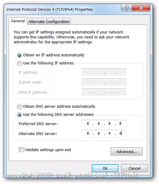 تنها اون کفایت نیست
 تو IPV4 باید 
8.8.8.8
8.8.4.4

||http://network.tosinso.com/files/get/9ce69a87-b260-4f7b-8fbc-a7c63a28c6d6||

تو IPV6 باید 
2001:4860:4860::8888
2001:4860:4860::8844 

 استفاده کنی 