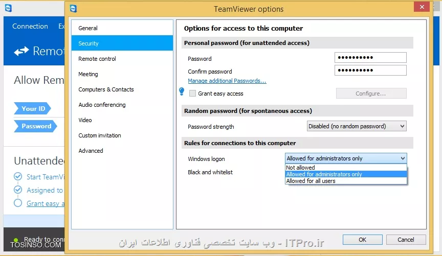 با سلام و خسته نباشید
من در برنامه TeamViewer در عکس زیر نمی دانم که سه گزینه مورد نظر در windows logon چه کاری انجام می دهد اما می دانم گزینه زیر آن ایمیل ها را بلاک می کند ممنون می شوم توضیح دهید.

||http://tosinso.com/files/get/9cf3333c-fabf-4fd0-9508-f4d683f25c89||
با تشکر از شما