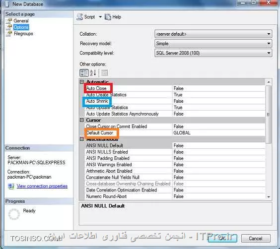 روی Data base ای که میخوایی محدودیت اعمال کنی راست کلیک کن و peroperties رو بزن و گزینه Permission رو انتخاب کن
||http://dba.tosinso.com/files/get/a3695469-3677-435b-8929-4bb92ba443f0||
یوزر مورد نظر رو انتخاب کن و در قسمت پایین در تصویر فوق هر محدودیتی که دوست داری رو اعمال کن
من تنظیمات جالب تری رو در ادامه میگم شاید به درد شما هم بخوره
میتونید هم موقع ایجاد یک Data base و هم بعد از ایجاد Data base محدودیت اعمال کنیم روی Database مورد نظر راست کلیک کرده و به  قسمت Options می رویم.  در این بخش است که میتوانیم تعیین کنیم که اختیارات Database و کاربر آن به چه صورتی باشد.
به شکل زیر توجه کنید:
||http://dba.tosinso.com/files/get/9d3fe424-5255-4230-91a8-0eb20168d022||
 در شکل بالا در قسمت Collation ما میتوانم تعیین کنیم که نوع نوشتاری و همچنین UniCode و موارد دیگر مثل فونت ها و زبان ها به چه صورت باشد که در بیشتر مواقع و در کشور ایران، Collation را از نوع Arabic انتخاب می کنیم.
در قسمت Recovery Model شل و مدل بازیابی اطلاعات را میتوانیم تعیین کنیم که به صورت کامل (Full) باشد یا موارد دیگر. که حالت Full بهترین حالت است.
در قسمت Compatibility Level میتوانیم سطح انطباق پذیری را تعیین کنیم که با کدان یک از ورژن های Sql server هماهنگی و انطباق پذیری را داشته باشد که برای مثال میتوانیم نوع آن را Sql server 2000 انتخاب کنیم که در این محیط به راحتی جداول موردنظر باز شوند یا مثلا 2005 یا 2008 انتخاب کنیم که در این قسمت Sql server 2008 را انتخاب میکینیم.
در قسمت Other Options  ما تنظیمات دیگری را داریم.
گزینه Auto Close را داریم که در مقابل آن می توانیم True یا False را انتخاب کنیم که آیا به صورت اتوماتیک جداول ما بسته شوند یا خیر.
در قسمت Auto Shrink تعیین میکنیم که مقادیر در داخل فیلدها و جدول ها به صورت اتوماتیک گنجاده شوند یا خیر.
در قسمت Default Curser ما میتوانیم شکل مکان نما را تغییر دهیم .
مثلا در قسمت Page Verify برای ما تعیین میشود که صفحه شناسایی شده برای بازیابی چه چیزی باشد.
*در قسمت Database Read-Only تعین میکنیم که دیتابیس ما فقط خواندنی باشد یا بتوانیم آن را تغییر دهیم یا در قسمت Encryption Enable تعیین میکنیم که دیتابیس ما حالت رمزگشایی و رمزگذاری داشته باشد یا خیر*
و موارد دیگر در این قسمت که میتوانیم به تعریف آن ها بپردازیم.
وارد قسمت Filegroups میشویم در این قسمت تعیین میکنیم که نوع و ساختار گروه بندی فایل ها به چه صورت باید باشد.
با دکمه Add میتوانیم یک بخش جدید را به این قسمت وارد کنیم و با دکمه Remove میتوانیم یک بخش را حذف کنیم.
به شکل زیر توجه کنید:
||http://dba.tosinso.com/files/get/336d8e53-3957-4226-b9b8-233acd59e771||
 در شکل بالا در قسمت Name میتوانیم نام مورد نظر را انتخاب کنیم. در قسمت Files تعداد فایل های مورد نظر را داریم و در قسمت Readonly  مشخص میکنیم که این قسمت خواندنی باشد یا خیر.
دقت داشته باشد گروه فایل Primary نه تنها می تواند داده ها را نگه داری بکند بلکه این توانایی را دارد که جداول سیستمی را در خودش نگه داری بکند. بنابر این گروه فایل Primary  میتواند با اطلاعات مربوط به جدول ها و ستون ها و سایر موارد پرشود.