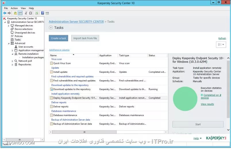 !! مشاهده نتایج نصب ( installation results )
مطالعه نتایج Task نصب باعث می شود تا مطمئن شویم که گروه Managed Device ها که کامپیوتر ها روی آن هستند در حال نصب Agent و Endpoint هستند یا خیر ، در این تست با سرور Security-Center و کلاینت PC1 کار داریم ، آنها را روشن کنید :

1- Task که کامل شود پیامی را صادر می کند :

||https://tosinso.com/files/get/9d660b12-c26d-4510-9433-c84eb4728c59||

2- کلیک کنید روی لینک View Result تا گزارشات مشاهده شود :

||https://tosinso.com/files/get/fc5f7321-ceaf-4571-a02d-23672db0d6a8||

3- Task را ببندید 

4- بروید بر Managed devices 

5- برای چک لیست کامپیوتر ها روی تب Devices کلیک کنید  

6- مطمئن شوید PC1 و Security-Center در اینجا باشند 

7- روی PC1 رفته و Properties را باز کنید 

||https://tosinso.com/files/get/45fc2f89-b88d-4132-9c30-674a0e03b3dc||

8- روی Applications انتخاب کنید :

||https://tosinso.com/files/get/f4e37e68-ce6e-438c-ae40-c2ebf5c817ae||

9- مطمئن شوید Network Agent و Endpoint نصب شده باشند :

||https://tosinso.com/files/get/54a20d3d-9e9a-4414-bb73-b17e62b7dd73||

نویسنده : سید احمد توسلی
منبع : |جزیره امنیت اطلاعات و ارتباطات وب سایت توسینسو::https://tosinso.com/security|
هرگونه نشر و کپی برداری بدون ذکر منبع و نام نویسنده دارای اشکال اخلاقی است

