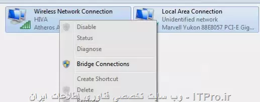 برای دو شبکه که دارای توپولوژی های مختلف باشند باید از طریق Bridge به هم متصل شوند
||https://network.tosinso.com/files/get/8aef1599-52c7-4f69-8a46-546b54d0ad5c||


برای این کار دو کارت شبکه را انتخاب می کنیم و کلیک راست کرده و bridge connection را انتخاب می کنیم.
||https://network.tosinso.com/files/get/9e71243d-5e5d-45e0-ae49-352ed6511fc4||