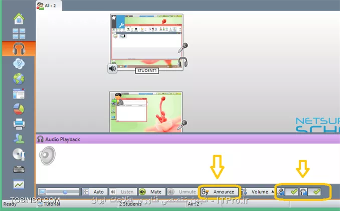 در این آموزش قصد دارم نحوه راه اندازی و استفاده از نرم افزار Net Support School رو بر روی VMware به صورت شماتیک توضیح بدم گرچه این روش در عمل کاربردی نداره ولی یک روش تمرینی خوب برای یاد گرفتن این نرم افزار کاربردی است. قسمت اول این اموزش مربوط به راه اندازی ماشین مجازی هست (اگر اشنایی دارید به بخش دوم مراجعه کنید) و بخش دوم استفاده از نرم افزار Net Support  ، در این مطلب آموزشی بر اساس یک سناریو نصب و راه اندازی VMWare و اتصال آنها به اینترنت و ایجاد یک شبکه داخلی و سپس راه اندازی نرم افزار کاربردی Net Support بر روی 3 ماشین VMWare که یکی از آنها به عنوان دستگاه معلم (Tutor) و 2 دستگاه دیگر به عنوان دانشجو (Student) شبیه سازی میشود.بر طبق این سناریو به ترتیب زیر 3 ماشین VMWare ایجاد میشود.
قدم اول : ایجاد یک ماشین مجازی جدید به ترتیب زیر:
||http://tosinso.com/files/get/c422d8d5-5359-4b5d-90c2-fcb1334963ef||
قدم دوم : یکی از دو حالت Typical یا Custom را انتخاب کرده و Next را میزنیم.
||http://tosinso.com/files/get/823e8f27-f990-4c0b-aecc-6d8c7c62d77e||
قدم سوم : در این مرحله میتوانیم محل فایل ایزوی ویندوز 8 را مشخص کرده و یا ان را به بعد موکول کنیم.
||http://tosinso.com/files/get/e76fa852-0add-402d-bf8f-fbc98eacfa0f||
قدم چهارم : در این مرحله نوع سیستم عامل و ورژن محصول را انتخاب میکنیم.
||http://tosinso.com/files/get/cf51fbad-5deb-4a73-a59a-382aec627b84||
قدم پنجم : نام ماشین مجازی را مشخص میکنیم.
||http://tosinso.com/files/get/3e1aa1aa-a0ca-4a3f-a1b6-4395d6e32c1f||
قدم پنجم : سپس با زدن Customize Hardware میتوانیم تنظیمات سخت افزاری ماشین مجازی را به دلخواه خود انجام دهیم.
||http://tosinso.com/files/get/25545a3a-c7b0-4914-b95c-03aed588ef1b||
قدم ششم : در این مرجله مقدار RAM ماشین مجازی را از طریق اسکرول تعبیه شده در سمت راست تعیین میکنیم
||http://tosinso.com/files/get/da09ec39-1df7-4d9b-aac9-fd883305fda9||
قدم هفتم : سپس تعداد پردازنده ها را مشخص میکنیم.
||http://tosinso.com/files/get/1d0edb30-b02e-40c6-85c2-5574c6e1d227||
قدم هشتم : در این مرحله حالت کارت شبکه خود را تعیین میکنیم. با توجه به شکل زیر 5حالت کارت شبکه مجازی در Vmware در نطر گرفته شده است که با توجه به سناریو NAT میتواند بهترین گزینه باشد.(نیاز به انصال هر ماشین به اینترنت بوده و ماشین ها باید به یکدیگر متصل شده و همدیگر را ببینند.)
||http://tosinso.com/files/get/f8e997b9-4baa-4268-86ad-4f2e0f0222f0||
قدم نهم : سپس مسیر فایل ایزوی سیستم عامل را تعیین میکینم.(در این سناریو هر 3 ماشین VM ویندوز 8.1)
||http://tosinso.com/files/get/87f047ce-6fe4-4f63-b3d0-e83871c302d7||
قدم دهم : سپس ویندوز 8 را نصب میکینم.
||http://tosinso.com/files/get/216fe59a-573e-4caa-ab1b-b3cd65d782ed||
قدم یازدهم : بعد از نصب هر VM میبایست برای هر ماشین VM Tools را هم برای راحتی کار و همچنین انتقال فایل نصب نرم افزار net support به ترتیب زیر نصب میکنیم
||http://tosinso.com/files/get/63d756e9-0dce-49e3-9133-8748cf1b65d6||
 قدم دوازدهم : همانطور که در شکل زیر میبینیم درایو مجازی VM Tools بر روی ماشین مجازی Mount شده و به راحتی کار نصب را انجام میدهیم.
||http://tosinso.com/files/get/e50fa9fe-5369-4f2f-9595-7865d66f7ae8||
قدم سیزدهم : فایل نصب نرم افزار Net Support را از سایت www.netsupportschool.com دانلود کرده و با توجه به نصب VM Tools فایل setup را به راحتی بر روی هر 3 ماشین کپی میکنیم.
||http://tosinso.com/files/get/3a7ac53b-a43d-4d6b-a562-f58857315000||
قدم چهاردهم : سپس بر روی ماشین Tutor فایل setup نرم افزار net support را اجرا کرده و آن را نصب میکنیم. و مراحل زیر را تا نصب کامل نرم افزار طی میکنیم.
||http://tosinso.com/files/get/1649c9b5-40b6-4119-87ab-30d4c5267f1f||
||http://tosinso.com/files/get/458a6a5a-586b-49d4-8109-ecc8097e1ae5||||http://tosinso.com/files/get/96eafb8c-56d5-477e-81ed-88eac296b9d5||
قدم پانزدهم : در این مرحله نوع کاربری net support را مشخص کرده که بر طبق سناریو برای یک ماشین Tutor و برای 2 ماشین student را نصب میکنیم.
||http://tosinso.com/files/get/36d33d42-ebea-40f2-980b-3f4f6ae16b1b||
||http://tosinso.com/files/get/db9bcd32-9c35-4e83-a9dd-cdb9e4ef1133||
قدم شانزدهم : بعد از اتمام نصب net support بر روی 3 ماشین مجازی در صورتی که هر 3 ماشین دسترسی به اینترنت نداشته باشند مراحل زیر را انجام میدهیم. ابتدا از منوی Edit گزینه Virtual Network Editor  را انتخاب کرده.
||http://tosinso.com/files/get/c7dc2761-ebdd-41a8-81d8-69dc5c804b73||
قدم هفدهم : با توجه به سناریوی تعیین شده برای هر 3 ماشین کارت شبکه در حالت NAT قرار داده شده در Virtual Network Editor بر روی VMnet 8 کلیک کرده تا تنطیمات NAT برای ماشین مجازی را انجام دهیم. همینطور که مشخص است کارت شبکه  در حالت NAT که بر روی سیستم عامل کامپیوتر میزبان ایجاد شده دارای محدوده IP : 192.168.113.0 بوده و بنابراین به منطور ایجاد ارتباط بین 3 ماشین مجازی این 3 ماشین هم باید از همین range ای پی اختصاص داده شود. به این منظور باید تیک use local DHCP service to distribute ip address to VMS را زده تا به هر سه ماشین از رنج IP مورد نطر به صورت اتوماتیک داده شود.(با این کار هم دسترسی به اینترنت برای 3 ماشین فراهم شده و هم هر 3 ماشین همدیگر را دیده و میتوانند با یکدیگر ارتباط درون شبکه ای داشته باشند.
||http://tosinso.com/files/get/3424910e-2f2b-4255-866e-2e8218e5e0ae||
بعد از این کار بر روی ماشین Tutor  آی پی های 2 ماشین دیگر را ping کرده تا از داشتن ارتباط اطمینان حاصل کنیم. بدین صورت هر 3 ماشین مجازی آماده برقراری ارتباط از طریق net support را داشته و میتوانیم محیط آموزشی net support را استفاده کنیم.
1- ایجاد یک room مجازی در ماشین Tutor: با اجرای نرم افزار net support پنجره زیر باز شده و استاد باید فیلدهای مربوطه را به ترتیب زیر پر کرده و سپس اتاق مجازی آموزشی را ایجاد کند.
||http://tosinso.com/files/get/20e36747-eb63-4f1c-9b77-ff19a8514c73||
2- بعد از کلیک کردن بر روی دکمه new پنجره زیر باز شده و استاد باید یکی از حالتهای زیر را به عنوان شروع کننده کلاس انتخاب کند. مورد اول Room Mode میباشد که این حالت به شما اجازه میدهد که کامپیوترهای داخل یک کلاس را گروه بندی کرده و دانشجویان میتوانند به این اتاق اموزشی برای شروع کلاس بپیوندند. حالت دوم  PC Mode میباشد که به شما اجازه میدهد که یک تعدادی کامپیوتر را که با هم در یک اتاق در اتصال هستند از طریق کابل را به هم متصل کرده و یک کلاس مجازی آموزشی تشکیل دهید. حالت سوم User Mode میباشد که به شما اجازه میدهد یک تعداد دانشجو را با استفاده از پروفایل های انها به کلاس اضافه کنید. حالت چهارم یک حالت ساده بوده که در ان شما به سادگی میتوانید شبکه موجود را جستجو کرده و همه دانشجویان را به کلاس مورد نظر اضافه کنید.
در این سناریو ما از حالت دوم استفاده میکنیم.
||http://tosinso.com/files/get/6b6cc5f8-5dcb-4fc8-8146-14b1744ccfa2||
3- در این مرحله پنجره Create Class باز شده و در این مرحله باید PC های دانشجویان کلاس را ابتدا جستجو کرده و سپس همه انها رو به کلاس اضافه کنیم.
||http://tosinso.com/files/get/be28d2da-cf20-4773-b06f-c3fdb16da00a||
||http://tosinso.com/files/get/7661349e-a09e-4f09-92e9-af40f2774d9b||
4-دبعد از ایجاد کلاس پنجره اصلی نرم افزار به صورت زیر میباشد و دانشجویان اضافه شده قابل روئیت میباشند.
||http://tosinso.com/files/get/4b4fd644-7999-4cf0-a5d8-3299d62a5923||
5- تب دوم این اجازه را به استاد داده تا نمایی از desktop های دانشجویان حاضر در کلاس را روئیت کرده و به نوعی انها را کنترل کند. علاوه بر ان استاد قادر است با کلیک کردن بر روی هر کدام از پنجره های پیش نمایش دسکتاپ دانشجویان به صورت remote به کامپیوتر دانشجوی مورد نظز دسترسی پیدا کند.
||http://tosinso.com/files/get/ace1446a-e122-460d-9987-f9b463cb2894||
6- در تب سوم که با ایکون های هد ست مشخص شده است استاد قادر است با کلیک بر روی Announce نوعی اطلاع رسانی را به دانشجویان ارسال کند. علاوه بر این استاد قادر بوده که با برداشتن تیک های بلندگو و میکروفون انها را از در کامپیوترهای دانشجویان از کار بیندازد.
||http://tosinso.com/files/get/9f032a1c-4787-4699-b565-85d2642adce8||
||http://tosinso.com/files/get/0379be7c-1a46-4d1c-b867-a36e50371cf6||
7-  در تب بعدی استاد قادر بوده که انواع سوالات را برای کل کلاس یا بخشی از کلاس مطرح کرده و جواب را هم از سوی دانشجویان دریافت کند.
||http://tosinso.com/files/get/c43fd40a-56a3-4579-afa2-0d3c41e151c3||
اولین مدل از سوالات First to answer میباشد که استاد با مطرح کردن یک سوال در کلاس گزینه مورد نظر را کلیک کرده و دانشجویان بر روی کامپیوترشان با پیغام زیر مواجه شده و اولین دانشویی که بر روی answer کلیک کند قادر خواهد بود تا سوال را جواب دهد.
||http://tosinso.com/files/get/95439e52-493b-4c49-9402-0a32e6e1f655||
||http://tosinso.com/files/get/38b943ed-8471-4716-adaf-fb8c6d71ded0||
بعد از پاسخ دادن به سوال بر روی پروفایل دانشجوی مورد نطر به شکا زیر 2 گزینه تیک و ضربدر در اختیار استاد قرار گرفته و صحیح یا نا درست بودن پاسخ دانشجوی مورد نظر را میتواند تعیین کند. 
||http://tosinso.com/files/get/a7d4b650-28eb-4d96-9b8f-c848ea3d257f||
در صورت درست بودن پاسخ دانشجوی مورد نظر یک ستاره به عنوان جایزه دریافت میکند.
||http://tosinso.com/files/get/fe29b122-7d8d-4d88-9c36-c5a5c5ab42fc||
نوع دوم سوال Enter an answer میباشد .
||http://tosinso.com/files/get/f0be3aa6-ecc8-4a26-83aa-4baf570f662d||
در این حالت استاد پاسخ صحیح را در کادر مورد نظر وارد کرده و بعد از مطرح کردن سوال بر روی Go کلیک کرده .
||http://tosinso.com/files/get/fea2b766-7725-41c2-952c-fadb8d7d2639||
همانطور که در شکل زیر نشان داده شده به محض کلیک کردن Go توسط استاد پنجره ای به شکل زیر در PC های دانشجویان ظاهر شده است
||http://tosinso.com/files/get/4e008f76-53c9-4d19-a40e-2e7d0117e3c1||
 و بعد از اتمام زمان تفکر دانشجویان قادر به پاسخگویی خواهند بود.
||http://tosinso.com/files/get/386151ee-a2eb-4cea-b35f-49f6fdb431e1||
بعد از پاسخگویی به سوال دانشجویان به شکل زیر از پاسخ دیگر دانشجویان مطلع میشوند و میتوانند خود را نسبت به کلاس ارزیابی کنند.
||http://tosinso.com/files/get/b9086a56-03ff-4c51-8ccd-47b4fdc36cd7||
همچنین استاد بعد از پاسخگوی دانشجویان به شکل زیر از پاسخ انها مطلع خواهد شد که رنگ قرمز نشان دهنده پاسخ اشتباه و رنگ سبز نشان دهنده دانشجویانی است که پاسخ صحیح را وارد کرده اند.
||http://tosinso.com/files/get/9ea7cab7-6aa7-4e01-9c4e-94cbfab24849||
در تب بعدی استاد قادر خواهد بود تا نوعی محدودیت برای دانشجویان کلاس از لحاظ دسترسی به  وب سایت های مختلف تعیین کندو ستون سمت راست برای وب سایت های ممنوعه بوده که استاد با کلیک بر روی علامت مثبت (سبز رنگ) وب سایت های ممنوعه را تعیین کند و در اینصورت دانشجویان قادر نخواهند بود به وب سایت های مذکور دسترسی پیدا کنند.
||http://tosinso.com/files/get/d8048463-751d-4453-ae99-dcd5a8c7405b||
از ستون چپ نیز استاد قادر بوده تا وب سایت های مورد تایید را اضافه کند و اجازه دسترسی را به دانشجویان داخل کلاس به وب سایت های مذکور بدهد.
||http://tosinso.com/files/get/589718f6-fc60-49b9-9985-800e2d2eb8f8||
علاوه بر این استاد قادر بوده با استفاده از دکمه های پایین صفحه  همه وب سایت ها را بلاک کند.
||http://tosinso.com/files/get/0f56aec7-c81f-4ee3-80c6-c9c1d1f93930||
در تب بعدی استاد قادر خواهد بود نوعی همه پرسی از کلاس انجام داده تا به نتیجه مورد نظر با استفاده از جواب ها برسد.
||http://tosinso.com/files/get/111fb50a-c772-4a68-85c9-6a3786756ebd||
در این تب ابتدا استاد سوال رو مطرح کرده و نوع پاسخ را از نوار کیک کشویی زیر response انتخاب کرده و سپس بر روی send کلیک کرده و ان را برای همه دانشجویان ارسال کند.
||http://tosinso.com/files/get/fe6c9156-519e-43a2-8ef5-b14047da890c||
به محض ارسال سوال پنجره زیر برای همه دانشجویان باز شده و میتوانند به سوال پاسخ دهند.
||http://tosinso.com/files/get/4700ffba-1dec-4e2f-a5f6-e13b72993e86||
بعد از پاسخ دادن همه دانشجویان استاد قادر خواهد بود تا از ستون سمت راست درصدی از پاسخ های تعیین شده را مشاهده کرده و ارزیابی مورد نظر را از سوال خود انجام دهد.
||http://tosinso.com/files/get/3371a176-c0f2-44e0-b907-2437197d2d3f||
تب بعدی دسترسی پرینتر به دانشجویان میباشد که استاد با استفاده از دکمه های پایین پنجره میتواند عملیات پرینت را متوقف و بلاک و یا برای همه دانشجویان آزاد کند.
||http://tosinso.com/files/get/6efcb071-3ec3-4396-858e-73aa8fe0ab01||
در تب بعدی استاد قادر خواهد بود تا فرایند مانیتورینگ فعالیت های دانشجویان را با کلیک بر روی Monitor Activity فعال یا غیر فعال کند و علاوه بر ان از این تب استاد قادر است دانشجویان را بلاک کند. 
||http://tosinso.com/files/get/2b3ac1f5-48b6-4860-8f14-02fe9e29cc53||
در تب بعدی استاد میتواند سطح دسترسی دانشجویان را به CD/DVD و USB تعیین کند.
||http://tosinso.com/files/get/f2d8851f-a280-4c91-b15f-781145d9dd4a||
آخرین تب یکی از پر کاربردترین تب ها بوده که استاد قادر است با ایجاد یک صفحه White Board تدریس را انجام دهد. برای نمایش White board برای همه دانشجویان استاد بر روی Show کلیک کرده که به محض کلیک صفحه White Board بر روی مانیتور دانشجویان ظاهر میشود. در این صفحه ابزارهای زیادی برای تدریس همچون ایجاد متن و استفاده از قلم و خطوط و اشکال مختلف به تدریس بپردازد. علاوه بر ان استاد میتواند رنگ قام و ضخامت ان و همچنین فونت متن ها را تغییر دهد و در نهایت میتواند صفحه کذکور را ذخیره و صفحه جدیدی ایجاد کند.
||http://tosinso.com/files/get/ada000e7-0f9b-43af-9c34-a189be039f81||
یکی از منوهای کاربردی در این نرم افزار استاد میتواند تکالیف مورد نظرش را برای دانشجویان به طریقه زیر ارسال کند.
||http://tosinso.com/files/get/2896704a-8fdd-4dae-9f3b-b79a39014eeb||
بعد از انتخاب Send Work پنجره زیر باز شده و استاد میتواند تکلیف کورد نظر را که در قالب یک فایل text ذخیره کرده است را انتخاب کرده و همچنین تایین کند که فایل مورد نظر در چه مکانی از PC های دانشجویان کپی شود.
||http://tosinso.com/files/get/c0e03536-c30b-4855-bab8-66fbb6028b8f||
 سپس با کلیک بر روس send فایل text بر روی PC دانشجویان کپی میشود .
||http://tosinso.com/files/get/57210fb5-f5ce-4204-8db9-cffb9c23b4b9||
و دانشجویان قادر خواهند بود که فایل مورد نطر را باز کنند و محتویات تکلیف تایین شده از طرف استاد را ببینند.
||http://tosinso.com/files/get/b123fd5a-c981-4f8e-93a2-6f8b19764f49||
از دیگر منوهای کاربردی برای استاد ایکون های Lock , Unlock می باشد که استاد در صورتی که نیاز داشته باشد از دیدن صفحه نمایش خود برای دانشجویان جلوگیری کند بر روی Lock کلید کند.
||http://tosinso.com/files/get/7cd4174b-5e72-4557-8829-a89cd38b499d||
به محض کلیک استاد بر روی Lock صفحه نمایش PC های دانشجویان به وضع زیر خواهد درامد.
||http://tosinso.com/files/get/824e86cf-bae2-4893-b83f-98eee194ff4d||
از منوی show استادی میتواند صفحه نمایش خود را به حالتهای مختلف برای دانشجویان برای انجام تدریس در بیاورد.
||http://tosinso.com/files/get/dab9a896-a5ad-43d2-ab1c-3dfaa806d6c6||
نحوه حضور و غیاب با استفاده از نرم افزار Net Support به شکل زیر بوده و استاد با کلیک بر روی منوی Student register انها را در کلاس ثبت نام کند. 
||http://tosinso.com/files/get/3c183ee7-76e8-4582-b18d-21d93a276350||
به محض کلیک استاد بر روی register پنجره ای به شکل زیر بر روی صفحه نمایش دانشجویان ظاهر شده که دانشجویان موظف به پر کردن فیلدهای خالی بوده و ان را تایید کنند.
||http://tosinso.com/files/get/9ada9676-2aec-4af3-a76a-2d1cd9668e05||
بعد از انجام حضور و غیاب استاد میتواند یک گزارش از ان را در قالب یک فایل با پسوند .csv ذخیره کند.
||http://tosinso.com/files/get/360717e1-6f4f-4c6f-b18d-85197b6afa0f||
همچنین استاد میتواند با کلیک بر روی registration report کلیک کند.
||http://tosinso.com/files/get/773a472f-124e-4362-b5ee-6a18a228ae53||
به محض کلیک بر روی registration report میتواند گزارشی از دانشجویان حاظر در کلاس و فعالیت های انها مشاهده کند.
||http://tosinso.com/files/get/c499c1b6-048b-4abb-a841-0fa9fb9c26cf||
از دیگر قابلیت های این نرم افزار chat , ارسال پیغام خصوصی از طرف استاد به دانشجویان میباشد.
||http://tosinso.com/files/get/e14a8f27-cb16-4a9f-aa1a-b020b050abd5||
در شکل زیر نمونه ای از محیط chat باز شده توسط استاد با یک دانشجو میباشد.
||http://tosinso.com/files/get/d3ee9b19-2dcb-45cf-add0-d4c87dba65cc||
در پایان استاد میتواند کلاس را به طرز زیر به پایان برساند.
||http://tosinso.com/files/get/13c9666a-fb77-4b8b-bddd-d6aedc050515||


نویسنده : رضا حاج فرج 
منبع : |جزیره مجازی سازی وب سایت توسینسو::https://tosinso.com/virtualization|
هر گونه کپی برداری بدون ذکر منبع غیر اخلاقی است. 
