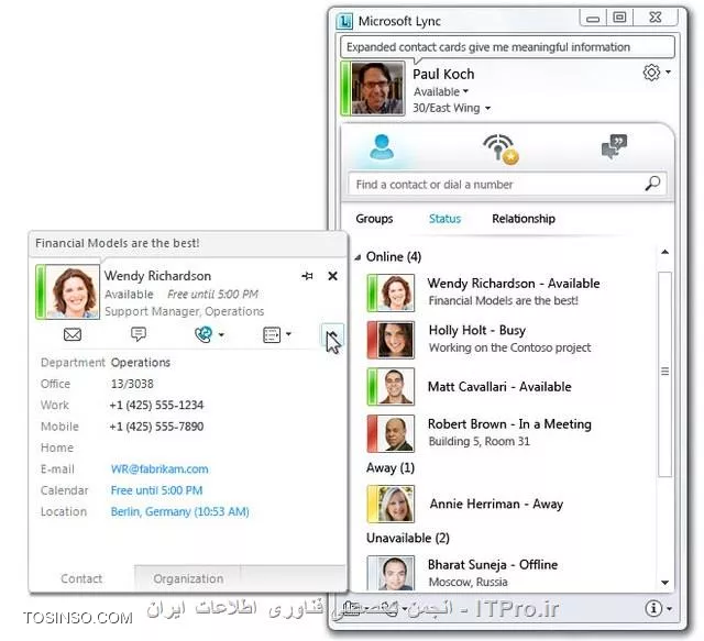 خب در مقاله قبل که اولین مقاله از سری مقالات آموزش گام به گام Lync Server بود، به معرفی اجمالی این محصول و تاریخچه آن پرداختیم. با توجه به گستردگی امکانات این محصول، معرفی قابلیت ها و سرویس ها را در چند مقاله به صورت جداگانه بررسی خواهیم کرد. در این مقاله که دومین مقاله از این سری آموزشی می باشد، سرویس IM & Presence را با هم بررسی می کنیم.در مقاله قبل به امکانات و قابلیت های Lync Server 2010 به طور خلاصه اشاره کردیم. برای اینکه از امکانات ذکر شده استفاده کنید، Lync Server 2010 از سرویس های متعددی استفاده میکند. در حقیقت این سرویس ها هستند که امکانات ذکر شده را برای شما فراهم میکنند. در زیر به معرفی اجمالی این سرویس ها میپردازم. برای درک بهتر و اهداف آموزشی، این سرویس ها و امکانات را به چند گروه دسته بندی می کنم.

* Instant Messaging & Presence
* Audio/Video Calling & Conferencing
* Sharing & Presentation
* Enterprise Voice
* Mobility
در این مقاله با هم سرویس Instant Messaging & Presence را بررسی می کنیم.

!! سرویس پیام فوری و وضعیت حضور (Instant Messaging & Presence)
این گروه از قابلیت ها شامل تعیین وضعیت حضور (Presence)، امکان چت شخصی و گروهی (IM & Group Chat)، مشاهده لیست تماس و اطلاعات تماس (Contact List & Contact Information)، مشاهده خلاصه فعالیت (Activity Feed) و همچنین امکان ارتباط با سرویس های چت عمومی (PIC) می باشد. در زیر به معرفی اجمالی این قابلیت ها خواهم پرداخت.

!! وضعیت حضور (Presence)
این سرویس به شما این امکان را میدهد که موقعیت و وضعیت خود را به دیگران اطلاع دهید. برای این کار نیازی نیست که وضعیت موجود خود را برای دیگران ارسال کنید. کسانی که شما را در لیست دوستان در Lync Client خود دارند، وضعیت و موقعیت شما را در جلوی اسم شما مشاهده خواهند کرد. از جمله این وضعیت ها میتوان به Available (در دسترس)، Busy (مشغول)، Do Not Disturb (مزاحم نشوید) و ... اشاره کرد.

||http://tosinso.com/files/get/8e95cf60-4b4c-4d84-865c-405545f86aa6||

!! لیست تماس و اطلاعات تماس (Contact List & Contact Information)
شما در محیطی بسیار ساده و کاربرپسند میتوانید تمامی افراد حاضر در لیست دوستان خود را مشاهده کنید. میتوانید شیوه مشاهده لیست دوستان (Contact List) را بر اساس گروه بندی دلخواه خود، Availability (Online و Offline بودن و حالات دیگر) و تنظیماتی دیگر دسته بندی کنید. این دسته بندی به شما در پیدا کردن افراد مورد نظرتان کمک خواهد کرد.
همچنان شما میتوانید اطلاعات جامعی در مورد همکاران و یا مشتریان خود از طریق Lync Server در دسترس داشته باشید. این اطلاعات میتواند شامل آدرس، شماره تلفن، سمت کاری و ... باشد. همچنین دسترسی به این اطلاعات فقط محدود به داخل سازمان نبوده و شما از خارج از سازمان نیز می توانید به این اطلاعات دسترسی پیدا کنید.

||http://tosinso.com/files/get/a1de7329-b389-4f1e-8889-7296b53cc379||

!! خلاصه فعالیت (Activity Feeds)
با استفاده از این قابلیت شما میتوانید خلاصه ای از فعالیت جاری خود را به اطلاع دوستان و همکاران خود برسانید. همچنین میتوانید خلاصه فعالیت دوستان و همکاران خود را به طور یکپارچه در محیطی ساده مشاهده نمایید و از آخرین فعالیت های آنها اطلاع پیدا کنید.

||http://tosinso.com/files/get/1d891606-7b16-48d6-95e3-38e0dd82331d||

!! پیام فوری (IM)
IM که مخفف 2 کلمه Instant Messaging می باشد، اشاره به ارتباط متنی به صورت خصوصی و یا گروهی دارد. البته این قابلیت در کشور ما بیشتر به اسم Chat شناخته شده است. بزرگترین مزیت IM نسبت به دیگر راه های ارتباط متنی (مانند Email) این است که IM به صورت Real Time کار میکند. یعنی در صورتی که هر 2 طرف مکالمه Online باشند، میتوانند به صورت لحظه به لحظه و بدون وقفه با هم گفتگو (Chat) کنند.

در حالی که در سرویس Email می بایست ابتدا دریافت کننده را انتخاب کرده، سپس موضوعی انتخابی برای Email خود انتخاب کنید (البته انتخاب موضوع کاملا اختیاری می باشد و میتوان Email ای بدون عنوان ارسال کرد)، سپس متن مورد نظر خود را تایپ کنید و در نهایت روی گزینه Send کلیک کنید. مخاطب شما نیز می بایست روی گزینه Refresh کلیک کند.البته اگر در سازمان خود از Exchange Server و همچنین Outlook برای مشاهده Email های داخلی خود استفاده می کنید، می توانید آرشیوی از کلیه چت های خود را در Mailbox خود مشاهده کنید.

||http://tosinso.com/files/get/950efbcd-fd6f-49de-8847-f2515507c7b2||

!! ارتباط با سرویس های چت عمومی (PIC)
کلمه PIC که مخفف عبارت Public IM Connectivity می باشد، به کاربران امکان ارتباط با سرویس های چت عمومی را میدهد. این ارتباط شامل پیام فوری و به اشتراک گذاری Presence می باشد. قابلیت PIC بخشی از سرویس گسترده Federation می باشد که پیشتر به آن اشاره شد. سرویس های عمومی که Lync Server 2010 از آنها پشتیبانی می کند عبارتند از سرویس Windows Live Messenger، سرویس AOL Messenger و سرویس Yahoo Messenger.

البته Lync Server 2013 از سرویس Skype نیز پشتیبانی می کند. همچنین پشتیبانی از XMPP در Lync Server 2013 باعث شده است تا سرویس های که از این پروتکل استفاده می کنند (مانند Google Talk و IBM Lotus Sametime) نیز قابلیت اتصال به Lync  را داشته باشند.بیان این نکته خالی از لطف نیست که سرویس PIC مختص Lync Server 2010 و Lync Server 2013 نمی باشد. بلکه این سرویس با عرضه Service Pack 1 برای Live Communications Server 2005 به این سری محصولات دوست داشتنی و کاربردی اضافه شد.

||http://tosinso.com/files/get/ddb16cf6-6e29-4ae9-abd9-4108ea2a8f80||

!! چت گروهی (Group Chat)
قابلیت Group Chat به شما امکان ایجاد Chat Room های دائمی می دهد. دائمی بودن این Chat Room ها از آن جهت است که حتی اگر کسی در این Room ها نباشد، این Room ها همچنان وجود خواهند داشت و بسته نخواهند شد. این Chat Room ها میتوانند برای اهداف مختلف ایجاد شده باشند. برای مثال میتوان این Chat Room ها را در محیط مدرسه و به ازاء هر کلاس ایجاد کرد. تصور کنید که میخواهید در محیطی امن با همکاران خود در اداره فناوری اطلاعات، گفتگو کنید. 

میخواهید با همکاران خود به صورت متنی (Text) گفتگو کنید، با آنها آدرس سایت های مرتبط با کار خود را به اشتراک بگذارید و یا برای آنها فایل ارسال کنید، کافیست که یک Chat Room ایجاد کرده و دوستان خود را به آن دعوت کنید. تمامی این کارها با استفاده از سرویس Group Chat انجام میگیرد. البته این سرویس در OCS 2007 نیز وجود داشته که در Lync Server 2010، قابلیت ها و کارایی آن بهبود یافته است. نکته جالب توجه این سرویس آن است که مشتریان و همکاران شما که خارج از سازمان هستند نیز میتوانند با استفاده از سرویس Federation، به این Chat Room ها ملحق شوند. همچنین ملحق شدن به این Room ها فقط شامل یک Room نبوده و شما میتوانید در یک زمان در چند Room عضویت داشته باشید و مکالمات درون تمامی آنها را مشاهده نمایید.

||http://tosinso.com/files/get/66ba198c-2bf5-4fca-a891-4d00998ef20a||
در این مقاله به معرفی سرویس IM و Presence پرداختم. در مقاله بعد، سرویس Audio/Video Calling & Conferencing را با هم بررسی خواهیم کرد.

نویسنده: سعید خلیفی 
منبع: |جزیره سرویس های شبکه مایکروسافت وب سایت توسینسو::https://tosinso.com/microsoft|
هرگونه نشر و کپی برداری بدون ذکر منبع دارای اشکال اخلاقی می باشد