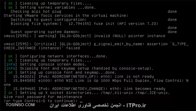 وقتی که منوی Grub اومد شما برو روی گزینه recovery mode:
||http://network.tosinso.com/files/get/b9d1a6d4-1e04-4b68-97f2-0a122106503a||

بعد از چک کردن به این مرحله میرسه که پسورد روت رو ازت میخواد:
||http://network.tosinso.com/files/get/a1fee5e3-bef4-4449-abcd-f159414a9104||
پسوردی رو که موقع نصب برای روت انتخاب کردی بزن و دستورات رو انجام بده:
||http://network.tosinso.com/files/get/a549c8e1-80bd-40ca-9518-5cd844b0f652||
 امیدوارم موفق باشی