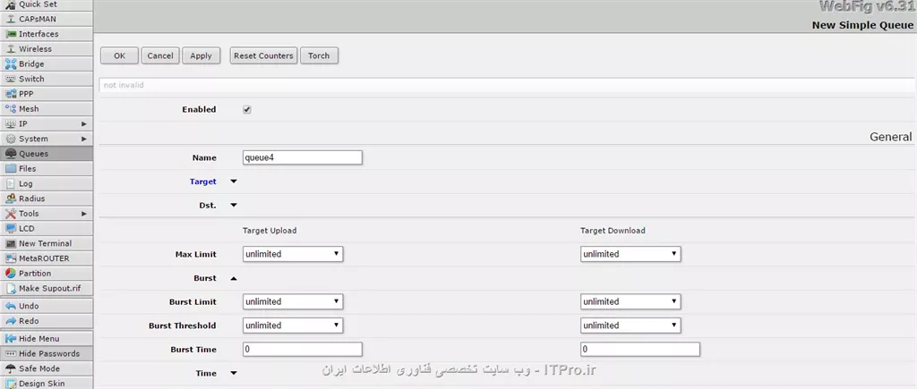 Create a new in Queues Mikrotik 