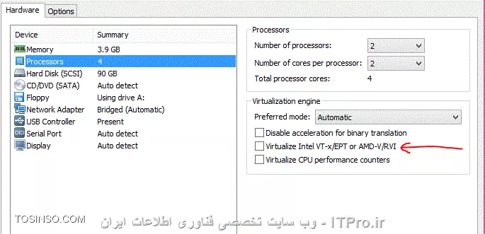 در برنامه workstation ماشین مورد نظر را انتخاب کرده و در قسمت سمت راست روی گزینه Edit virtual machine setting کلیک کنید و در بخش مربوط به cpu گزینه Virtualize Intel VT-x را فعال کنید.
||http://virtualization.tosinso.com/files/get/a2b94afe-cb9e-4781-972f-720960325612||