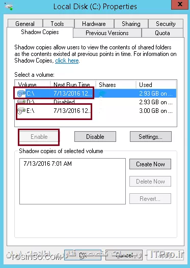فعال سازی Shadow copy درایوها