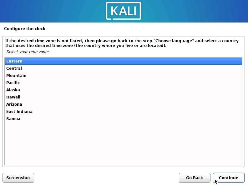 انتخاب منطقه زمانی برای کالی لینوکس