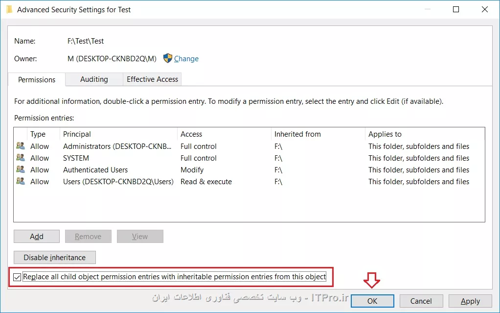 سلام 

||https://network.tosinso.com/files/get/fe5c15b5-3309-442a-ba70-cb65a967e73f||

||https://network.tosinso.com/files/get/a4016fdd-416a-4b80-b288-796e9920a904||
اگر منظورت رو درست متوجه شده باشم این کارو انجام بده ..تا دسترسی ها به زیر فولدر ها هم اعمال بشه ..

یا علی
