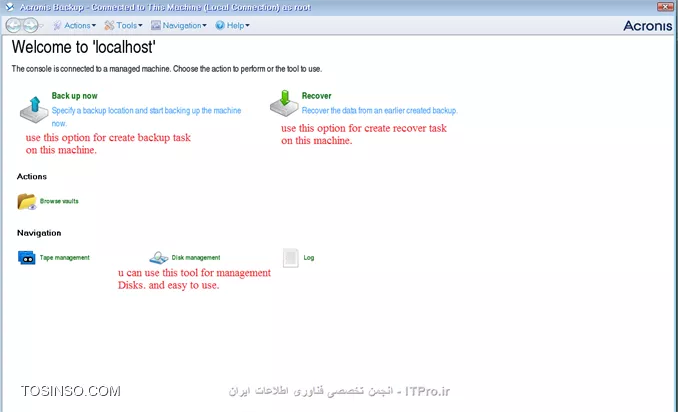 وقتی نوبت به ریکاوری می رسد باید برسی کنید چگونه اینکار را انجام دهید:
به Managed Machine وصل شویم؟
یا از طریق ایجاد یک Recovery Task؟
اگر Managed Machine قادر نیست Boot کند باید از طریق Bootable Media آن را بوت کرد و بصورت Bare metal آن را ریکاوری کرد.
Acronis قادر است یک سیستم عامل را از Bios-based به UEFI منتقل کند. 
یا می توانید یک Full Backup را بر روی یک سخت افزار متفاوت ریستور کنید. اگر در دو حالت سیستم بعد از ریکاوری قادر به Boot شدن نبود می توانید بوسیله Universal Restore tool سرویس و درایورهای ماشین جدید را نصب و مشکل را برطرف کرد.
ممکن است شما در حین پروسه ریکاوری مجبور شوید Disk ماشین مقصد را تعقیر دهید که Acronis یک ابزار Disk Management برای این منظور ایجاد کرده که حین بوت ماشین می توانید تعقیرات لازم را انجام دهید.
تمام موارد بالا را اگر خدا بخواهد یاد خواهیم گرفت.
!! Creating a recovery task
--
اولین قدم در این راستا ایجاد یک Recovery Task می باشد. 
اجازه بدید ببینیم چه گذینه های در Recovery Task وجود دارد و آنها را یاد بگیریم.
||http://tosinso.com/files/get/49db0388-8847-40f6-8b34-72407db85253||
||http://tosinso.com/files/get/2ecfd9a1-63c7-4e9c-b962-d14af2370894||
# در این قسمت شما باید اطلاعاتی که قرار Recover کنید را انتخاب کنید.
# در این قسمت باید Client/Serverی که این اطلاعات باید بر روی آن ریستور شود را انتخاب کنید. که بصورت اتومات انتخاب می شود.
# در این قسمت مقصد اطلاعاتی که قراره Recover بشه تعیین می شود.
# تنظیمات رو نویسی اطلاعات که سادس و نیاز به توضیح خاصی ندارد.
# کی عملیات Recover شروع شود؟ که می توانیم در اینجا تعیین کنیم.
# در این قسمت یک نام برای این Task و تنظیمات پیش فرض آن و مجوزی که این Task بوسیله آن اجرا شود. 
نکته: User قسمت Task credentials باید عضو گروه Administrators and Backup Operators سیستم مقصد باشد. 
چون ما در یک محیط متمرکز و مدیریت شده هستیم (domain) اجازه ندهید هر Agent ی که بر روی سیستمی نصب شود یک User برای خود ایجاد کند. شما می توانید یک User ایجاد کنید و آن را بوسیله GP عضو Local Administrators and Backup Operators  کنید. تا در هر Taskی مجبور نشوید برای هر Taskی یک User انتخاب کنید. ولی این روش یک ریسک امنیتی می باشد. پس مواظب این User مهم باشید. (این روش منه شاید روش شما فرق می کنه) 
درضمن اگر می خواهید بوسیله این کاربر به Managed Machine ها وصل شوید این کاربر را عضو Acronis Remote Users کنید. همانطور که می دانید بر روی هر Managed Machineی یک گروه به همین نام ایجاد می شود و فقط کاربران عضو این گروه می توانند به Managed Machine ها وصل شود.
سناریو:
بر روی یکی از Client ها یک شازده ندانسته تمام Profile های کاربران را از درایو C پاک کرده ولی خوشبختانه از آن کلاینت یک Full Backup دارم. الان چطور آن File ها را Restore کنم؟
خیلی ساده یک Recovery task ایجاد می کنم و آن اطلاعات را انتخاب می کنم.
||http://tosinso.com/files/get/b074ea00-ea7f-4e68-9d6c-7bc17907493d||
وقتی Ok کنم بقیه تنظیمات هم اعمال می شوند.
||http://tosinso.com/files/get/1471f60e-8cc5-4c28-807f-35dfda953ca9||
||http://tosinso.com/files/get/057b1c15-0e84-48ba-94bd-3844e6c080df||
بعد از اتمام پروسه Recovery اکرونیس یه هشداری میده که باید سیستم را Reboot کنید. و بعد از آن 
||http://tosinso.com/files/get/665ecd05-b84a-4edb-b2b0-1f2d0899bff9||
تا به اینجا رسیده ایم یک نقطه ای را بگم:
گاهی وقتا شما در قسمت Data Catalog داده ای را مشاهده نمی کنید. وعلت این امر دو چیز است:
# Backup نگرفتن از داده ها.
# غیرفعال بودن Cataloging یا فعال بودن قابلیت Fast Cataloging.
شما می توانید Data Catalog را بر روی Managed Machine, Management Server and Storage node فعال کنید.
برای فعال کردن این قابلیت بر روی Managed Machine به آن ماشین وصل شوید و :
||http://tosinso.com/files/get/352e55f3-341f-4fdb-bfe6-674481c4b311||
برای فعال کردن Data catalog  بر روی Management Server کلید زیر را اد کنید:
||http://tosinso.com/files/get/064aec09-3d6b-43e3-ba9f-95dfe8d5d98c||
نکته: اگر پارامتر Enabled را پیدا نکرده اید این به معنی فعال بودن این قابلیت بر روی آن سرویس می باشد.
نکته: فعال کردن Data Catalog بر روی Storage node مانند روش بالاست.
نکته: داده ای زیر را نمی تون Catalog کرد:
||http://tosinso.com/files/get/3a21cfd6-7643-48a4-b7ef-447f8cad3d58||
در واقع شما از دو روش می توانید به داده های که می خواهید Recover کنید دسترسی داشته باشید. یک روش که در بالا توضیح داده شد و روش دیگه استفاده از Vault می باشد. بدین صورت، وارد Vault مورد نظر شوید و 
||http://tosinso.com/files/get/e808b3ee-2614-425e-89ca-eea62215e74f||
بعد از زدن دکمه Recover 
||http://tosinso.com/files/get/555ff90a-38d8-461a-a530-0fc553948c15||
  به صفحه بالا منتقل می شوید.
نحوه ریکاوری کردن وقتی که به Managed Machine وصل می شوید دقیقا مانند روش بالا می باشد با این تفاوت که وقتی می خواهید مقصد داده ها را انتخاب کنید نمایش داده نمی شود چون بدیهی هستش، مقصد داده ها بر روی همین Managed Machine می باشد.
||http://tosinso.com/files/get/96fc2374-12ce-4b3a-87e0-49cca23e8921||
سناریو :
یکی از سیستم های من به علت حذف شدن فایلهای سیستمی آن از کار افتاده و نمی توانم بوت کنم. ولی خوشبختانه یک Full backup از قبل از این سیستم دارم که می توانم آن را به حالت قبل برگردونم.  
الان چگونه این سیستم را ریکاور کنیم؟
به سادگی شما می توانید یک Bootable media در Management Server ایجاد کنید (نحوه ایجاد کردن این مدیا را در جلسه بعدی توضیح میدم) و بوسیله آن سیستم را بوت کنید. 
وقتی که سیستم را بوت کردید اولین قدم تنظیمات کارت شبکه می باشد که باید یک IP هم رنج شبکه خود بدهید که بتواند با Storage های که فایلهای Backup را ذخیره می کنند ارتباط داشته باشد
||http://tosinso.com/files/get/88bfe1de-88be-4c41-b8eb-7508511ed9ca||
||http://tosinso.com/files/get/d7651466-418d-4143-a10b-ddfb230e484e||
||http://tosinso.com/files/get/111b432c-e246-424b-9c85-7511bd649520||
||http://tosinso.com/files/get/a57471df-fdd4-400e-876e-1fb196eb92ac||
خب ما در بالا گذینه recover را کلیک می کنیم
||http://tosinso.com/files/get/0df3ea2b-b062-4029-8116-257fe6ab9013||
برای انتخاب فایلهای Backup گذینه بالا را انتخاب کنید. 
||http://tosinso.com/files/get/c8c9dc0b-e504-459e-8162-4a696fc5065c||
||http://tosinso.com/files/get/663ce966-dc21-496a-ac35-ff6800983ab1||
در آخر هم باید مقصد ریکاور شدن فایلها را هم انتخاب کنید و OK کنید. 
شما علاوه بر روش بالا می توانید کل درایو C را هم ریکاور کنید. در سناریو های که درایو C صدمه می بیند یا کل اطلاعات آن پاک می شود.
بدین صورت 
||http://tosinso.com/files/get/0d1f9d63-9fd7-4e50-b5fb-12d8689b3cbd||
شما در بالا MBR دیسکتها را هم مشاهده می کنید. در صورتی آنها را انتخاب کنید که :
# سیستم عامل به هر دلیلی نتواند بوت کند.
# یک دیسک جدید نصب کرده اید که حاوی MBR دیسکت قدیمی نیست.
# قصد ریکاور کردن یک Non-windows loaders مانند LILO and GRUB را داشته باشید.
به هر حال OK کنید.
||http://tosinso.com/files/get/c7aca7c9-637c-420d-8d5d-ba3a7b31f142||
وقتی گذینه بالا را کلیک کنید
||http://tosinso.com/files/get/bc618d3b-df33-4c82-be66-f5904f6be101||
در بالا می توانید تعقیراتی در درایو C ایجاد کنید. 
||http://tosinso.com/files/get/5d31999b-203b-4a92-9954-dcb8a7c0450e||
در بالا در یکی از تصاویر شما گذینه ای به نام NT Signature می بینید و شاید با خودتون بگید این گذینه چی هست؟
NT Signature یک رکورد در جدول MBR می باشد و دیسکی که حاوی OS باشد را تشخیص می دهد. 
این گذینه بصورت پیش فرض بر روی Select Automatically ست شده است یعنی اگر Acronis تشخیص داد که NT Signature مانند همان نسخه ای که در فایل Backup هستش  NT Signature قدیمی دست نخورده باقی می ماند در غیر اینصورت یک NT Signature جدید ایجاد می کند. 

گاهی وقتا پیش میاد دیسک سرور شما به دلایلی از کار می افتاد و شما مجبور می شوید یک دیسکت جدید بخرید و بر روی سرور نصب کنید. در چنین سناریوهای ما چگونه می توانید سرور را ریکاور کنیم. 
برای اینکار من مدتها قبل یک مقاله در اینباره نوشتم که مراحل کار را در  Acronis True Image 2016 می باشد که می توانید از لینک زیر بهش دسترسی داشته باشید. شما در مقاله زیر فقط روند کار را یاد بگیرید. بعد از درک کردن مراحل می توانید تمام تنظیمات را در Acronis backup advanced پیدا کنید. که من به علت طولانی نشدن و تکراری شدن مطلب از توضیح آن خودداری می کنم.
|ریکاوری کردن کل سیستم بر روی یک هارد دیسک جدید بوسیله Acronis True Image 2016::https://tosinso.com/articles/41964/%d8%a2%d9%85%d9%88%d8%b2%d8%b4-%d8%b1%db%8c%da%a9%d8%a7%d9%88%d8%b1%db%8c-%d8%a7%db%8c%d9%85%db%8c%d8%ac-%da%a9%d9%84-%d8%b3%db%8c%d8%b3%d8%aa%d9%85-%d8%b1%d9%88%db%8c-%d9%87%d8%a7%d8%b1%d8%af-%d8%ac%d8%af%db%8c%d8%af-%d8%a8%d8%a7-%d8%a7%da%a9%d8%b1%d9%88%d9%86%db%8c%d8%b3|

!!Recovering BIOS-based systems to UEFI-based
--
همچنین که از عنوان مشخصه Acronis قابلیتی دارد که می توان Full backup سیستمی که با رابط BIOS فعالیت میکند بر روی UEFI و برعکس ریستور کرد. 
قبل از اینکار اکرونیس توصیه های کرده:
# عمل Restoring را بر روی یک uninitialized disks انجام دهید. (اجازه دهید خود برنامه درباره کنترول و ایجاد پارتیشن تصمیم بگیرد)
# موقع انتقال یا ریستورینگ از Linux-based bootable media or WinPE-based bootable media ورژن 4.0 به بعد استفاده کنید. چون نسخه های قبلی UEFI را ساپورت نمی کنند.
# یادتون باشه BIOS ظرفیت دیسکی که بیشتر از 2 ترابایت باشد را ساپورت نمی کند.
*محدودیتها این روش:*
# انتقال یک سیستم عامل Linux از BIOS to UEFI و برعکس پشتیبانی نمی شود.
# انتقال یک سیستم عامل ویندوز از BIOS to UEFI و برعکس به شرطی که فایل Backup بر روی mediaهای زیر ذخیره شده باشد ساپورت نمی شود:
<ltr>
Acronis Cloud Storage
Tape device
Optical discs (CDs, DVDs, or Blu-ray discs)
<ltr>
خب!!!
من قبلا از یک سیستم که از firmware BIOS استفاده می کرد یک full backup تهیه کردم و الان قصد دارم آن را بر روی یک سیستمی که از UEFI پشتیبانی می کند ریستور کنم. 
سیستم مقصد را با bootable media بوت می کنم و تنظیمات شبکه آن را انجام می دهم و گذینه Disk management را کلیک می کنم تا دیسک سیستم جدید را چک کنیم 
||http://tosinso.com/files/get/13cdaa11-52b1-4d44-9abd-f3b561eb7e4a||
بعد از اطمینان گذینه Recover را کلیک کنید
||http://tosinso.com/files/get/0d3f1fb8-c118-4363-a25b-8d0c2b7afe89||
MBR و پارتیشنهای مورد نظر را انتخاب و ok می کنیم
||http://tosinso.com/files/get/db72b4cd-e562-49cb-947b-26f64de7b1c7||
هر کدام از پارمترها مشخص شد در کجا ریکاور می شوند. در اخر ok کنید.
||http://tosinso.com/files/get/c07cf1c4-651b-4bf7-b7ce-9fd5d04f6593||

!!Recovering Volumes:
--
فرض کنید از Volume سیستم ( Volumeی که سیستم عامل روی آن نصب است) یک Backup گرفته اید و قصد دارید این Backup را بر روی یک سیستم دیگر با سخت افزار متفاوت ریستور کنید. بوت شدن سیستم مقصد از طریق این Backup به عوامل زیر بستگی دارد:
*Source operating system:*
سیستم عامل Convertible  یا non-Convertible باشد. سیستم عاملی که Convertible باشد به شما اجازه می دهد Boot Media or boot partition خود را از BIOS to UEFI و بر عکس تعقیر دهد.
نسخه های زیر از ویندوز Convertible می باشند:
||http://tosinso.com/files/get/588f1928-c9a8-4238-ae32-b7dc05e036f9||
*Source and target disk partition style:*
MBR یا GPT، سیستم عاملی که از BIOS استفاده میکند از MBR و سیستمی که UEFI باشد از GPT استفاده می کند.
برای عملیات ریکاوری وقنی که دیسک سیستم مقصد not initialized باشد خود Acronis بصورت اتوماتیک بر اساس Style دیسک مبدا (MBR or GPT) یکی را انتخاب می کند و کل Backup را در دیسک سیستم مقصد ریستور می کند.
اگر در هر صورتی بعد از ریستور کردن Backup در دیسک جدید سیستم عامل Load نشد می توانید از ابزار خود اکرونیس به نام Disk Management  استفاده و دیسکت سیستم مقصد را ویرایش کنید.
در جدول زیر یک خلاصه از بوت شدن یا بوت نشدن سیستم عامل بعد از انتقال آن از BIOS to UEFI یا بر عکس می باشد:
بک گراند سبز رنگ به معنی بوت شدن سیستم عامل بدون نیاز به دخالت کاربر می باشد.
بک گراند زرد رنگ به معنی دخالت کاربر در پروسه ریکاوری می باشد.
بک گراند قرمز رنگ به معنی بوت نشدن OS بعد از انتقال می باشد. 
جدول زیر را از داکیومنتهای اکرونیس برداشتم ولی هر چی می خوام این رنگها رو ببینم دیده نمی شن؟؟؟ فک کنم ذره بین باید داشته باشید D: 
||http://tosinso.com/files/get/f7b199e5-6da4-4fac-ad25-5c7b5c646bd1||

!!Recovering Disks:
--
فرض کنید از یک دیسک با کل Volumeهای آن Backup گرفته اید و قصد دارید این Backup را بر روی سیستمی با سخت افزار متفاوت ریستور کنید. قابلیتی که باعث می شود این Backup بعد از ریستور بر روی سیستم مقصد بوت شود بستگی به سیستم عاملی که بر روی دیسک مبدا نصب شده دارد که آیا  Non-Convertible یا Convertible باشد یا نه؟
اگر دیسک مبدا دارای یک یا چند OS باشد وهمه ی آنها Convertible باشد در حین ریکاوری Boot mode آن بصورت اتوماتیک تعقیر می کند. ولی اگر یکی از سیستم عاملها Non-convertible باشد برنامه دیسک سیستم مقصد را بر اساس دیسکت سیستم مبدا Initialize می کند.
||http://tosinso.com/files/get/86d7b90b-4207-4e3d-8ad5-64e250deef18||

!!Acronis Active Restore: 
--
قابلیتی می باشد که در حین پروسه Recovery سیستم عامل یا دیتابیس را Load می کند و پس از Load کردن سرویس و برنامه های اولیه و مورد نظر را درخواست می دهد و آنها را ریکاوری می کند  در نتیجه در حین ریکاوری End-User می تواند به دینتابیس یا سیستم عامل وصل شوند و از امکانات اولیه آن استفاده کند تا پروسه ریکاوری پایان پذیرد.
*محدودیتها:*
# از GPT و UEFI پشتیبانی نمی کند فقط BIOS.
# فایلهای Backup فقط باید روی همان کامپیوتر بصورت Local ذخیره شده باشد. به اصطلاح دیگر در این سناریو فقط از Vaultهای محلی مانند Hard Drive, USB, Acronis Secure Zone و..... می توانید استفاده کنید.
# Backup را فقط می توانید بر روی همان کامپیوتر که از آن Backup تهیه کرده اید ریستور کنید نه بر روی سیستم دیگر.

موفق و پیروز باشید

نویسنده: احمد جهلولی 
منبع: |جزیره راهکارهای ذخیره سازی اطلاعات وب سایت توسینسو ::https://tosinso.com/virtualization|
نشر و کپی برداری، صرفاً با ذکر نام نویسنده و منبع مجاز می باشد. 