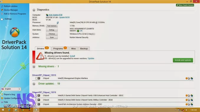 ||http://icdl.tosinso.com/files/get/a5828603-bda6-4723-ada1-877d3a184564||

بعد از اجرای برنامه منتظر باشید تا شروع به اسکن سیستم کرده بعد درایورهای مورد نیاز برای نصب و درایورهایی که نیاز به آپدیت دارن رو نشون میده که با کلیک روی گزینه Install به صورت اتوماتیک همه آنها نصب خواهند شد