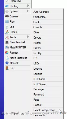 سلام . 
روش اول : ابتدا وارد منوی system شده و از زیر مجموعه ان Reset-configuearion را انتخاب کنید 
||http://network.tosinso.com/files/get/a6121859-d3d1-4f95-94fe-1dbae6e1ff2b||

||http://network.tosinso.com/files/get/6b476266-2441-4e6a-8771-36551ee3cfc2||

روش دوم : از منوی موجود گزینه New Terminal رو انتخاب کرده و سپس دستورات زیر را در ان نوشته و در نهایت y را تایپ نمائید :
<left>
system
<left>
<left>
reset-configuration
<left>
<left>
y
<left>
||http://network.tosinso.com/files/get/58c6c696-5931-4052-ba3d-2ba013c3f0e2||