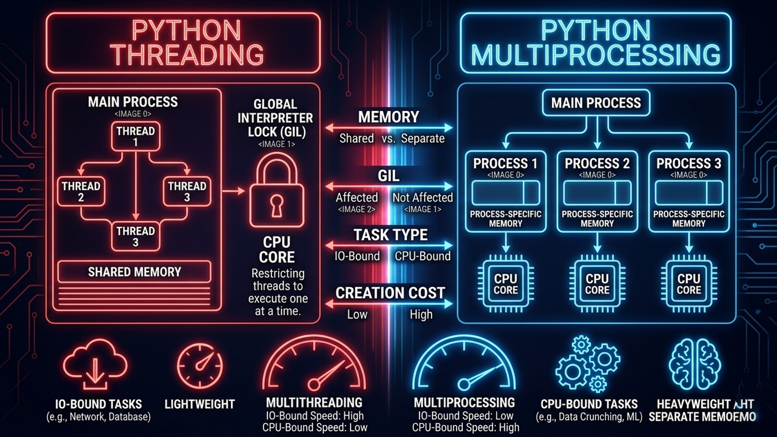 مقایسه threading و multiprocessing در پایتون
