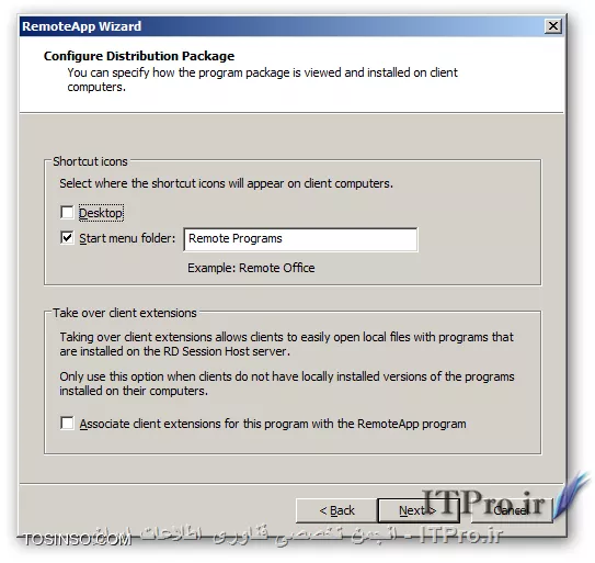 با یکی دیگر از قسمتهای مقالات از سری مقالات آموزش راه اندازی Remote Desktop Services در خدمت شما هستیم. همانطور که در قسمتهای قبل گفته شد راههای مختلفی برای ارائه سرویس Remote Desktop وجود دارد در قسمت قبل گفته شد که چگونه برای یک کاربر تعیین کنیم که هر وقت به سرور Remote زد ، بصورت خودکارتصویر یک نرم افزار خاص در صفحه نمایشگر او نمایان شود تا بتواند از آن استفاده کند .

همانطور که گفته شده بود یکی از بزرگترین محدودیتهایی که این روش دارد که باعث میشود کمتر از آن استفاده شود این است که کاربران در این روش نمیتوانند از چند نرم افزار استفاده کنند و تنها محدود به یک نرم افزاری هستند که مدیر سیستم برای آنان تعیین کرده همچنین به طور همزمان با نام کاربری و رمز عبور خود تنها مجاز به استفاده از یک نرم افزار و برقراری یک Session هستند و نمیتوانند بصورت همزمان از چند نرم افزار استفاده کنند ، اکنون روشی دیگر از روشهای ارائه ی این سرویس را بررسی میکنیم که دیگر این محدودیت را نخواهید داشت و آن هم استفاده از کنسول RemoteApp Manager است این کنسول پس از نصب کرد رول Remote Desktop Session Host در مسیر زیر قابل دسترس است :
<ltr>
Start => Administrative Tools => Remote Desktop Services
<ltr>
همچنین با تایپ عبارت remoteprograms.msc در Run میتوانید آن را اجرا کنید پس از اجرا پنجره این به شکل زیر مشاهده میکنید ...
||http://tosinso.com/files/get/40f01d21-394c-4db2-907b-795c838cea2a||
همانطور که مشاهده میکنید در این پنجره در قسمت Overview یک وضعیت کلی از این سرویس نمایش داده شده و در پایین ، در قسمت RemoteApp Programs میتوانید لیست نرم افزارهای Publish شده را مشاهده و آنها را ویرایش کنید شما با استفاده از امکاناتی که در این کنسول هست میتوانید نرم افزارهای خود را Publish کرده و از هر کدام از نرم افزارها یک فایل درست کرده که کاربران به بوسیله آن میتوانند به سرور وصل شده و از نرم افزار مربوطه استفاده کنند ، فایلهایی که با استفاده از روش فوق میتوانید ایجاد کنید با دو پسوند RDP و MSI هستند و هر کدام خواصیتهای خود را دارد که در ادامه راجع به هر دو آنها و روش ایجادشان صحبت میکنیم . قدم اول در پابلیش نرم افزارها این است که آن را در لیست RemoteApp Programs اضافه کنید برای اینکار در سمت راست تصویر Add RemoteApp Programs را پیدا کرده و کلیک کنید تا پنجره ای به شکل زیر مشاهده کنید
||http://tosinso.com/files/get/afba1c86-63ac-40ba-8cca-69fe03d0e168||
پنجره اول که طبق معمول خوش آمدگویی و یک سری توضیحات دیگر هست ،Next  میکنیم
||آموزش Remote Desktop Services در Windows Server 2008 R2::http://tosinso.com/files/get/976bb9bb-569f-4dc0-9626-0641c4b0db06||
در این مرحله نرم افزارهایی که تصمیم دارید Publish کرده و در اختیار کاربرانتان قرار دهید را انتخاب کنید در صورت نصب نرم افزار جدید ، آن را میتوانید در این لیست مشاهده کنید ، در صورت عدم مشاهده آن میتوانید با زدن دکمه Browse آدرس نرم افزار را داده تا در لیست اضافه و قابل استفاده گردد. پس از انتخاب نرم افزارها Next کنید ...
||http://tosinso.com/files/get/ca798346-4568-4e0a-b440-4748654b6b36||
و در نهایت Finish را میزنیم همانطور که در تصویر زیر مشاهده میکنید نرم افزارهایی که انتخاب کردیم در قسمت RemoteApp Programs  قابل مشاهده ، ویرایش و یا حذف هستند و با حذف هر کدام از آنها کاربران دیگر قادر به استفاده از نرم افزار نخواهند بود.
||http://tosinso.com/files/get/a0001ac0-7c9c-464f-8bfc-35e50d5fb7b6||
تا اینجا نرم افزارهای ما برای استفاده آماده هستند ولی حال باید برای کلاینتها یک فایل درست کنیم که بوسیله آن بتوانند به سرور متصل شده و از نرم افزار استفاده کنند.  این فایلها شامل فایلهای rdp و msi میباشند.

!! فایلهای RDP 
این فایلها توسط مدیر و با استفاده از کنسول RemoteApp Manager ساخته شده و جهت استفاده بایستی در اختیار کلاینتها قرار گیرد هر کدام از این فایلها به یک نرم افزار میتوانند اشاره کنند این فایلها را به هر طریقی میتوانید در اختیار کاربران قرار دهید که این بستگی به سلیقه و محیط کاری شما دارد مثلا از طریق یک پوشه به اشتراک گذاری شده در شبکه فایلهای RDP را در اختیار کاربران قرار دهید کاربران بعد از اجرای این فایل بایستی نام کاربری و رمز عبور خود را وارد کنند تا عملیات احراز هویت انجام شود و بعد از آن به نرم افزار مورد نظر هدایت میشوید برای ساختن آن در قسمت RemoteApp Programs روی نرم افزار مورد نظرتان راست کلیک کرده و از منوی باز شده گزینه Create .rdp File را انتخاب کنید تا پنجره زیر را مشاهده کنید
||http://tosinso.com/files/get/2e3a0cf2-9248-4c5f-b2ce-183f4f284519||
پنجره اول که طبق معمول خوش آمدگویی و یک سری توضیحات دیگر هست ،Next  میکنیم
||http://tosinso.com/files/get/a98d8432-9943-4874-9a01-fc4a45348517||
در این مرحله در قسمت بالا یعنی جایی که نوشته شده Enter the location to save packages: آدرسی که فایل خروجی در آن قرار گیرد را از شما میخواهد. در قسمت پایینتر یعنی RD Session Host server settings با زدن دکمه Change میتوانید نام سرور و همچنین پورت مورد نظر برای Remote Desktop را جهت ارتباط کلاینت با سرور مشخص کنید ، بطور پیشفرض پورت استفاده از Remote Desktop برابر 3389  میباشد اما ممکن است برای بالابردن امنیت شماره آن تغییر داده شده باشد که بدینصورت میتوانید شماره جدید پورت را جهت ارتباط کلاینت با سرور وارد کرده و یکسان سازی کنید تا کلاینتها هم بوسیله پورت جدید و حقیقی بتوانند با سرور ارتباط برقرار کنند ، و در نهایت در قسمت Certificate settings هم در صورت نیاز میتوانید از الگوریتم رمز نگاری برای برای ارتباط کلاینتها با سرور استفاده کنید این خود میتواند مقاله ای جداگانه باشد و با توضیح آن از مبحث اصلی دور میشویم پس آن را به حالت پیشفرض رها میکنیم. Next زده و به مرحله بعد میرویم ...
||http://tosinso.com/files/get/4297cd03-dc58-4f8b-8bf0-918770e276ce||
و در نهایت Finish را میزنیم. پس از آن یک فایل RDP ساخته شده که کلاینتها با اجرای آن به سرور وصل شده و تصویر نرم افزار مربوطه را مشاهده کرده و از آن استفاده میکنند. کلاینتها وقتی یک فایل RDP را اجرا میکنند با پنجره ای به شکل زیر روبرو میشوند :
||http://tosinso.com/files/get/9ca3e86e-50f2-4705-bd81-e653e263fee8||
همانطور که مشاهده میکنید در این پنجره یک سری اطلاعات در مورد نرم افزار Publish شده در اختیار کاربر قرار میگیرد همچنین کاربر میتواند با کلیک بر روی Details این صفحه را گسترش دهد ، در این پنجره کاربر میتواند مشخص کند که چه منابعی از کامپیوتر خودش را پس از Remote زدن به سرور میتواند مشاهده کند مثلا با انتخاب Drives میتواند درایوهای کامپیوتر خود را پس از ریموت زدن در سرور مشاهده کند.
شما میتوانید کاربران را در استفاده از منابع کامپیوتر خود در سرور محدود کنید ، برای این کار در کنسول RemoteApp Manager در سمت راست تصویر روی گزینه RD Session Host Server Settings کلیک کرده و در پنجره باز شده وارد تب Common RDP Settings شوید در این سربرگ در قسمت Devices and resources میتوانید تعیین کنید که کلاینتها پس از اجرای فایل RDP خود ، چه منابعی از کامپیوتر خود را پس از ریموت زدن به سرور جهت مشاهده بتوانند انتخاب کنند.
||http://tosinso.com/files/get/6e2a92dc-b8cf-4940-af00-09b9be7d22ea||
به عنوان مثال ما در تصویر بالا Disk drives را غیر فعال کرده ایم ، این باعث خواهد شد که کلاینتها در زمان ریموت زدن در قسمت انتخاب منابع نتوانند چک باکس Drives را مشاهده و انتخاب نمایند در نتیجه به اجبار درایوهای خود را پس از ریموت زدن نمیتوانند مشاهده کنند.
نکته : پس از اینکه تغییراتی که در بالا گفته شد را در تنظیمات RemoteApp Manager در سرور انجام دادید ، در فایلهایی RDP و MSI که از آن لحظه به بعد ساخته میشوند این تغییرات قابل مشاهده است و کاربرانی که از قبل ، فایلهای RDP و یا MSI را در اختیار داشته اند این تغییر در تنظیمات را مشاهده نمیکنند و بایستی از فایلهایی که پس از اعمال تنظیمات در سرور ساخته شده اند استفاده کنند.

!! فایلهای MSI  
این فایلها توسط مدیر و با استفاده از RemoteApp Manager ساخته میشوند و در نهایت به شکل یک فایل قابل نصب Windows Installer package قابل دسترس هستند، این فایل را کلاینتها میتوانند در کامپیوتر خود نصب کنند و پس از نصب بطور پیشفرض در مسیری مشابه C:\Program Files (x86)\RemotePackages قابل مشاهده هستند . این فایل در کلاینت نصب شده و مانند نرم افزاری که Install میشود ، فایل اتصال گر کلاینت با سرور جهت اجرای نرم افزار را درمسیر گفته شده در اختیار کاربر قرار میدهد، از خواص این فایلها این هست که پس از نصب میتوان آن را Uninstall کنید و این کار با رفتن به Programs and Features یعنی تایپ عبارت appwiz.cpl قابل انجام است. پس از نصب ، یک فایل RDP در مسیری مشابه C:\Program Files (x86)\RemotePackages ایجاد شده و یک  Shurtcut از آن در Start menu و یا Desktop ایجاد میشود. 

و کاربر با اجرای آن با پنجره ای مشابه پنجره ی مربوط به فایلهای RDP مواجه میشود و پس از زدن دکمه Connect و وارد کردن نام کاربری و رمز یک Session در سرور ایجاد شده و نرم افزار جهت استفاده کاربر به نمایش درخواهد آمد، روش استفاده از نرم افزار در فایلهای MSI شباهت بسیار زیادی به فایلهای RDP دارد تنها تفاوتی که به چشم میخورد این است که فایلهای msi را در ابتدا بایستی نصب کرد تا بتوان از آن استفاده کرد ولی فایلهای RDP در همان ابتدا قابل اجرا هستند و نیازی به نصب ندارند. با خواندن مطلب تا به اینجا و با دانستن اینکه برای نصب فایلهای msi بایستی کاربر دسترسی مدیریتی داشنه باشد اولین فکری که به ذهن شما میرسد این هست که اصلا چه دلیلی دارد که ما بخواهیم از فایلهای msi استفاده کنیم!!! فایل msi به درد نمیخورد !!! ولی فایلهای msi خواصی دارند که با دانستن آنها نظر شما را راجع به خود عوض میکنند، تا به حال با خواندن این قسمت مقاله به این ننتیجه رسیده اید که کاربران برای استفاده از نرم افزارهای موجود در سرور بایستی از فایلهای RDP و MSI استفاده کنند و در صورت دسترسی نداشتن به این فایلها نمیتوانند نرم افزارهای Publish شده را اجرا کنند .

پس از Publish نرم افزارها بایستی فایلهای RDP را به تک تک کاربران در شبکه خود بدهیم، یکی از خواص فایلهای MSI این است که میتوان آنها را از طریق Group policy در شبکه خود بر روی کلاینتهای مورد نظر و بصورت مرکزی نصب کنید و در صورت نیاز حذف کنید ،  به عبارتی دیگر می توانید آنها را بدون اینکه کاربران شما در شبکه متوجه این موضوع شوند مانند یک نرم افزار Install کنید . پس از نصب نرم افزار کاربران با اجرای فایل نهایی که پس از نصب با پسوند rdp خواهد بود و یک Shortcut از آن در Start menu و یا Desktop هم ایجاد میشود بصورت اتوماتیک به سرور ریموت زده و احراز هویت کرده و از نرم افزار مورد نظر استفاده می کنند. خب با هم روش ساخت فایلهای msi را بررسی میکنیم. برای ساخت فایل msi در پنجره RemoteApp Manager و در قسمت RemoteApp Programs روی نرم افزار مورد نظرتان راست کلیک کرده و از منوی باز شده گزینه Create Windows installer package را انتخاب کنید تا پنجره زیر را مشاهده کنید
||http://tosinso.com/files/get/c68126b5-4605-4cd9-85ce-a558c714b31d||
پنجره اول که خوش آمدگویی و یک سری توضیحات دیگر هست ،Next  میکنیم
||http://tosinso.com/files/get/5de861b7-e1a4-4efc-b229-d357be259658||
این مرحله مشابه همان مرحله ایست که در ساخت فایل RDP مشاهده کردیم و توضیحات آن یک بار در بالا داده شده... Next میکنیم
||http://tosinso.com/files/get/a6c0c635-9720-4c3c-8b4c-daa8de9adeb3||
در این مرحله در قسمت Shortcut icon اگر چک باکسهای Desktop و یا Start menu folder را علامت بزنید نرم افزار شما پس از نصب ، یک Shortcut در Start menu و یا Desktop قرار میدهد ، Next کرده
||آموزش Remote Desktop Services در Windows Server 2008 R2::http://tosinso.com/files/get/9381393d-1b6f-4ef3-9b39-d161cca56b5a||
و در نهایت Finish میکنیم. و در نهایت فایل ما با پسوند *.msi ساخته میشود و میتوان از آن استفاده کرد

*نتیجه گیری :*
در این قسمت از این سری مقالات روش ساخت فایلهای rdp و msi و روش استفاده از آنها را توضیح دادیم از خواص استفاده از این فایلها این است که کاربران بسته به نیاز خود و با اختیار خود میتوانند نرم افزارهایی که مدیر در اختیارشان قرار داده را انتخاب بدون محدودیت تعداد اجرا کنند همچنین در صورت نیاز کاربرانی که از طریق مدیرشبکه Delegate شده اند و نقشهای مدیریتی به آنها واگذار شده و بنا به وظایف خود لازم است که به سرور ریموت زده و از کنسولهای مدیریتی آن استفاده کنند هم به راحتی میتوانند این کار را انجام داده و Remote Desktop Services تداخلی در این کار بوجود نمی آورد تا به حال هرچه صحبت کردیم راجع به رول Remote Desktop Session Host بوده.

در قسمت بعد این مقاله راجع به رول Remote Desktop Web Accessصحبت خواهیم کرد و روش در اختیار گذاشتن این نرم افزارها را از طریق Web به شما آموزش خواهیم داد کاربران با این روش میتوانید از طریق مرورگر خود نرم افزارهایی که توسط مدیر Publish شده را مشاهده کرده و بنا به نیاز آنها را اجرا کنید که با استفاده از این روش دیگر نیازی نیست که فایلهای rdp در اختیار کاربران گذاشته شوند و یا از طریق Group Policy فایلهای msi بر روی کلاینتها نصب گردند و دیگر مدیر شبکه دغدغه ی اینکه چگونه فایلهای rdp را در اختیار کلاینتها قرار داده و یا اینکه فایلهای msi را بر روی کللاینتها نصب کند را نخواهد داشت و کلاینتها از طریق مرورگر وب خود میتوانند به آدرس URL از پیش تنظیم شده رفته ، احراز هویت کرده و نرم افزارهای مجاز برای استفاده را مشاهده و اجرا کنند تا به سرور ریموت زده شده و تصویر نرم افزار مد نظر خود را مشاهده و از آن استفاده کنند پس با ما همراه باشید...

نویسنده : سعید شمس آبادی
منبع : |جزیره راهکارهای مجازی سازی وب سایت توسینسو::https://tosinso.com/virtualization|
هرگونه نشر و کپی برداری بدون ذکر منبع و نام نویسنده دارای اشکال اخلاقی می باشد.