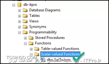 با سلام
همان طور که دوست عزیزمون راهنماییتون کردن در sql server 2016 مطابق راهنمای خود میکروسافت می تونید از جداولتون خروجی json بگیرید : 
این عکس و بنده از سایت خود مایکروسافت گرفتم :
<center>
||https://dba.tosinso.com/files/get/034552a8-8700-4936-9e81-88b1087689ed||
<center>
---------------------
اما برای نسخه های قبل از 2016 باید چیکار کرد :
استفاده از CLR : توابعی که به زبان های مبتنی بر دات نت نوشته میشن بعد به صورت اسمبلی به sql معرفی میشن
خوب برای تبدیل خروجی جداولتون به خروجی JSON :
سه تا اسمبلی باید توی sql ایجاد کنید با دسترسی Unrestricted : این نوع دسترسی دسترسی کامل است به گونه ایی که به این توابع دسترسی کامل به فایل ها و فولدرهای سرور خودتون هم می دید
ابتدا برای اینکه بتونید همچین اجازه ایی به خودتون بدین که اصلا همچین توابعی تعریف کنید ابتدا باید خاصیت TRUSTWORTHY پایگاه داده مربوطه on باشد همون طور که از معنی کلمه پیدا است با فعال کردن این گزینه بانک اطلاعاتی شما به صورت قابل اعتماد می تونه اسمبلی هایی رو به صورت Unrestricted تعریف کنه .
<center>
||https://dba.tosinso.com/files/get/d39626f2-cc93-4654-a927-ebaf552dbbd1||
<center>
بعد از اینکه TRUSTWORTHY رو فعال کردیم : بروی بانک اطلاعاتیمون راست کلیک می کنیم و در بخش Option از فغال شدن آن اطمینان حاصل می کنیم :
<center>
||https://dba.tosinso.com/files/get/cad6298e-40d3-4233-afc8-3e7609c0d5b5||
<center>
بعد از این کار باید clr_option که اجازه میده اسمبلی های ما به توابع .net دسترسی داشته باشن و فعال کنیم :
ابتدا یک کوئری جدید میسازیم و اجراش می کنیم :
<center>
||https://dba.tosinso.com/files/get/563a304b-eac7-4106-9ad3-f85663321074||
<center>
خوب حالا وقتش رسیده که سه تا اسمبلی رو به Sql سرورمون اضافه کنیم :
سپس فایل های DLL رو به ترتیب پایین اضافه می کنیم به بخش اسمبلی ها :
<center>
||https://dba.tosinso.com/files/get/f6a02f05-713c-469a-ae5b-1dd523848842||
<center>
این سه فایل از آخر همین پست قابل دانلود هستن .
خوب حالا هر سه فایل رو باید در بخش اسمبلی ثبت کنیم یا اصطلاحا Register کنیم :
برای این کار طبق تصاویر پایین مراحل رو پیش میریم :
<center>
||https://dba.tosinso.com/files/get/ec6d45fd-7d77-4172-95b5-ca989667878e||
<center>
بعد از پنجره ی ظاهر شده بروی Browse کلیک کرده و آدرس فایل DLL رو بهش می دیم :
<center>
||https://dba.tosinso.com/files/get/550d220a-9cbd-42fb-bbd7-38bc94608f8d||
<center>
در اخر قبل از اینکه بروی ok کلیک کنیم باید Permission رو بروی Unrestricted بزاریم :
<center>
||https://dba.tosinso.com/files/get/08a18a7d-848c-4e4a-ad4d-72c3087ff265||
<center>
خوب سه تا فایل DLL رو به همون ترتیبی که در عکس واستون مشخص کردم در بخش اسمبلی تعریف می کنید :
<center>
||https://dba.tosinso.com/files/get/f1ef830f-8db3-40c2-8e6f-8e606e502ece||
<center>
خوب حالا پس از اضافه کردن سه اسمبلی باید از تابعی که داخل اون برای تبدیل خروجی جداول SQL به Json استفاده کنیم :
اسم اسمبلی هست : JSON.SQL
اسم کلاسمون هست : StoredProceduresAndFunctions
اسم فانکشن یا تابع ما هست : xf_JSON_Query
به سه تا پارامتر بالا جهت استفاده از اسمبلی نیاز داریم :
خوب حالا باید یک فانکشن توی Sql ایجاد کنیم و بگیم که از اسمبلی با نام فلان و کلاس فلان و تابع فلان استفاده کن :
<center>
||https://dba.tosinso.com/files/get/94150bcd-db98-4ca0-b8c3-321dc1a2c5e1||
<center>
خوب همون طور که میبینید پارامتر اول این تابع دستور SQL ی هست که قرار خروجی اون دستور تبدیل به JSON بشه و پارامتر دوم هم تعیین کننده ی این است که در پارامتر اول از تک کوت یا دابل کوت استفاده کردیم که باید 0 باشه .
<center>
||https://dba.tosinso.com/files/get/a6f04bfc-551a-415b-a845-e63876a2fc61||
<center>
خوب حالا باید تابعمون و تستش کنیم :
اینم نتیجه ی نهایی :
<center>
||https://dba.tosinso.com/files/get/e5afc3b6-1cb0-4fd6-b136-df24062e25f7||
<center>
اطلاعات جدلمون این بوده که خروجی JSon ش شده این :
<center>
||https://dba.tosinso.com/files/get/cfde8873-82e6-4abf-bbfd-c3c528b9cb37||
<center>
|دانلود فایل های DLL مورد نیاز::https://www.mediafire.com/?p8s1cc41mrm3yxc|