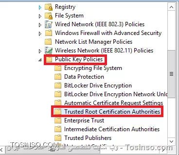 Trusted Root Certification Authorities در زیر شاخه Public Key Policies قرار داره و منظورم یه پالسی جداگانه نبود ... تصویر زیر رو ببینید :

||https://network.tosinso.com/files/get/a7171360-0557-4043-b34f-44be7ac1088e||
